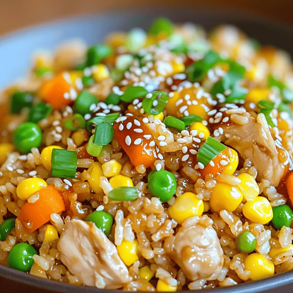 To make Teriyaki Chicken Fried Rice, you will need the following: - 2 cups cooked jasmine rice (preferably day-old) - 1 lb boneless chicken breast, diced - 1 cup mixed vegetables (carrots, peas, and corn) - 3 green onions, chopped - 2-3 tablespoons teriyaki sauce - 1 tablespoon soy sauce - 2 eggs, beaten - 2 tablespoons sesame oil - 1 tablespoon vegetable oil - Salt and pepper to taste - Sesame seeds for garnishing (optional) You can change a few ingredients based on what you have. - Use brown rice for extra fiber. - Swap chicken for shrimp or tofu if you prefer. - Any mixed veggies work well; try bell peppers or broccoli. - Use tamari instead of soy sauce for a gluten-free option. Fresh ingredients make the best dish. - Use day-old rice for better texture. - Diced chicken should be fresh and firm. - Keep vegetables crisp and colorful for taste. - Green onions should be bright green and not wilted. To start, take your diced chicken and place it in a bowl. Add 1 tablespoon of teriyaki sauce, along with salt and pepper. Mix everything well. Let the chicken sit for 15 minutes. This step adds flavor and makes the chicken tender. Next, heat 1 tablespoon of vegetable oil in a large skillet or wok over medium-high heat. Once hot, add the marinated chicken. Cook for about 5 to 7 minutes, stirring often. The chicken should turn golden brown and be fully cooked. When done, take it out and set it aside. In the same skillet, push the cooked chicken to one side. Pour the beaten eggs into the other side of the skillet. Scramble the eggs until they are fully cooked. Once ready, mix them with the cooked chicken. This adds protein and richness to your dish. Now, add 1 cup of mixed vegetables and half of the chopped green onions to the skillet. Stir-fry everything for about 2 to 3 minutes. You want the veggies to be tender but still crisp. This adds color and texture to your fried rice. Next, add 2 cups of cooked jasmine rice to the skillet. Drizzle the remaining teriyaki sauce and 1 tablespoon of soy sauce over the rice. Mix everything well, breaking up any clumps. Cook for another 3 to 5 minutes until everything is heated through. This step brings all the flavors together. Finally, drizzle 2 tablespoons of sesame oil over the fried rice. Toss everything to combine. Taste and add more salt or pepper if needed. Remove from heat and garnish with the rest of the green onions and optional sesame seeds. Serve it hot and enjoy the burst of flavors! Using day-old rice makes your fried rice better. Fresh rice tends to be sticky. Day-old rice dries out a bit in the fridge. This helps each grain stay separate when cooking. Cook your rice a day before. Store it in the fridge. This trick helps create a perfect texture. Want the best taste? Start with good quality teriyaki sauce. Use a brand you trust. Adjust the amount based on your taste. Mix in soy sauce for an extra depth of flavor. Sesame oil adds a nice nutty taste at the end. Don’t skip the garnishes! Green onions and sesame seeds make a big difference. One common mistake is overcrowding the pan. If there’s too much food, it won’t fry well. Cook in batches if needed. Another mistake is not stirring enough. You want to mix everything well. This helps the flavors combine. Lastly, don’t forget to taste as you cook. Adjust seasonings to make it perfect! {{image_2}} You can easily make this dish vegetarian. Just leave out the chicken. Replace it with tofu or tempeh. Both options soak up flavor well. Use the same teriyaki sauce for taste. You can also add extra veggies like bell peppers or broccoli. This keeps the meal colorful and nutritious. If you want to switch up the protein, you have many choices. Shrimp or beef works great here. You can also use pork or even fish. Just cut your protein into small pieces like you would with chicken. Marinate and cook them just like the chicken. Each protein adds a unique flavor. Want more heat? You can add chili flakes or sriracha. Start with a little and taste as you go. This way, you control the spice level. If you prefer milder dishes, skip the heat altogether. You can also add sweet pineapple for contrast. This twist gives a fruity note to balance the flavors. Store leftover teriyaki chicken fried rice in an airtight container. Make sure it cools to room temperature first. Place it in the fridge within two hours of cooking. It stays fresh for up to three to four days. Label the container with the date to keep track. You can freeze teriyaki chicken fried rice for up to three months. Use a freezer-safe container or bag. Make sure to remove as much air as possible to prevent freezer burn. When you want to eat it, let it thaw in the fridge overnight. To reheat, use a microwave or a skillet. If using a microwave, cover the dish to keep moisture in. Heat for about 2-3 minutes, stirring halfway through. For the skillet, add a splash of water and heat on medium until hot. This keeps the rice from drying out. Enjoy your meal again! Teriyaki Chicken Fried Rice is a savory dish. It combines tender chicken, fresh veggies, and fluffy rice. The teriyaki sauce adds a sweet and salty flavor. You cook everything in one pan, making it easy. This dish is perfect for a quick and tasty meal. Yes, you can make Teriyaki Chicken Fried Rice ahead of time. Cook it fully and let it cool. Store it in an airtight container in the fridge. It will last for about three days. Reheat it in a pan over medium heat before serving. You can use many vegetables in this dish! Try bell peppers, broccoli, or snap peas. Zucchini and mushrooms also work well. Just make sure to cut them small for even cooking. This way, you can mix and match based on what you have. Yes, you can make Teriyaki Chicken Fried Rice gluten-free. Use gluten-free soy sauce instead of regular soy sauce. Check the teriyaki sauce label for gluten-free options. With these swaps, you can enjoy this dish without gluten. Teriyaki Chicken Fried Rice is balanced and nutritious. Each serving has protein from chicken and eggs. The rice provides carbs for energy. Mixed veggies add vitamins and fiber. Overall, it's a hearty meal that can fit into a healthy diet. We covered all you need for perfect Teriyaki Chicken Fried Rice. You learned the key ingredients, how to cook each element, and creative variations. Remember to use day-old rice for the best texture. Don't forget about storage tips to keep your meal fresh. With practice, you’ll make this dish your own. Enjoy cooking and sharing this flavorful meal!