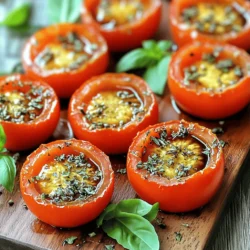 - 4 large ripe tomatoes, halved - 3 tablespoons olive oil - 2 teaspoons dried Italian herbs (oregano, basil, thyme, and rosemary) - 4 cloves garlic, minced - Salt and freshly ground black pepper to taste - 1 tablespoon balsamic vinegar (optional, for drizzle) - Fresh basil leaves for garnish When choosing tomatoes, look for ripe and firm ones. The color should be bright and even. A good tomato feels heavy for its size. Avoid any tomatoes with bruises or soft spots. Varying types of tomatoes can work well, but Roma or vine-ripened tomatoes are best for roasting. They have less water, which makes them sweeter and more flavorful when cooked. Using Italian herbs brings great taste to your dish. I recommend a blend of oregano, basil, thyme, and rosemary. Each herb adds unique flavors. Oregano gives a warm taste, while basil adds a sweet note. Thyme brings a hint of earthiness, and rosemary adds a strong aroma. If you want to try something new, consider adding fresh herbs. Just remember to chop them finely for the best flavor. Start by preheating your oven to 400°F (200°C). This high heat helps the tomatoes roast well. While the oven warms up, grab a large baking dish. Place the halved tomatoes in the dish with the cut sides facing up. This setup allows the flavors to soak in. Now, take 3 tablespoons of olive oil. Drizzle it evenly over the tomatoes. Use enough oil to coat each half well. This not only adds flavor but also helps them roast evenly. Make sure every tomato gets its share of that rich oil. In a small bowl, mix 2 teaspoons of dried Italian herbs, minced garlic, salt, and ground black pepper. This blend is key to the dish’s flavor. Once mixed, sprinkle the herb mixture over the tomatoes. Press it gently into the flesh to help it stick. If you like, drizzle a bit of balsamic vinegar for extra taste. Now, your tomatoes are ready for the oven! Preheating your oven is the first step. Set it to 400°F (200°C). This heat helps the tomatoes roast well. A hot oven gives them a nice, caramelized look. Roast the tomatoes for about 25-30 minutes. You want them tender and slightly golden. Look for a soft texture and a bit of browning. This shows they are ready. They should smell amazing too! After roasting, take them out and let them cool slightly. This helps the flavors settle. When ready, add fresh basil leaves for a pop of color. You can also drizzle some extra olive oil or balsamic vinegar if you want. This makes the dish even more tasty and pretty! {{image_2}} To get the best flavor from your tomatoes, use ripe ones. Look for firm, shiny tomatoes. Cut them in half and place them cut-side up. This helps them cook evenly. Drizzle olive oil on each half, coating them well. This oil helps with browning and flavor. You can add more than just herbs to boost flavor. Try adding minced garlic; it gives a nice aroma. A drizzle of balsamic vinegar adds a tangy kick. Fresh basil leaves on top make the dish pop. You can also sprinkle some cheese for richness. Serve these tomatoes warm or at room temperature. They work well as a side dish or on crostini. Pair them with grilled meats for a tasty meal. You can also toss them in pasta for extra flavor. Drizzle some extra olive oil for a nice finish. You can change the dried Italian herbs for fresh ones. Fresh basil, thyme, or rosemary add great taste. If you want a bolder flavor, try using sage or tarragon. Each herb gives a unique twist to the dish. Mix and match to find your favorite flavor profile. Roasted tomatoes are a great base for many dishes. Use them in pasta for a quick meal. Blend them into a soup for a warm dish. You can add them to salads for a burst of flavor. Try them on pizza or flatbread, too. They are very versatile and fun to use. Serve roasted tomatoes as a side. They pair well with grilled chicken or fish. You can also add them to a veggie platter. Try them on crostini with cheese for a tasty appetizer. Drizzle balsamic vinegar over them for extra flavor. Each option makes a simple meal feel special. Yes, you can use fresh herbs! Fresh herbs add bright flavors. Use three times more fresh herbs than dried. For instance, if the recipe calls for two teaspoons of dried oregano, use six teaspoons of fresh oregano. Chop the fresh herbs and mix them with garlic, salt, and pepper. This can make your dish even more vibrant. The best tomatoes for roasting are large, ripe tomatoes. Varieties like Roma or Beefsteak work well. They have less water and more meat, which means better flavor. Look for tomatoes that are firm and have bright color. This helps them hold up during cooking. You can store them in the fridge for about 5 days. Keep them in an airtight container to keep them fresh. If you notice any changes in smell or texture, it’s best to throw them out. Enjoy them as a side dish or in salads during this time. Yes, you can freeze roasted tomatoes! Let them cool completely before freezing. Place them in a freezer-safe bag or container. They can last for about 3 months in the freezer. When you’re ready to use them, simply thaw them in the fridge overnight. They are great for soups, sauces, and more. Roasting tomatoes with Italian herbs is simple and rewarding. You learned about the best ingredients, and how to prepare and cook them. I shared tips for selecting tomatoes, enhancing flavors, and serving ideas. Remember, you can use fresh herbs, try different recipes, and store or freeze your delicious results. Embrace these techniques in your kitchen. Enjoy infusing your meals with vibrant flavors! Happy roasting!