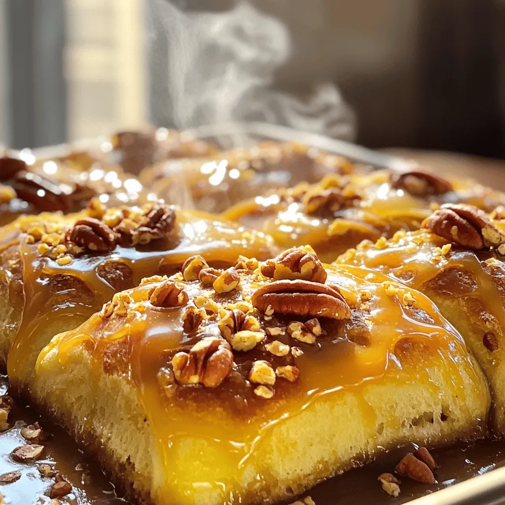 To make delicious caramel pecan sticky buns, gather these items: - 2 cups all-purpose flour - 1/4 cup granulated sugar - 1 packet (2 1/4 tsp) active dry yeast - 1/2 teaspoon salt - 1/2 cup milk, warmed - 2 tablespoons unsalted butter, melted - 1 large egg - 1 teaspoon vanilla extract - 1/2 cup packed brown sugar - 1/4 cup unsalted butter, softened - 1/2 cup pecan halves - 1/2 teaspoon ground cinnamon - 1/4 cup maple syrup If you need to swap ingredients, here are my top picks: - Flour: Use whole wheat flour for a nutty taste. - Sugar: Brown sugar can replace granulated sugar for more flavor. - Milk: Almond milk works well as a dairy-free option. - Butter: Coconut oil acts as a great dairy-free substitute. - Pecans: Walnuts can replace pecans if needed. For extra flair, consider these toppings: - Drizzle with more maple syrup for added sweetness. - Sprinkle crushed pecans on top for crunch. - Add a dusting of powdered sugar for a pretty finish. - Serve with whipped cream for a special touch. To start, grab a large mixing bowl. Combine the warm milk and the active dry yeast. Let it sit for about five minutes. You want it to get frothy. This means the yeast is working well. Next, add the melted butter, granulated sugar, egg, vanilla extract, and salt to the yeast mixture. Mix it well until everything is combined. Now, gradually add in the all-purpose flour. Mix it until a soft dough forms. Knead the dough on a floured surface for about five to seven minutes. You want the dough to be smooth and elastic. Once done, place the dough in a greased bowl. Cover it with a kitchen towel. Let it rise in a warm spot for about one hour. It should double in size. While the dough is rising, it's time to prepare the caramel pecan topping. Take a small saucepan and melt the softened butter over low heat. Once melted, stir in the brown sugar, maple syrup, and ground cinnamon. Mix until everything is combined. Now, remove the pan from heat. Pour the mixture into the bottom of a greased 9x13 inch baking dish. Make sure to spread it evenly. Then, sprinkle the pecan halves over the caramel sauce. This will give your buns a nice crunch and flavor. After the dough has risen, punch it down gently. Roll it out into a rectangle about half an inch thick. Spread the softened butter evenly over the dough. Next, sprinkle it with brown sugar, cinnamon, and any remaining pecans. Roll the dough tightly from one end to the other. This forms a log. Slice the log into twelve equal pieces. Place the pieces over the caramel pecan topping in the baking dish. Cover the dish with a towel and let the buns rise again for about thirty minutes. Preheat your oven to 350°F (175°C). Bake the buns for 25 to 30 minutes. They should turn a lovely golden brown. After baking, allow them to cool for about five minutes. Then, invert the baking dish onto a serving platter. The caramel pecan side should be on top. Enjoy your warm, sticky buns! To make your sticky buns soft and fluffy, pay close attention to your dough. - Always use warm milk to activate the yeast. - Let the dough rise in a warm place. - Cover it with a towel to keep it cozy. - Knead the dough for 5-7 minutes until it feels smooth. This helps develop gluten, which gives the buns a nice rise. Sticking can ruin your sticky buns. Here are some simple ways to avoid that: - Grease your baking dish well with butter or cooking spray. - Use parchment paper to line the bottom. - If you find the dough sticking while rolling, sprinkle a little flour on the surface. These tricks keep your buns intact when you serve them. Serve your caramel pecan sticky buns warm for the best taste. - Drizzle extra maple syrup on top for sweetness. - Garnish with crushed pecans for a nice crunch. - Pair them with a hot cup of coffee or tea. These options enhance the flavor and make every bite delightful. {{image_2}} You can mix in fun flavors to make these sticky buns special. Try adding chocolate chips for a sweet touch. Diced apples or pears add a fruity hint. For a more nutty taste, include walnuts or hazelnuts. You can even add a splash of orange zest for a bright flavor. If you need a gluten-free option, use a gluten-free all-purpose flour. Check that it contains xanthan gum, or add some yourself. This will help the dough hold together. Follow the same steps in the recipe. You can still enjoy those yummy flavors with a gluten-free twist. You can make these sticky buns a bit healthier with simple swaps. Use whole wheat flour instead of all-purpose flour for more fiber. Replace granulated sugar with coconut sugar for a lower glycemic index. Swap out the butter for unsweetened applesauce to cut down on fat. These changes will still keep your buns delicious! To keep your caramel pecan sticky buns fresh, store them in an airtight container. You can leave them at room temperature for up to two days. If you want them to last longer, move them to the fridge. They will stay good for about a week in the fridge. Make sure to wrap them well to prevent them from drying out. When you're ready to enjoy your sticky buns again, reheating is easy. Preheat your oven to 350°F (175°C). Place the buns on a baking sheet and cover them with foil. Heat for about 10-15 minutes until they are warm. If you prefer the microwave, place one bun on a microwave-safe plate. Heat it for about 15-20 seconds. This method works well for a quick treat! You can also freeze your sticky buns for later enjoyment. Wrap each bun tightly in plastic wrap and then place them in a freezer bag. They can stay in the freezer for up to three months. When you're ready to eat them, thaw them in the fridge overnight. Then, reheat them in the oven or microwave. This way, you can have a delicious breakfast treat any time! The best nuts for sticky buns are pecans. They have a rich, buttery taste that pairs well with caramel. Walnuts can also work, but they have a different flavor. Almonds add crunch but may not blend as well with the caramel. Caramel pecan sticky buns last about 2 to 3 days when stored properly. Keep them in an airtight container at room temperature. If you want them to last longer, consider freezing them. Yes, you can make sticky buns ahead of time. Prepare the dough and toppings, then let them rise as directed. Cover the dough tightly and place it in the fridge overnight. In the morning, take it out to warm up and rise before baking. This saves time and gives you fresh buns for breakfast! In this blog post, we covered all you need for delicious caramel pecan sticky buns. You learned about the ingredients, key substitutions, and optional toppings. I shared step-by-step instructions for the dough and caramel pecan topping. We also discussed tips for fluffy buns and how to prevent sticking. You found variations, storage tips, and answers to common questions. Sticky buns bring joy to any meal. With these tips, you can enjoy perfect buns!