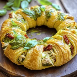 - 2 cups cooked chicken, shredded - 1 cup pesto sauce - 1 cup mozzarella cheese, shredded - 1 package (8 oz) refrigerated crescent roll dough - 1/2 cup sun-dried tomatoes, chopped - 1/4 cup Parmesan cheese, grated - 1 egg, beaten (for egg wash) - Salt and pepper to taste - Fresh basil leaves, for garnish Gathering the right ingredients makes the cooking fun and easy. For this dish, cooked chicken is key. You can use leftover chicken or even rotisserie chicken. Add in a cup of pesto sauce for that rich flavor. The mozzarella cheese melts perfectly, creating a gooey texture. Sun-dried tomatoes add a sweet and tangy note. Parmesan cheese gives a nice salty touch to balance the dish. Don't forget the egg wash! It helps the crescent ring turn golden brown and shiny. Finally, fresh basil leaves bring a burst of color and fresh flavor. If you want to switch things up, consider these options: - Alternative proteins: You can use turkey or tofu as a substitute for chicken. Each option gives a different twist. - Dairy-free cheese: If you need a dairy-free option, there are great non-dairy cheeses available. - Pesto choice: Homemade pesto can be fresher and tastier, but store-bought is quick and easy. These swaps can help you tailor the recipe to fit your taste and dietary needs. - Preheat your oven to 375°F (190°C). - Shred 2 cups of cooked chicken. - Chop 1/2 cup of sun-dried tomatoes. - Unroll the crescent roll dough and separate the triangles. - Arrange the triangles in a circle on a baking sheet. The pointed ends should face out. - Spoon the chicken mixture into the center of the dough. - Fold the pointed ends of the dough over the filling, tucking them underneath. - Brush the top with a beaten egg for a shiny look. - Bake for 20-25 minutes until golden brown. To make your Pesto Chicken Crescent Ring shine, start with fully cooked chicken. Shred it finely for even mixing. Use a good amount of salt and pepper to season the chicken. This step adds depth to each bite. To avoid a soggy bottom crust, ensure your oven is preheated to 375°F (190°C). The hot air will help crisp the dough quickly. Also, line your baking sheet with parchment paper. This helps with easy removal after baking. Pair your Pesto Chicken Crescent Ring with fresh salad. A simple green salad works great. You can also serve it with roasted veggies or garlic bread. These sides enhance the meal and add variety. For presentation, place the crescent ring on a large platter. Drizzle some extra pesto over the top for a colorful touch. Garnish with fresh basil leaves to add a fragrant finish. This makes it look inviting for any gathering. {{image_2}} To make your Pesto Chicken Crescent Ring even better, you can add spices and veggies. Spices like garlic powder and red pepper flakes can boost the taste. Garlic powder adds a nice kick, while red pepper flakes give it some heat. You can also mix in fresh spinach or colorful bell peppers. These veggies not only add flavor but also make the dish look pretty. If you need to make this dish gluten-free, look for gluten-free crescent dough. Many grocery stores sell it now. For a vegetarian option, swap the chicken with mushrooms or a meat alternative like tofu. You can still enjoy the creamy pesto and cheese with these changes. This way, everyone can enjoy the Pesto Chicken Crescent Ring, no matter their diet. You can store leftovers in the fridge for up to three days. Make sure to keep it in an airtight container. This helps keep it fresh and tasty. When you are ready to eat it again, just reheat it in the oven or microwave. If you want to freeze the crescent ring, let it cool completely first. Wrap it tightly in plastic wrap and then in aluminum foil. This keeps out air and prevents freezer burn. You can freeze it for up to three months. To reheat, thaw it in the fridge overnight. Then, place it in a preheated oven at 375°F (190°C) for about 15-20 minutes. This will warm it through and keep it nice and crispy. Enjoy your flavorful dish again! Can I make this ahead of time? Yes, you can prepare the filling and assemble the ring. Wrap it and store it in the fridge. Bake it fresh when you’re ready to eat. This saves time and keeps it tasty. What can I serve with Pesto Chicken Crescent Ring? This dish pairs well with fresh salads, roasted veggies, or garlic bread. You can also serve it with a light soup. These sides balance the rich flavors of the ring. Is it okay to use rotisserie chicken instead of cooked chicken? Absolutely! Rotisserie chicken works great and saves time. Just shred it and mix it with the pesto and other ingredients. It adds extra flavor and makes cooking faster. What is the ideal cooking time for different ovens? Most ovens cook at the same rate, around 20-25 minutes at 375°F. If your oven runs hot or cold, check it a few minutes early. This ensures you get that perfect golden color. How do I know when it's fully cooked? Look for a golden-brown crust and a bubbly filling. You can use a food thermometer; it should read 165°F in the center. If it's hot and golden, it's ready to enjoy! In this post, I covered the tasty Pesto Chicken Crescent Ring. You learned the key ingredients, like cooked chicken, pesto, and mozzarella cheese. I shared simple steps for preparation, assembly, and baking. You also found tips for making it perfect and ideas for serving it. Remember, feel free to customize with spices or veggies to suit your taste. Enjoy making this dish. It’s sure to impress at your next gathering!