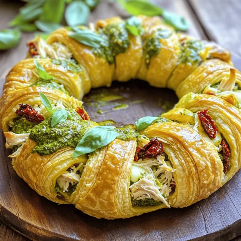 - 2 cups cooked chicken, shredded - 1 cup pesto sauce - 1 cup mozzarella cheese, shredded - 1 package (8 oz) refrigerated crescent roll dough - 1/2 cup sun-dried tomatoes, chopped - 1/4 cup Parmesan cheese, grated - 1 egg, beaten (for egg wash) - Salt and pepper to taste - Fresh basil leaves, for garnish Gathering the right ingredients makes the cooking fun and easy. For this dish, cooked chicken is key. You can use leftover chicken or even rotisserie chicken. Add in a cup of pesto sauce for that rich flavor. The mozzarella cheese melts perfectly, creating a gooey texture. Sun-dried tomatoes add a sweet and tangy note. Parmesan cheese gives a nice salty touch to balance the dish. Don't forget the egg wash! It helps the crescent ring turn golden brown and shiny. Finally, fresh basil leaves bring a burst of color and fresh flavor. If you want to switch things up, consider these options: - Alternative proteins: You can use turkey or tofu as a substitute for chicken. Each option gives a different twist. - Dairy-free cheese: If you need a dairy-free option, there are great non-dairy cheeses available. - Pesto choice: Homemade pesto can be fresher and tastier, but store-bought is quick and easy. These swaps can help you tailor the recipe to fit your taste and dietary needs. - Preheat your oven to 375°F (190°C). - Shred 2 cups of cooked chicken. - Chop 1/2 cup of sun-dried tomatoes. - Unroll the crescent roll dough and separate the triangles. - Arrange the triangles in a circle on a baking sheet. The pointed ends should face out. - Spoon the chicken mixture into the center of the dough. - Fold the pointed ends of the dough over the filling, tucking them underneath. - Brush the top with a beaten egg for a shiny look. - Bake for 20-25 minutes until golden brown. To make your Pesto Chicken Crescent Ring shine, start with fully cooked chicken. Shred it finely for even mixing. Use a good amount of salt and pepper to season the chicken. This step adds depth to each bite. To avoid a soggy bottom crust, ensure your oven is preheated to 375°F (190°C). The hot air will help crisp the dough quickly. Also, line your baking sheet with parchment paper. This helps with easy removal after baking. Pair your Pesto Chicken Crescent Ring with fresh salad. A simple green salad works great. You can also serve it with roasted veggies or garlic bread. These sides enhance the meal and add variety. For presentation, place the crescent ring on a large platter. Drizzle some extra pesto over the top for a colorful touch. Garnish with fresh basil leaves to add a fragrant finish. This makes it look inviting for any gathering. {{image_2}} To make your Pesto Chicken Crescent Ring even better, you can add spices and veggies. Spices like garlic powder and red pepper flakes can boost the taste. Garlic powder adds a nice kick, while red pepper flakes give it some heat. You can also mix in fresh spinach or colorful bell peppers. These veggies not only add flavor but also make the dish look pretty. If you need to make this dish gluten-free, look for gluten-free crescent dough. Many grocery stores sell it now. For a vegetarian option, swap the chicken with mushrooms or a meat alternative like tofu. You can still enjoy the creamy pesto and cheese with these changes. This way, everyone can enjoy the Pesto Chicken Crescent Ring, no matter their diet. You can store leftovers in the fridge for up to three days. Make sure to keep it in an airtight container. This helps keep it fresh and tasty. When you are ready to eat it again, just reheat it in the oven or microwave. If you want to freeze the crescent ring, let it cool completely first. Wrap it tightly in plastic wrap and then in aluminum foil. This keeps out air and prevents freezer burn. You can freeze it for up to three months. To reheat, thaw it in the fridge overnight. Then, place it in a preheated oven at 375°F (190°C) for about 15-20 minutes. This will warm it through and keep it nice and crispy. Enjoy your flavorful dish again! Can I make this ahead of time? Yes, you can prepare the filling and assemble the ring. Wrap it and store it in the fridge. Bake it fresh when you’re ready to eat. This saves time and keeps it tasty. What can I serve with Pesto Chicken Crescent Ring? This dish pairs well with fresh salads, roasted veggies, or garlic bread. You can also serve it with a light soup. These sides balance the rich flavors of the ring. Is it okay to use rotisserie chicken instead of cooked chicken? Absolutely! Rotisserie chicken works great and saves time. Just shred it and mix it with the pesto and other ingredients. It adds extra flavor and makes cooking faster. What is the ideal cooking time for different ovens? Most ovens cook at the same rate, around 20-25 minutes at 375°F. If your oven runs hot or cold, check it a few minutes early. This ensures you get that perfect golden color. How do I know when it's fully cooked? Look for a golden-brown crust and a bubbly filling. You can use a food thermometer; it should read 165°F in the center. If it's hot and golden, it's ready to enjoy! In this post, I covered the tasty Pesto Chicken Crescent Ring. You learned the key ingredients, like cooked chicken, pesto, and mozzarella cheese. I shared simple steps for preparation, assembly, and baking. You also found tips for making it perfect and ideas for serving it. Remember, feel free to customize with spices or veggies to suit your taste. Enjoy making this dish. It’s sure to impress at your next gathering!