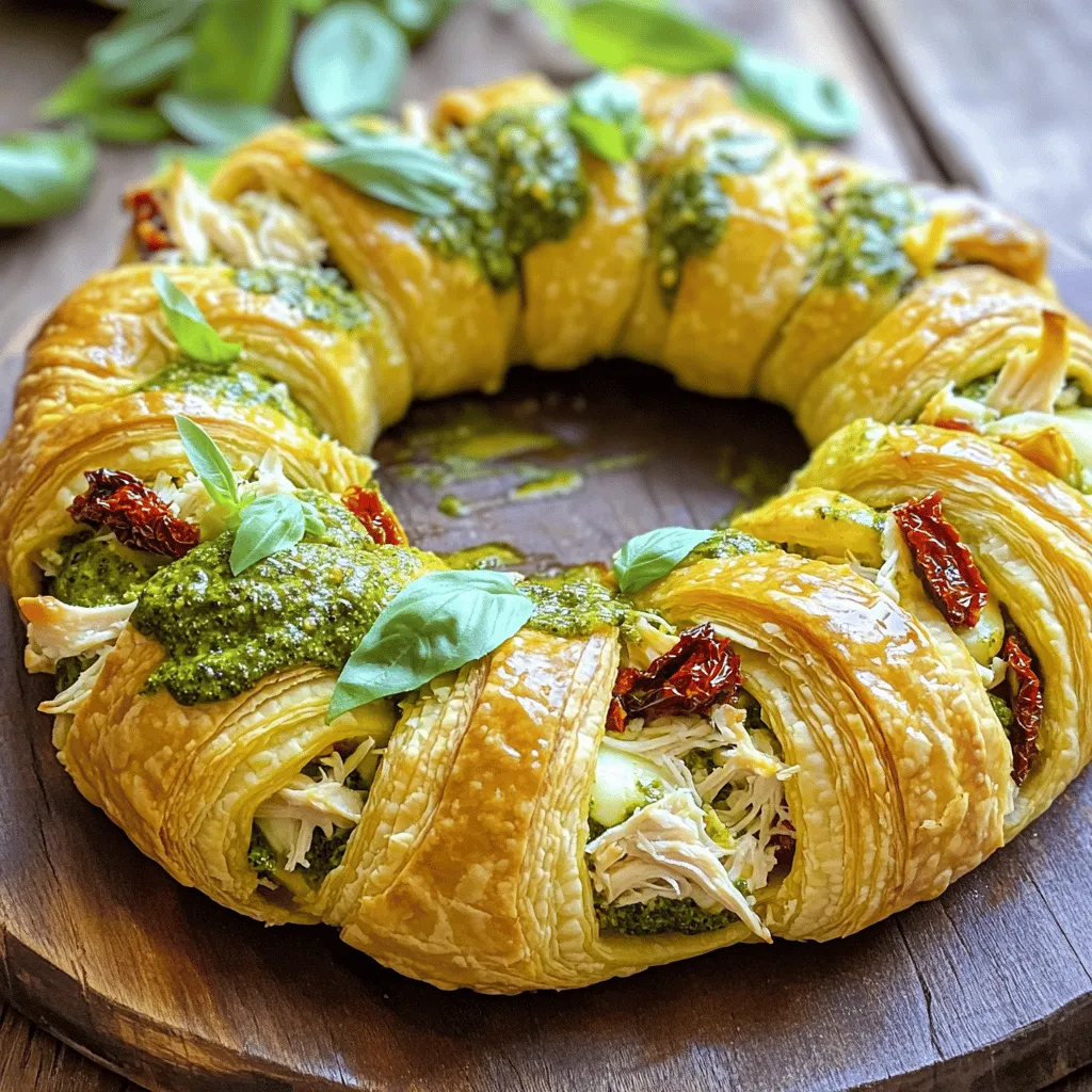- 2 cups cooked chicken, shredded - 1 cup pesto sauce - 1 cup mozzarella cheese, shredded - 1 package (8 oz) refrigerated crescent roll dough - 1/2 cup sun-dried tomatoes, chopped - 1/4 cup Parmesan cheese, grated - 1 egg, beaten (for egg wash) - Salt and pepper to taste - Fresh basil leaves, for garnish Gathering the right ingredients makes the cooking fun and easy. For this dish, cooked chicken is key. You can use leftover chicken or even rotisserie chicken. Add in a cup of pesto sauce for that rich flavor. The mozzarella cheese melts perfectly, creating a gooey texture. Sun-dried tomatoes add a sweet and tangy note. Parmesan cheese gives a nice salty touch to balance the dish. Don't forget the egg wash! It helps the crescent ring turn golden brown and shiny. Finally, fresh basil leaves bring a burst of color and fresh flavor. If you want to switch things up, consider these options: - Alternative proteins: You can use turkey or tofu as a substitute for chicken. Each option gives a different twist. - Dairy-free cheese: If you need a dairy-free option, there are great non-dairy cheeses available. - Pesto choice: Homemade pesto can be fresher and tastier, but store-bought is quick and easy. These swaps can help you tailor the recipe to fit your taste and dietary needs. - Preheat your oven to 375°F (190°C). - Shred 2 cups of cooked chicken. - Chop 1/2 cup of sun-dried tomatoes. - Unroll the crescent roll dough and separate the triangles. - Arrange the triangles in a circle on a baking sheet. The pointed ends should face out. - Spoon the chicken mixture into the center of the dough. - Fold the pointed ends of the dough over the filling, tucking them underneath. - Brush the top with a beaten egg for a shiny look. - Bake for 20-25 minutes until golden brown. To make your Pesto Chicken Crescent Ring shine, start with fully cooked chicken. Shred it finely for even mixing. Use a good amount of salt and pepper to season the chicken. This step adds depth to each bite. To avoid a soggy bottom crust, ensure your oven is preheated to 375°F (190°C). The hot air will help crisp the dough quickly. Also, line your baking sheet with parchment paper. This helps with easy removal after baking. Pair your Pesto Chicken Crescent Ring with fresh salad. A simple green salad works great. You can also serve it with roasted veggies or garlic bread. These sides enhance the meal and add variety. For presentation, place the crescent ring on a large platter. Drizzle some extra pesto over the top for a colorful touch. Garnish with fresh basil leaves to add a fragrant finish. This makes it look inviting for any gathering. {{image_2}} To make your Pesto Chicken Crescent Ring even better, you can add spices and veggies. Spices like garlic powder and red pepper flakes can boost the taste. Garlic powder adds a nice kick, while red pepper flakes give it some heat. You can also mix in fresh spinach or colorful bell peppers. These veggies not only add flavor but also make the dish look pretty. If you need to make this dish gluten-free, look for gluten-free crescent dough. Many grocery stores sell it now. For a vegetarian option, swap the chicken with mushrooms or a meat alternative like tofu. You can still enjoy the creamy pesto and cheese with these changes. This way, everyone can enjoy the Pesto Chicken Crescent Ring, no matter their diet. You can store leftovers in the fridge for up to three days. Make sure to keep it in an airtight container. This helps keep it fresh and tasty. When you are ready to eat it again, just reheat it in the oven or microwave. If you want to freeze the crescent ring, let it cool completely first. Wrap it tightly in plastic wrap and then in aluminum foil. This keeps out air and prevents freezer burn. You can freeze it for up to three months. To reheat, thaw it in the fridge overnight. Then, place it in a preheated oven at 375°F (190°C) for about 15-20 minutes. This will warm it through and keep it nice and crispy. Enjoy your flavorful dish again! Can I make this ahead of time? Yes, you can prepare the filling and assemble the ring. Wrap it and store it in the fridge. Bake it fresh when you’re ready to eat. This saves time and keeps it tasty. What can I serve with Pesto Chicken Crescent Ring? This dish pairs well with fresh salads, roasted veggies, or garlic bread. You can also serve it with a light soup. These sides balance the rich flavors of the ring. Is it okay to use rotisserie chicken instead of cooked chicken? Absolutely! Rotisserie chicken works great and saves time. Just shred it and mix it with the pesto and other ingredients. It adds extra flavor and makes cooking faster. What is the ideal cooking time for different ovens? Most ovens cook at the same rate, around 20-25 minutes at 375°F. If your oven runs hot or cold, check it a few minutes early. This ensures you get that perfect golden color. How do I know when it's fully cooked? Look for a golden-brown crust and a bubbly filling. You can use a food thermometer; it should read 165°F in the center. If it's hot and golden, it's ready to enjoy! In this post, I covered the tasty Pesto Chicken Crescent Ring. You learned the key ingredients, like cooked chicken, pesto, and mozzarella cheese. I shared simple steps for preparation, assembly, and baking. You also found tips for making it perfect and ideas for serving it. Remember, feel free to customize with spices or veggies to suit your taste. Enjoy making this dish. It’s sure to impress at your next gathering!