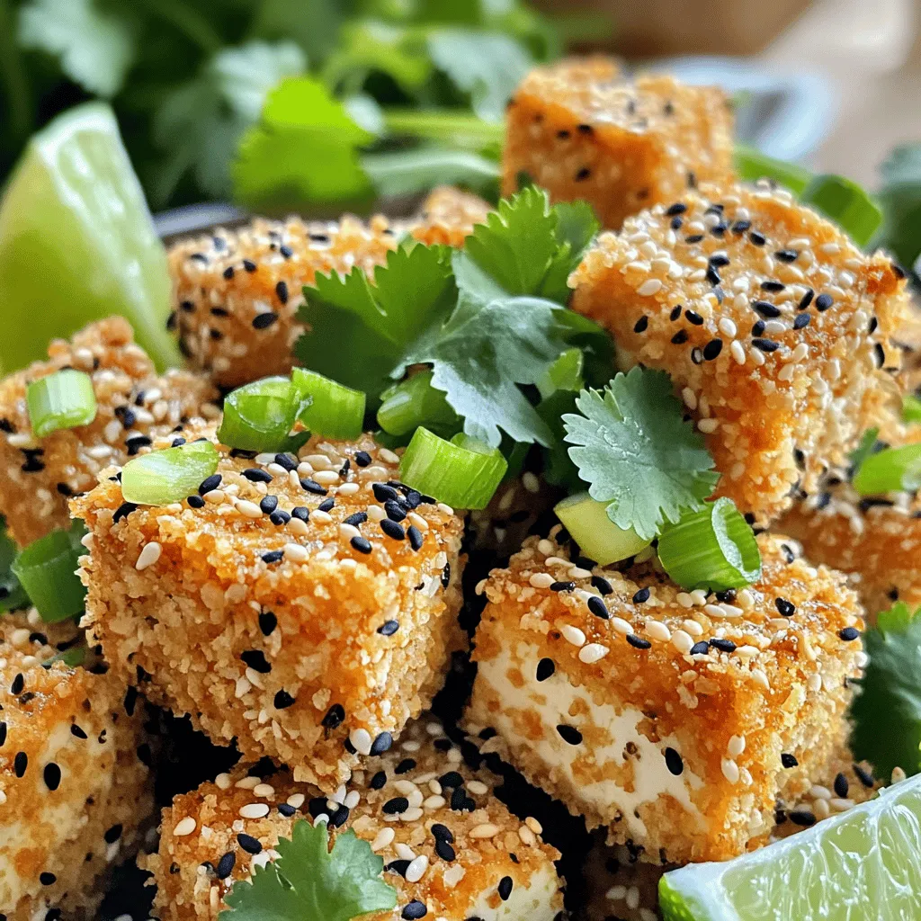 - 1 block (14 oz) firm tofu, drained and pressed - 1/4 cup sesame seeds (white or black, or a mix) - 1/4 cup panko breadcrumbs - 2 tablespoons soy sauce - 1 tablespoon sriracha (adjust for heat preference) - 1 tablespoon sesame oil - 1 teaspoon garlic powder - 1 teaspoon ginger powder - Salt and pepper to taste - 2 green onions, sliced, for garnish - Fresh cilantro, for garnish - Lime wedges, to serve When I make Spicy Sesame Crusted Tofu, I focus on the ingredients. The firm tofu gives a solid base. It holds up well during cooking. Firm tofu absorbs flavors, which is key for this dish. I love the crunch from sesame seeds and panko breadcrumbs. They add texture and flavor. Using a mix of white and black sesame seeds can create a nice look, too. For the sauce, I rely on soy sauce for saltiness. Sriracha adds a spicy kick, but you can adjust it. Sesame oil brings a nutty flavor that ties it all together. The seasonings are simple but essential. Garlic powder and ginger powder give extra depth. A bit of salt and pepper rounds everything out. I like to garnish with green onions and cilantro for color and freshness. Finally, lime wedges add a bright pop when serving. These ingredients make this dish flavorful and fun to eat! First, you need to drain and press the tofu. This step is key. It helps remove excess water, which allows for crispier tofu. Wrap the tofu in a clean kitchen towel. Place a heavy object on top for 15-20 minutes. After pressing, cut the tofu into 1-inch cubes or slices. Choose whatever shape you like best! Now, let’s make the sauce. In a small bowl, mix these ingredients: - 2 tablespoons soy sauce - 1 tablespoon sriracha - 1 tablespoon sesame oil - 1 teaspoon garlic powder - 1 teaspoon ginger powder - Salt and pepper to taste Stir until everything blends well. This sauce packs a flavor punch! Place the tofu pieces in a shallow dish. Pour the sauce over the tofu. Make sure each piece gets coated. Let them marinate for at least 15 minutes. The longer you marinate, the better the flavor! Next, let’s prepare the coating. In another shallow bowl, mix: - 1/4 cup sesame seeds - 1/4 cup panko breadcrumbs Add a dash of salt and pepper for extra flavor. Now, take each tofu piece out of the marinade. Let the extra sauce drip off. Press each piece into the coating mixture. Make sure they are covered on all sides for a nice crunch! You can choose to fry or bake the tofu. - For Frying: Heat 2 tablespoons of vegetable oil in a skillet over medium heat. Once hot, add the tofu. Cook for 3-4 minutes on each side, until golden brown and crispy. - For Baking: Preheat your oven to 400°F (200°C). Place the coated tofu on a lined baking sheet. Lightly spray with cooking oil. Bake for 25-30 minutes, flipping halfway through, until crispy and golden. Once cooked, transfer the tofu to a serving platter. Garnish with sliced green onions and fresh cilantro for color. Serve with lime wedges on the side. The lime adds a fresh zing that pairs well with the spicy flavor! To make this dish even tastier, you can adjust the spice level with sriracha. If you want more heat, add more sriracha. For a milder taste, use less. You can also add extra seasonings to the sauce. Try adding a sprinkle of cayenne or paprika for a smoky kick. A pinch of sugar can balance the heat, making the flavors brighter. Achieving optimal crispiness is key to this dish. Start with firm tofu for the right texture. Pressing the tofu removes excess moisture. This helps the outside get crispy while the inside stays soft. When coating, make sure to cover every side with sesame seeds and panko. This creates a crunchy shell when cooked. You can explore different cooking methods for this dish. Air frying is a great option for a healthier alternative. Set your air fryer to 375°F (190°C) and cook for about 15-20 minutes. Flip halfway through for even crispiness. Grilling is another fun method. Grill the tofu on medium heat, turning until you see nice grill marks. This adds a unique flavor that pairs well with the spices. {{image_2}} You can change the sesame seeds to fit your taste. Use white, black, or a mix. Each type adds a unique flavor and looks great on the plate. If you want a different kick, try swapping out sriracha. You might use chili paste, hot sauce, or even a spicy mustard. These swaps can change the dish while keeping it tasty. Dipping sauces can elevate this dish. Try soy sauce or a spicy peanut sauce. Both add extra flavor and fun. As for side dishes, steamed broccoli or a fresh cucumber salad pair well. You can also serve it with rice or quinoa for a complete meal. These options balance the spice and enhance your dining experience. This dish is naturally vegan, perfect for plant-based diets. To make it gluten-free, use tamari instead of soy sauce. You can also find gluten-free panko breadcrumbs. Adjusting these ingredients keeps the flavors while meeting dietary needs. With these simple swaps, everyone can enjoy spicy sesame crusted tofu. To keep your spicy sesame crusted tofu fresh, store it in an airtight container. Place the tofu in the fridge within two hours of cooking. This helps keep it safe and tasty. The tofu will stay good for up to three days. If the tofu is crispy, it may lose some crunch over time. To reheat your tofu while keeping it crispy, use the oven or a skillet. Preheat your oven to 350°F (175°C). Place the tofu on a baking sheet and heat for about 10 to 15 minutes. If you choose a skillet, add a bit of oil over medium heat. Cook the tofu for about 5 minutes on each side. This keeps the texture nice and crunchy. You can freeze spicy sesame crusted tofu, but it might lose some crispiness. To freeze, place cooled tofu in a single layer on a baking sheet. Freeze for about an hour, then transfer to a freezer bag. To reheat, thaw it in the fridge overnight. Then, you can bake it in the oven or use a skillet to warm it up. Enjoy your flavorful dish later! For this dish, I recommend using firm tofu. Firm tofu holds its shape well during cooking. It gives a nice texture that pairs well with the crunchy coating. Extra-firm tofu is also a good choice if you want even less moisture. Both options work, but avoid soft tofu. It won’t hold up and can turn mushy. Absolutely! If you want more heat, add more sriracha to the sauce. You can also sprinkle chili flakes or cayenne pepper into the sesame seed mixture. For an extra kick, mix in spicy sesame oil instead of regular. Taste as you go to find your perfect spice level. To make this dish gluten-free, swap soy sauce for tamari or coconut aminos. Both options taste great and keep the flavors intact. Ensure your panko breadcrumbs are gluten-free as well. Many brands offer gluten-free panko made from rice or corn. Yes! You can prep the tofu and sauce a day ahead. Marinate the tofu and keep it in the fridge. Just coat it right before cooking. If you bake or fry later, be sure to check for crispiness. Store any leftovers in the fridge. Enjoy them cold or reheat for a quick snack! This recipe shows how to make tasty, crispy tofu. You learned about key ingredients, steps, and variations. Each method helps you find the perfect way to cook tofu. Don't forget to try new flavors and adjust spice levels. You can mix, store, and reheat the dish easily. Experiment with swaps or toppings that fit your needs. Enjoy your meals with friends and family. Eating healthy can be fun and flavorful!