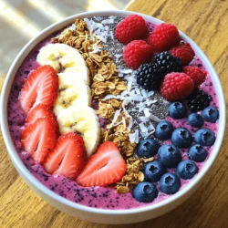 - 1 cup frozen strawberries - 1 cup frozen blueberries - 1 cup frozen blackberries - 1 banana, sliced - 1 cup almond milk - 1 tablespoon honey or maple syrup (optional) The main ingredients in this smoothie bowl create a burst of flavors. Frozen strawberries, blueberries, and blackberries give you a sweet and tangy base. The frozen fruit makes your smoothie thick and creamy. Sliced banana adds a nice texture and natural sweetness. Almond milk keeps it smooth and is dairy-free. If you want it sweeter, add honey or maple syrup. - Granola - Fresh berries - Chia seeds - Shredded coconut Toppings make this smoothie bowl special. Granola adds a crunchy bite. Fresh berries give it a colorful look. Chia seeds are tiny powerhouses packed with nutrients. Shredded coconut adds a tropical feel. You can mix and match these toppings based on what you like. - High-speed blender - Mixing spoon - Bowl for serving Using the right tools makes this recipe easy. A high-speed blender blends the fruits smoothly. A mixing spoon helps you combine the ingredients well. Finally, a bowl is perfect for serving your beautiful creation. Every ingredient and tool plays a role in making your Triple Berry Smoothie Bowl a fun and healthy treat! To start, gather your ingredients. You need frozen strawberries, blueberries, blackberries, a sliced banana, and almond milk. Place all these ingredients in your high-speed blender. If you want a thinner mix, add more almond milk. This helps achieve the perfect smoothie consistency. Now, blend the mixture on high. You want it to be smooth and creamy. Once blended, taste it. If you like it sweeter, add honey or maple syrup. Blend again to mix in the sweetness. After blending, pour the smoothie into a bowl. This is where the fun begins! You can add toppings to make it look great. Sprinkle granola on top, then add fresh berries, chia seeds, and shredded coconut. Make it as colorful and appealing as you like! To get a great smoothie bowl, start with the right thickness. If your mix is too thick, add more almond milk, one tablespoon at a time. Blend it until you reach your desired texture. For a creamy feel, make sure your fruit is frozen. This helps create a smooth base. If you want it thicker, use less almond milk. When it comes to berries, always choose what is in season. Fresh berries taste better and can be cheaper. For example, strawberries peak in spring, while blackberries shine in summer. You can also go for organic berries. They often have fewer pesticides. However, conventional berries still give you great taste and nutrients. Berries are tiny powerhouses of nutrition. They are low in calories and high in fiber. Strawberries, blueberries, and blackberries all have antioxidants. These help fight free radicals in your body. Adding yogurt to your smoothie boosts protein and calcium. Toppings like chia seeds add healthy fats and extra fiber. Granola provides crunch and energy. This smoothie bowl is not just tasty; it’s a healthy treat! {{image_2}} You can mix up your smoothie bowl with other fruits. Try raspberries, blackcurrants, or even cherries. Each fruit brings its own taste and nutrients to the bowl. You can also go tropical! Adding mango or pineapple will give a sweet twist. These fruits pair well with berries and add a bright flavor. If you want to make this smoothie bowl dairy-free, use almond milk or oat milk. Both are great for a creamy texture. For a low-sugar option, skip the sweeteners. The fruits are naturally sweet, so you may not need any added sugar at all. Spices can elevate your smoothie bowl. Adding a pinch of cinnamon gives warmth and depth. You can also infuse your bowl with fresh mint for a refreshing taste. If you like vanilla, a drop of extract can make it extra special. These small tweaks can turn your bowl into a unique treat! If you have leftover smoothie, store it in the fridge. Use an airtight container to keep it fresh. Glass jars or BPA-free plastic containers work best. They help avoid any strange smells or flavors. Smoothies taste best within 24 hours, so drink them quickly! To keep your smoothie for longer, you can freeze it. Start by making smoothie packs. Combine your frozen fruits and any other ingredients in a zip-top bag. Just seal it and label it with the date. You can also freeze individual ingredients. Lay them flat in bags, so they take up less space. This makes it easy to grab what you need later. You can re-blend the smoothie if it separates. Just pour it back into your blender and mix again. If it's too thick after freezing, add a splash of almond milk. This will help keep the texture smooth and creamy. Enjoy it fresh for the best taste! This recipe makes two servings. Each serving is about one bowl. If you want more, just double the ingredients. You can easily make a larger batch for sharing or meal prep. Yes, you can use fresh berries! However, the texture will change. Frozen berries make the smoothie cold and thick. Fresh berries give a lighter texture and a bit more juice. If you go with fresh, add ice to keep it cool. Absolutely! To prepare ahead, blend the smoothie base and store it in the fridge. Keep it in an airtight container. It’s best to add toppings just before serving. This keeps them fresh and crunchy. For the best flavor, enjoy it within two days. This blog post covered how to make a tasty Triple Berry Smoothie Bowl. You learned about the main ingredients, helpful tools, and step-by-step instructions. We also shared tips for the right texture and variations to try. Lastly, we explored storage tips and answered common questions. Smoothie bowls are fun and easy to personalize. They provide a nutritious start to your day. Experiment with flavors and toppings to find your favorite mix!