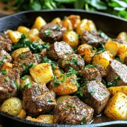 - 1 lb sirloin steak, cut into bite-sized pieces - 2 medium potatoes, diced into small cubes - 4 tablespoons unsalted butter - 4 cloves garlic, minced - 1 teaspoon fresh thyme, chopped (or ½ teaspoon dried thyme) - 1 teaspoon smoked paprika - Salt and pepper to taste - 2 cups baby spinach (optional) - Fresh parsley, chopped for garnish - Large skillet - Spatula or wooden spoon - Cutting board and knife In this dish, I use sirloin steak for its rich flavor and tenderness. I cut it into bite-sized pieces to ensure even cooking. The potatoes add a hearty texture and soak up the garlic butter. I love using unsalted butter for a clean taste. Minced garlic adds that lovely aroma and flavor that pairs so well with the steak. For seasonings, fresh thyme shines here with its earthy notes. Smoked paprika gives a warm flavor that makes the dish even better. I season with salt and pepper to enhance all the tastes. If you want to add greens, baby spinach is a great choice; it wilts down and adds a nice color. Finally, I sprinkle fresh parsley on top for a pop of freshness. You only need a large skillet for this recipe. A spatula or wooden spoon helps mix everything well. A cutting board and knife are essential for prepping your ingredients. Gather these ingredients and tools, and you’re ready to create a Garlic Butter Steak and Potato Skillet that will impress everyone at your table! - Heat a large skillet over medium-high heat. Add 2 tablespoons of butter. - When the butter melts and sizzles, add diced potatoes in a single layer. Cook them for 10-12 minutes. Stir occasionally until they turn golden brown and tender. Season with salt, pepper, and smoked paprika for extra flavor. - While the potatoes cook, season the steak pieces with salt and pepper. - Push the potatoes to the side of the skillet. Add the remaining 2 tablespoons of butter. - Once the butter melts, add the steak pieces. Cook for 3-4 minutes. Turn them occasionally until they are browned outside but juicy inside. - Now, stir in the minced garlic and fresh thyme. Cook for 1-2 minutes until fragrant. - If you want to add some greens, toss in the baby spinach. Stir until it wilts. - Finally, combine the steak, potatoes, and spinach. Toss everything together to coat in the garlic butter sauce. Enjoy the rich flavors! To get a great sear on your steak, heat the skillet until very hot. This helps lock in the juices and gives a nice crust. Place the steak pieces in a single layer. Don’t overcrowd the pan, as this can steam the meat instead of searing it. After cooking, let the steak rest for a few minutes. Resting helps keep it juicy. To boost the flavor, try adding herbs like rosemary or oregano. You can also use spices like cumin or chili powder for more kick. Always taste your dish as you go. Adjust the salt and pepper to your liking. Don’t be afraid to experiment! For crispy potatoes, use high heat when cooking. This helps them get golden and crunchy. A skillet works best for this dish because it holds heat well. You can use other cookware, but the skillet gives the best results. Make sure to stir the potatoes often to ensure even cooking. {{image_2}} You can mix in different veggies to make this dish even better. Bell peppers add sweetness and color. Onions bring a nice flavor when cooked. You can change greens too. Instead of baby spinach, try kale or arugula. Both add a peppery taste and more nutrients. If you want to swap the steak, use chicken or shrimp instead. Both cook quickly and absorb flavors well. For a vegetarian twist, use tofu. Just press it to remove water and cube it. The tofu will soak in the garlic butter sauce. Think about how you want to serve this dish. You can serve it over rice or pasta for a filling meal. Another option is to build a one-pan meal. Just layer your ingredients in the skillet and let them cook together. This way, you save time on cleanup. To store leftovers, cool them quickly. Place them in a single layer on a plate. Once cooled, transfer them to an airtight container. This helps keep the flavors fresh. Use glass or plastic containers with tight lids for best results. Label with the date for easy tracking. When reheating, avoid high heat. Use a skillet or microwave on low power. This helps keep the meat juicy and potatoes soft. The ideal temperature for reheating is 165°F. Check with a food thermometer for safety. To freeze portions, let the dish cool completely first. Divide it into individual serving sizes. Use freezer-safe containers or bags, removing as much air as possible. Store for up to three months. Label each container with the date and contents for easy access later. You can serve this dish with many sides. Here are some ideas: - A fresh green salad with a light vinaigrette. - Roasted vegetables like broccoli or carrots. - Creamy mashed potatoes for extra comfort. - Garlic bread to soak up the sauce. - A glass of red wine pairs well, like Cabernet Sauvignon. Yes, you can prepare this dish early. Here are some tips: - Cook the potatoes and steak separately and store them in the fridge. - Reheat them on the stove when ready to serve. - Add garlic and herbs just before serving for fresh flavor. - Keep the spinach separate until serving to avoid wilting. Check the steak for doneness using these signs: - For medium-rare, it should be warm and red inside. - Use a meat thermometer; aim for 130°F (54°C). - For medium, look for a warm pink center (140°F or 60°C). - Cut into a piece to see if it’s cooked to your liking. Staying aware of these signs will help ensure a perfect steak every time. This blog post covered a tasty garlic butter steak and potato skillet. We explored key ingredients, cooking steps, and useful tips for perfecting the dish. You learned how to choose flavors and substitute ingredients. Don’t forget to store leftovers properly to enjoy them later. Cooking brings fun and joy to your meals, so get creative with your variations. Enjoy your cooking journey and impress your friends or family with this simple, delicious recipe!