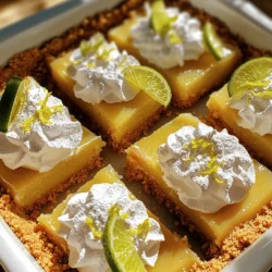 To make these tasty key lime pie bars, you need some special ingredients. Here’s what you will need: - 1 ½ cups graham cracker crumbs - ½ cup unsalted butter, melted - ⅓ cup granulated sugar (for crust) - 1 can (14 oz) sweetened condensed milk - ½ cup fresh key lime juice (about 5-6 key limes) - 2 large egg yolks - 1 tablespoon lime zest - ½ cup heavy whipping cream (for topping) - 2 tablespoons powdered sugar (for topping) - Extra lime zest and lime slices for garnish Each of these items adds a burst of flavor and texture. The graham cracker crumbs form a crunchy crust. The sweetened condensed milk gives the filling a creamy base. Fresh key lime juice brings a zesty taste that makes this dessert shine. You can also add some fun twists to your key lime pie bars. Here are some optional ingredients you might consider: - Coconut flakes for a tropical touch - A pinch of salt to balance the sweetness - Fresh mint leaves for garnish - Different citrus juices, like lemon or orange, for a unique flavor These additions can change the taste and make your bars stand out even more. To make these key lime pie bars, gather these tools: - A mixing bowl for combining ingredients - A whisk or fork for mixing - A 9x9-inch baking dish to hold the bars - A spatula for spreading the filling - An oven for baking Having the right tools makes the process easier and more fun. With these ingredients and tools, you will create a delicious dessert that everyone will love! To start, preheat your oven to 350°F (175°C). This step is crucial for a good bake. In a mixing bowl, combine the graham cracker crumbs, melted butter, and granulated sugar. Mix them well until they form a crumbly texture. Press this mixture firmly into the bottom of a greased 9x9-inch baking dish. Make sure it’s even. Bake the crust for 10 minutes. It should turn a light golden brown. After baking, remove it from the oven and let it cool completely before adding the filling. While the crust cools, let’s make the filling. In a medium bowl, whisk together the sweetened condensed milk, fresh key lime juice, egg yolks, and lime zest. Make sure there are no lumps. The mixture should be smooth and creamy. This zesty filling is what makes the bars so special. Once mixed, set it aside until your crust is ready. Now, pour the key lime filling over the cooled crust. Spread it evenly with a spatula. Bake the bars in the oven for 15 to 18 minutes. The filling should be set but still slightly jiggly in the center. After baking, remove the bars from the oven. Allow them to cool at room temperature. For the best results, refrigerate the bars for at least 2 hours. This will help them set properly. For the best crust, use fresh graham cracker crumbs. You can crush whole graham crackers in a food processor. Mix them with melted butter and sugar until it looks like wet sand. Press the mixture tightly into your baking dish. This helps the crust hold together. Bake it just until it’s lightly golden. This step adds a nice crunch. Let it cool before adding the filling. Fresh key lime juice makes a big difference. It gives your bars a bright and tangy taste. You can juice the limes by hand or use a juicer. Make sure to zest the limes before juicing. The zest adds a lovely aroma. Use fresh heavy cream for the topping. It whips up nicely and tastes great. Fresh ingredients elevate the flavor and make your dessert shine. Once your bars cool, store them in the fridge. Cover them well so they stay fresh. They taste best chilled. Serve them cold for a refreshing treat. Cut them into squares or rectangles for easy serving. Top each piece with whipped cream, lime zest, and a slice of lime. This adds color and makes the bars look fancy. Enjoy your delicious key lime pie bars! {{image_2}} You can make gluten-free key lime pie bars with a few simple swaps. Use gluten-free graham crackers for the crust. You can also use ground almonds or oats for a tasty crust. Just mix them with melted butter and sugar, just like the regular version. The filling stays the same, so you won’t lose any of that zesty flavor. To make vegan key lime pie bars, skip the eggs and use a plant-based milk. You can use silken tofu blended until smooth instead of sweetened condensed milk. Add a bit of maple syrup for sweetness. Use dairy-free whipped cream for topping. These swaps keep the bars creamy and delicious while being plant-friendly. Serving key lime pie bars can be fun and creative. Try cutting them into fun shapes with cookie cutters. This works great for parties. You can also serve them with fresh fruit like berries or mint leaves for color. Drizzle some lime sauce or serve with a scoop of lime sorbet on the side. Each bite will be full of flavor and style. To keep your Key Lime Pie Bars fresh, store them in the fridge. Use an airtight container to protect them from odors. Make sure they are fully cooled before storing. If you want to keep them nice, add a layer of plastic wrap over the top. This helps keep the whipped cream from getting soggy. You can freeze these bars for later. First, cut them into squares, but do not add the whipped cream yet. Wrap each bar tightly in plastic wrap, then place them in a freezer bag. This prevents freezer burn. When you are ready to eat, thaw them in the fridge overnight. Add whipped cream just before serving for the best taste. In the fridge, your Key Lime Pie Bars will last about 4 to 5 days. If you freeze them, they can last up to 3 months. Just remember, the longer you keep them, the more the texture may change. Enjoy them while they're fresh for the best flavor! Yes, you can use regular lime juice. However, the taste will change. Key limes are smaller and have a unique flavor. They add a tartness that regular limes do not match. If you want the classic taste, stick with key lime juice. The bars are done when the filling looks set. It should be slightly jiggly in the center. This means they are ready to cool. If they look too wobbly, bake for a few more minutes. Keep an eye on them to ensure they do not overbake. You can use coconut milk or almond milk mixed with sugar. This mixture will mimic the sweetness and creaminess of sweetened condensed milk. You may also try making your own by cooking milk and sugar together. This gives you a similar texture and taste. Key lime pie bars are a fun treat to make and enjoy. We covered key ingredients, tools, and step-by-step instructions. I shared tips for the perfect crust and fresh flavor. You can even try different variations, like gluten-free or vegan options. Remember, proper storage ensures your bars stay fresh. Use these easy guidelines to impress your friends and family. Enjoy making and sharing this simple yet tasty dessert!