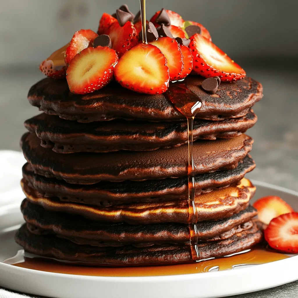 Let's dive into what you'll need to create your fluffy chocolate strawberry pancake stack. These simple ingredients come together to make a breakfast treat that is both decadent and fun. Here's the complete list: - 1 cup all-purpose flour - 2 tablespoons cocoa powder - 2 tablespoons sugar - 1 teaspoon baking powder - 1/2 teaspoon baking soda - 1/4 teaspoon salt - 1 large egg - 1 cup buttermilk - 2 tablespoons melted butter - 1/2 teaspoon vanilla extract - 1 cup strawberries, hulled and sliced - 1/4 cup semi-sweet chocolate chips - Maple syrup for serving Each ingredient plays a key role. The flour provides structure, while cocoa powder adds that rich chocolate flavor. Sugar sweetens the batter, and baking powder and soda help the pancakes rise. The egg binds everything together, and buttermilk makes them extra fluffy. Melted butter gives a lovely richness and vanilla adds depth. Finally, strawberries and chocolate chips bring bursts of flavor in every bite. You can also get creative! Use fresh strawberries or even freeze-dried ones for a twist. The maple syrup? It’s the perfect finishing touch that ties all the flavors together. Enjoy gathering these ingredients, as they will soon turn into a delightful breakfast stack! First, grab a large mixing bowl. Add 1 cup of all-purpose flour, 2 tablespoons of cocoa powder, 2 tablespoons of sugar, 1 teaspoon of baking powder, 1/2 teaspoon of baking soda, and 1/4 teaspoon of salt. Use a whisk to mix these dry ingredients well. This helps them blend evenly. You want no clumps in your mix. Next, take another bowl. Beat 1 large egg until it's smooth. Then, add 1 cup of buttermilk, 2 tablespoons of melted butter, and 1/2 teaspoon of vanilla extract. Mix these together until they are well combined. This will add flavor and moisture to your pancakes. Now, pour the wet mix into the dry mix. Stir gently until everything is just combined. Remember, a few lumps are okay. Then, fold in 1/4 cup of semi-sweet chocolate chips and 1 cup of sliced strawberries. Set aside a few strawberry slices for later. Heat a non-stick skillet over medium heat. Lightly grease the skillet with butter or cooking spray. Pour about 1/4 cup of batter for each pancake. Cook for 2-3 minutes until bubbles form on top. Flip the pancake and cook for another 2 minutes until golden brown. Repeat this until all the batter is used. Stack the pancakes on a plate. Add layers of sliced strawberries between each pancake. Drizzle warm maple syrup over the top. Finally, garnish the stack with the reserved strawberries. Serve these fluffy delights right away for the best taste! To make your pancakes fluffy, avoid overmixing. When you combine wet and dry ingredients, stir gently. It's okay to have some lumps. This keeps the pancake light and airy. For skillet temperature, heat it over medium. If it's too hot, the pancakes burn. If it's too low, they turn out flat. Reserve some strawberries for garnish. This makes your stack look pretty and fresh. For mixing in flavors, try adding cocoa powder or even a splash of almond extract. You can also swap strawberries for other fruits, like raspberries or bananas. Stack pancakes high for a great look. Place sliced strawberries between the layers for color and taste. Drizzle warm maple syrup on top. You can also add whipped cream or sprinkle powdered sugar for a sweet touch. Don't forget the reserved strawberries to finish the look. {{image_2}} You can spice up your pancakes with different fruits. Try blueberries, raspberries, or bananas. Each fruit adds its own taste. You can also add spices. A pinch of cinnamon or nutmeg adds warmth. These flavors make pancakes even more special. If you need gluten-free pancakes, use almond or coconut flour. These flours work well and keep the texture light. For a dairy-free option, swap buttermilk with almond milk. Add a splash of vinegar to mimic buttermilk. These changes keep the pancakes fluffy and tasty. For chocolate lovers, try dark chocolate chips. They add rich flavor and depth. You can also experiment with flavored chocolates. Mint or orange chocolate brings a new twist. Each option makes your pancake stack unique and fun. To keep your fluffy chocolate strawberry pancakes fresh, follow these steps: - Refrigeration: Place cooled pancakes in an airtight container. They last up to three days in the fridge. You can also layer them with parchment paper to prevent sticking. - Freezing: For longer storage, freeze pancakes. Stack them with parchment paper between each one. Wrap the stack in plastic wrap, then place it in a freezer bag. They can stay fresh for up to two months. Reheating pancakes properly ensures they stay delicious. Here are two methods you can use: - Oven: Preheat your oven to 350°F (175°C). Place the pancakes on a baking sheet. Cover with foil and heat for about 10 minutes. This method keeps them soft and warm. - Microwave: Place a pancake on a microwave-safe plate. Heat for 20-30 seconds. This method is quick but may make them a bit chewy. Both methods work well, but the oven makes them fluffier. Enjoy your pancakes any time! Yes, you can use regular milk. Buttermilk adds a nice tang and helps the pancakes rise. If you don't have buttermilk, add a tablespoon of vinegar or lemon juice to a cup of milk. Let it sit for five minutes. This method makes a quick buttermilk substitute. Look for bubbles forming on the surface of the pancake. When the bubbles pop and stay open, it's time to flip. Cook for another two minutes after flipping. The pancakes should be golden brown and spring back when lightly pressed. Yes, you can prepare the batter ahead of time. Store it in the fridge for up to two hours. Stir gently before cooking. If the batter thickens too much, add a splash of milk to get the right consistency. Use fresh baking powder and baking soda for leavening. Be careful not to overmix the batter. A few lumps are okay. Letting the batter rest for a few minutes also helps. This gives the baking powder time to activate. You can swap out some ingredients for healthier options. Use whole wheat flour instead of all-purpose flour for extra fiber. Replace sugar with mashed bananas or applesauce. You can also add nuts or seeds for added nutrition. In this blog post, we explored a simple yet delicious pancake recipe using everyday ingredients. You learned how to mix dry and wet components, cook the pancakes to perfection, and serve them with tasty toppings like maple syrup. Remember to experiment with flavors and presentation for a fun twist. Storing leftovers correctly ensures you can enjoy these pancakes later. Keep these tips in mind for a delightful breakfast experience. Enjoy making and sharing these pancakes with friends and family!