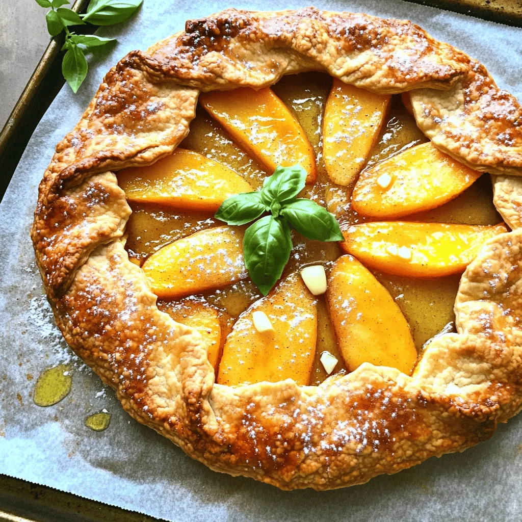 Here are the simple ingredients you'll need to make a Rustic Peach Galette: - 2 medium ripe peaches, sliced - 1 tablespoon lemon juice - 2 tablespoons sugar (divided) - 1 teaspoon vanilla extract - 1 teaspoon cornstarch - 1 pre-made pie crust (store-bought or homemade) - 1 tablespoon unsalted butter, diced - 1 egg, beaten (for egg wash) - Pinch of salt - Optional: fresh basil or mint for garnish Each ingredient plays a key role in creating the perfect galette. The ripe peaches provide a sweet, juicy filling. The lemon juice adds brightness, while sugar enhances the natural sweetness. Cornstarch helps thicken the filling, preventing it from being runny. The pie crust offers a flaky, buttery base. Unsalted butter adds richness, and the egg wash gives a lovely golden color. Lastly, fresh herbs like basil or mint can elevate your dish with a pop of flavor. To start, we need to make the peach filling. First, slice two medium ripe peaches into thin pieces. Then, place them in a mixing bowl. Add one tablespoon of lemon juice and one tablespoon of sugar. The lemon juice adds brightness, while the sugar helps sweeten the peaches. Mix gently to coat the peaches. Next, add one teaspoon of vanilla extract and one teaspoon of cornstarch to the bowl. The cornstarch thickens the juices when baking. Toss everything together until the peaches are well-coated. Let the mixture sit for about 10-15 minutes. This step is called macerating. It draws out the peach juices and enhances the flavor. Now it’s time to assemble our galette. Take your pre-made pie crust and roll it out on a lightly floured surface. Aim for a rough circle about 12 inches wide. Don’t worry about making it perfect; rustic is the goal! Next, transfer the rolled-out crust to a baking sheet lined with parchment paper. Spoon the peach filling into the center of the crust, leaving a 2-inch border around the edges. This space is for folding the crust over the peaches. Gently fold the edges of the crust over the filling, making pleats as you go. This creates a beautiful, rustic look. Sprinkle the remaining tablespoon of sugar over the exposed crust and peaches. Dot the peach mixture with one tablespoon of diced unsalted butter for added richness. Before baking, brush the edges of the crust with a beaten egg. This gives the crust a nice golden color. Preheat your oven to 400°F (200°C). Once the oven is ready, place the galette in and bake for 25-30 minutes. Keep an eye on it. You want the crust to turn golden brown and the peaches to bubble. When it’s done, remove it from the oven and let it cool for a few minutes before slicing. Enjoy your delicious Rustic Peach Galette! To fold the crust, start at one edge. Gently lift the edge and fold it over the filling. Create small pleats as you go. This adds charm and holds the peaches in place. Don’t worry about perfection; rustic means cozy and homemade. For a golden crust, brush the edges with a beaten egg. This egg wash gives your galette a lovely shine. You can sprinkle a little sugar on top too. This adds a sweet crunch to the crust as it bakes. The best way to serve your galette is warm or at room temp. A scoop of vanilla ice cream is great on the side. The cold ice cream pairs well with warm peaches. If you want a fresh touch, add basil or mint as a garnish. Place some on top for color and flavor. When serving, slice the galette into wedges. Arrange them on a nice plate. A simple presentation makes it look inviting. Enjoying this dessert with family or friends makes it even better! {{image_2}} You can easily swap peaches for other fruits. Try ripe plums, sweet nectarines, or juicy cherries. Each fruit adds a unique taste to your galette. Seasonal fruits also work great. In summer, use berries like strawberries or blueberries. In fall, consider apples or pears. These choices create a delicious dessert for every season. Spices and herbs can elevate your galette. A pinch of cinnamon or nutmeg adds warmth and depth. You might also try fresh herbs like basil or mint. These herbs bring a fresh twist to the sweet fruit. You can also play with the crust. Use a flavored pie crust for added taste. Try a whole wheat crust for a nutty flavor. For a sweet touch, add a bit of sugar or vanilla to the crust. These small changes can make your galette extra special and unique. To keep your Rustic Peach Galette fresh, store it in the fridge. First, let it cool completely. Then, cover it with plastic wrap or aluminum foil. This keeps it moist and prevents it from drying out. It can last up to three days in the fridge. If you want to keep it longer, freezing is a great option. Wrap the galette tightly in plastic wrap, then place it in a freezer bag. It can stay in the freezer for up to three months. Just remember to label it with the date. Reheating your galette can be easy. The best way is to use an oven. Preheat your oven to 350°F (175°C). Place the galette on a baking sheet. Heat it for about 10-15 minutes. This method keeps the crust crispy. You can also use a microwave if you are short on time. Place a slice on a microwave-safe plate. Heat it for 20-30 seconds. However, this method may make the crust soft. If you want a crispier texture, stick to the oven. Yes, you can use a homemade pie crust. Making your own crust gives it a fresh taste. Just make sure it is rolled out thinly and evenly. This will help it bake nicely. Use a simple recipe with flour, butter, and water. Chill the dough before rolling it out for the best results. Look for peaches that are slightly soft when you press them gently. They should have a nice, sweet smell. The color should be a vibrant yellow or orange, not too green. If they are hard, they need more time to ripen. You can leave them at room temperature for a few days. If you want a healthier option, try using honey or maple syrup. These natural sweeteners add flavor too. Adjust the amount since they are sweeter than sugar. You can also use coconut sugar or agave syrup for a different taste. Always taste your mixture to make sure it's sweet enough. Absolutely! You can mix peaches with berries like blueberries or raspberries. Cherries or plums also work well. Just remember to adjust the sugar based on how sweet the fruit is. This way, you create a unique flavor with each bite. Keep any leftover galette in an airtight container. It will stay fresh in the fridge for up to three days. If you want to keep it longer, you can freeze it. Wrap it tightly in plastic wrap and then in foil. It can last for up to three months in the freezer. To reheat, place the galette in an oven at 350°F (175°C). Bake for about 10-15 minutes. This helps it regain its crispiness. You can also use a microwave, but it may become soft. If you want a quick warm-up, the oven is best. Yes, frozen peaches work in this recipe. Just thaw them and drain the excess juice. This prevents the filling from becoming too watery. The taste may be slightly different, but they are still delicious. Enjoy your galette any time of the year! You’ve learned how to make a delicious peach galette from scratch. We discussed key ingredients, step-by-step instructions, and tips for a perfect bake. Remember, using ripe peaches and correct baking time brings out great flavors. You can get creative with different fruits and flavors too! Store any leftovers properly, and you’ll enjoy this treat longer. Baking can be fun and easy, especially with this simple recipe. Dive in, enjoy the process, and share this delightful dish with others!