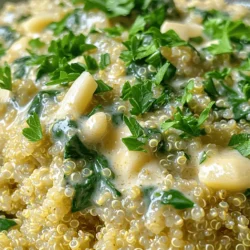 - 1 cup quinoa, rinsed - 2 cups vegetable broth - 1 tablespoon olive oil To make Creamy Garlic Parmesan Quinoa, start with your main ingredients. Rinsing the quinoa helps remove any bitterness. Using vegetable broth adds depth to the flavor. The olive oil will add richness as you cook. - 4 cloves garlic, minced - 1 cup heavy cream (or coconut cream for a dairy-free option) - 1 cup grated Parmesan cheese Now, let's talk about flavor enhancers. Minced garlic brings a warm aroma and great taste. Heavy cream makes the dish rich and creamy. If you prefer a dairy-free option, coconut cream works well too. Grated Parmesan cheese adds a salty kick and umami flavor. - 1 cup fresh spinach, roughly chopped - 1 teaspoon salt - 1/2 teaspoon black pepper - 1/4 teaspoon crushed red pepper flakes (optional) - Fresh parsley for garnish Fresh additions brighten up the dish. Spinach adds color and nutrients. Salt and black pepper are simple but essential for taste. If you like a bit of heat, add crushed red pepper flakes. Finally, fresh parsley gives a nice touch for garnish. - Boil 2 cups of vegetable broth in a medium saucepan. - Add 1 cup of rinsed quinoa and a pinch of salt. - Reduce the heat to low, cover, and let it simmer. - Cook for about 15 minutes or until the quinoa absorbs all the liquid. - Remove from heat and fluff it with a fork. - While the quinoa cooks, heat 1 tablespoon of olive oil in a large skillet over medium heat. - Add 4 cloves of minced garlic and sauté for 1-2 minutes. - Be careful not to let the garlic burn; it should smell nice and fragrant. - Lower the heat and pour in 1 cup of heavy cream. - Stir well and let it simmer for about 3-4 minutes until it thickens slightly. - Stir in 1 cup of grated Parmesan cheese until it melts. - If you want some heat, now is the time to add 1/4 teaspoon of crushed red pepper flakes. - Add the cooked quinoa and 1 cup of roughly chopped spinach. - Mix everything until the spinach wilts and the quinoa is coated in the creamy sauce. - Season with salt and black pepper to taste. - Rinsing quinoa before cooking: Rinse quinoa under cold water. This step removes bitter saponins. It makes your quinoa taste better. - Cooking times and liquid ratios: Use a 2:1 ratio of liquid to quinoa. For every cup of quinoa, use two cups of vegetable broth. Cook it for about 15 minutes. Make sure the liquid is absorbed. - Adjusting garlic levels: If you love garlic, add more than four cloves. You can also roast the garlic for a sweeter taste. - Tips for a creamier texture: For extra creaminess, use heavier cream. Coconut cream is a great dairy-free choice. - Garnishing with parsley: Chop fresh parsley and sprinkle it on top. This adds color and freshness. - Serving suggestions with proteins or sides: Pair this quinoa with grilled chicken or shrimp. It also works well with a side of roasted veggies. {{image_2}} You can easily make this dish dairy-free. Use coconut cream instead of heavy cream. It adds a nice, rich flavor. For cheese, try vegan cheese alternatives like cashew cheese. These options keep the dish creamy while being plant-based. Want to change up the taste? Add fresh herbs like basil or thyme. They bring a bright flavor to the dish. You can also experiment with different cheeses. Try mozzarella for a milder taste, or sharp cheddar for a bolder kick. Each option gives a unique twist to the creamy garlic parmesan quinoa. If you want more protein, try adding cooked chicken or shrimp. They blend well with the creamy sauce. For a vegetarian option, add beans like chickpeas or black beans. They boost the protein without losing flavor. These additions make the dish heartier and more satisfying. To keep your creamy garlic parmesan quinoa fresh, place it in an airtight container. Store it in the fridge right after it cools down. It stays fresh for about 3 to 5 days. If you notice any off smells or changes in texture, it’s best to toss it out. You can reheat quinoa in the microwave or on the stovetop. For the microwave, place a portion in a bowl. Add a splash of water to keep it moist. Microwave it for 1-2 minutes or until warm. For the stovetop, place it in a skillet over low heat. Stir occasionally and add a bit of cream or broth to keep it creamy. This helps it regain its smooth texture. If you want to save some for later, you can freeze your quinoa. Divide it into portion sizes before freezing. This makes it easier to thaw only what you need. When you're ready to eat, thaw it in the fridge overnight. You can also use the microwave to thaw it quickly. Reheat as mentioned above to enjoy your creamy dish again! Quinoa is a tiny grain packed with nutrients. It is high in protein, fiber, and minerals. This makes it a healthy choice for meals. Quinoa also contains all nine essential amino acids. It is gluten-free, making it safe for many diets. Using quinoa as a base for dishes is smart. It absorbs flavors well. This allows it to pair nicely with sauces and spices. Quinoa's fluffy texture adds a nice contrast to creamy sauces. It is versatile, so you can use it in salads, bowls, or as a side dish. Yes, you can make this dish lighter without cream. Try using coconut cream for a dairy-free option. This gives a similar creamy texture with a hint of sweetness. You can also use almond milk or oat milk. Just adjust the amount of cheese to keep the flavor rich. Another option is to use Greek yogurt. This adds creaminess while being lower in fat. Mix in the yogurt at the end to keep it smooth. To control spice levels, use crushed red pepper flakes. Start with a small amount and taste as you go. You can add more if you want a bolder flavor. For a milder dish, skip the red pepper flakes altogether. You can also try different spices. Paprika adds warmth without too much heat. Cumin gives a nice earthiness. If you like it hot, consider fresh chopped jalapeños or hot sauce. Just remember to balance the spiciness with the creamy sauce for the best taste. This blog post covered a creamy quinoa dish that's both tasty and simple. You learned the key ingredients, step-by-step instructions, and helpful tips. We also explored ways to adjust flavors and make the dish fit your needs. As you enjoy making this dish, remember to get creative. Experiment with flavors and additions that excite your taste buds. Cooking is fun, and with quinoa, the choices are endless!