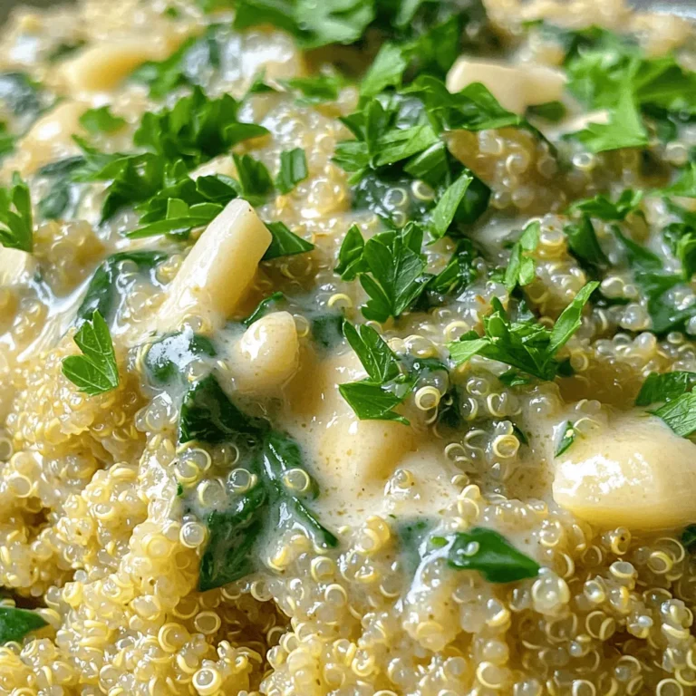 - 1 cup quinoa, rinsed - 2 cups vegetable broth - 1 tablespoon olive oil To make Creamy Garlic Parmesan Quinoa, start with your main ingredients. Rinsing the quinoa helps remove any bitterness. Using vegetable broth adds depth to the flavor. The olive oil will add richness as you cook. - 4 cloves garlic, minced - 1 cup heavy cream (or coconut cream for a dairy-free option) - 1 cup grated Parmesan cheese Now, let's talk about flavor enhancers. Minced garlic brings a warm aroma and great taste. Heavy cream makes the dish rich and creamy. If you prefer a dairy-free option, coconut cream works well too. Grated Parmesan cheese adds a salty kick and umami flavor. - 1 cup fresh spinach, roughly chopped - 1 teaspoon salt - 1/2 teaspoon black pepper - 1/4 teaspoon crushed red pepper flakes (optional) - Fresh parsley for garnish Fresh additions brighten up the dish. Spinach adds color and nutrients. Salt and black pepper are simple but essential for taste. If you like a bit of heat, add crushed red pepper flakes. Finally, fresh parsley gives a nice touch for garnish. - Boil 2 cups of vegetable broth in a medium saucepan. - Add 1 cup of rinsed quinoa and a pinch of salt. - Reduce the heat to low, cover, and let it simmer. - Cook for about 15 minutes or until the quinoa absorbs all the liquid. - Remove from heat and fluff it with a fork. - While the quinoa cooks, heat 1 tablespoon of olive oil in a large skillet over medium heat. - Add 4 cloves of minced garlic and sauté for 1-2 minutes. - Be careful not to let the garlic burn; it should smell nice and fragrant. - Lower the heat and pour in 1 cup of heavy cream. - Stir well and let it simmer for about 3-4 minutes until it thickens slightly. - Stir in 1 cup of grated Parmesan cheese until it melts. - If you want some heat, now is the time to add 1/4 teaspoon of crushed red pepper flakes. - Add the cooked quinoa and 1 cup of roughly chopped spinach. - Mix everything until the spinach wilts and the quinoa is coated in the creamy sauce. - Season with salt and black pepper to taste. - Rinsing quinoa before cooking: Rinse quinoa under cold water. This step removes bitter saponins. It makes your quinoa taste better. - Cooking times and liquid ratios: Use a 2:1 ratio of liquid to quinoa. For every cup of quinoa, use two cups of vegetable broth. Cook it for about 15 minutes. Make sure the liquid is absorbed. - Adjusting garlic levels: If you love garlic, add more than four cloves. You can also roast the garlic for a sweeter taste. - Tips for a creamier texture: For extra creaminess, use heavier cream. Coconut cream is a great dairy-free choice. - Garnishing with parsley: Chop fresh parsley and sprinkle it on top. This adds color and freshness. - Serving suggestions with proteins or sides: Pair this quinoa with grilled chicken or shrimp. It also works well with a side of roasted veggies. {{image_2}} You can easily make this dish dairy-free. Use coconut cream instead of heavy cream. It adds a nice, rich flavor. For cheese, try vegan cheese alternatives like cashew cheese. These options keep the dish creamy while being plant-based. Want to change up the taste? Add fresh herbs like basil or thyme. They bring a bright flavor to the dish. You can also experiment with different cheeses. Try mozzarella for a milder taste, or sharp cheddar for a bolder kick. Each option gives a unique twist to the creamy garlic parmesan quinoa. If you want more protein, try adding cooked chicken or shrimp. They blend well with the creamy sauce. For a vegetarian option, add beans like chickpeas or black beans. They boost the protein without losing flavor. These additions make the dish heartier and more satisfying. To keep your creamy garlic parmesan quinoa fresh, place it in an airtight container. Store it in the fridge right after it cools down. It stays fresh for about 3 to 5 days. If you notice any off smells or changes in texture, it’s best to toss it out. You can reheat quinoa in the microwave or on the stovetop. For the microwave, place a portion in a bowl. Add a splash of water to keep it moist. Microwave it for 1-2 minutes or until warm. For the stovetop, place it in a skillet over low heat. Stir occasionally and add a bit of cream or broth to keep it creamy. This helps it regain its smooth texture. If you want to save some for later, you can freeze your quinoa. Divide it into portion sizes before freezing. This makes it easier to thaw only what you need. When you're ready to eat, thaw it in the fridge overnight. You can also use the microwave to thaw it quickly. Reheat as mentioned above to enjoy your creamy dish again! Quinoa is a tiny grain packed with nutrients. It is high in protein, fiber, and minerals. This makes it a healthy choice for meals. Quinoa also contains all nine essential amino acids. It is gluten-free, making it safe for many diets. Using quinoa as a base for dishes is smart. It absorbs flavors well. This allows it to pair nicely with sauces and spices. Quinoa's fluffy texture adds a nice contrast to creamy sauces. It is versatile, so you can use it in salads, bowls, or as a side dish. Yes, you can make this dish lighter without cream. Try using coconut cream for a dairy-free option. This gives a similar creamy texture with a hint of sweetness. You can also use almond milk or oat milk. Just adjust the amount of cheese to keep the flavor rich. Another option is to use Greek yogurt. This adds creaminess while being lower in fat. Mix in the yogurt at the end to keep it smooth. To control spice levels, use crushed red pepper flakes. Start with a small amount and taste as you go. You can add more if you want a bolder flavor. For a milder dish, skip the red pepper flakes altogether. You can also try different spices. Paprika adds warmth without too much heat. Cumin gives a nice earthiness. If you like it hot, consider fresh chopped jalapeños or hot sauce. Just remember to balance the spiciness with the creamy sauce for the best taste. This blog post covered a creamy quinoa dish that's both tasty and simple. You learned the key ingredients, step-by-step instructions, and helpful tips. We also explored ways to adjust flavors and make the dish fit your needs. As you enjoy making this dish, remember to get creative. Experiment with flavors and additions that excite your taste buds. Cooking is fun, and with quinoa, the choices are endless!