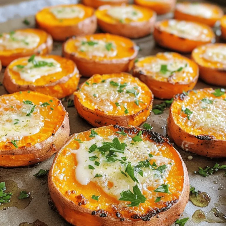 This dish needs a few simple yet tasty ingredients. Here’s what you will need: - 2 large sweet potatoes, sliced into 1/4 inch rounds - 4 cloves of garlic, minced - 1/4 cup grated Parmesan cheese - 3 tablespoons olive oil - 1 teaspoon salt - 1/2 teaspoon black pepper - 1 teaspoon smoked paprika - Fresh parsley, finely chopped for garnish (optional) Sweet potatoes are the star here. They bring a natural sweetness and creamy texture. Garlic adds a strong flavor that really shines. Parmesan cheese gives a salty kick that makes this dish special. Olive oil helps everything roast perfectly. The seasonings enhance the overall taste and aroma. When I cook these, I love to use fresh ingredients. Fresh garlic and herbs can make a big difference. Choose sweet potatoes that feel firm. They should have smooth skin and bright color. Quality ingredients lead to better meals. To start, slice the sweet potatoes into 1/4 inch rounds. Use a sharp knife to keep them even. This helps them cook better and look good on the plate. Next, grab a large mixing bowl. In this bowl, mix together olive oil, minced garlic, salt, black pepper, and smoked paprika. Whisk these ingredients until they blend well. This mixture adds great flavor to the sweet potatoes. Now, add the sweet potato rounds to the bowl. Toss them in the garlic oil mix. Make sure each round gets coated evenly. This step is key for tasty bites. Preheat your oven to 425°F (220°C). Line a baking sheet with parchment paper for easy cleanup. Arrange the sweet potato rounds in a single layer on the baking sheet. Roast them in the oven for 20 minutes. This initial time helps soften the potatoes. After 20 minutes, take the baking sheet out of the oven. Sprinkle the grated Parmesan cheese over the sweet potato rounds. The cheese adds a rich flavor. Put the baking sheet back in the oven. Roast for another 10 minutes. The sweet potatoes should be tender, and the cheese should be golden and melted. Once out of the oven, let the sweet potato rounds cool for a couple of minutes. This helps avoid burns and keeps the flavors fresh. For a pop of color, garnish with finely chopped parsley if you like. It adds a nice touch and makes the dish look great. Serve these rounds warm for the best taste! To get even cooking, always slice sweet potatoes into 1/4 inch rounds. This size helps them roast nicely and cook at the same rate. Spread them in a single layer on the baking sheet. If they overlap, some will cook slower. For crispiness, use enough olive oil to coat each round. This oil helps them brown well. After the first 20 minutes, add Parmesan cheese. The cheese adds flavor and helps create a crispy top. You can swap Parmesan cheese for other options. Try mozzarella for a gooey melt. Nutritional yeast works for a vegan touch. If you want different spices, consider garlic powder or onion powder. You can also add cayenne for heat. Mix and match to find your favorite flavor. {{image_2}} Adding herbs can boost the flavor of your sweet potato rounds. Fresh thyme or rosemary works well. Just sprinkle a few leaves on top before roasting. This adds a nice touch and fresh taste. For a spicy kick, try adding chili flakes or paprika. A sprinkle of cayenne pepper can also work. This gives your sweet potatoes a warm, zesty flavor. Adjust the amount to match your spice level. You can make these sweet potato rounds in an air fryer. Set it to 400°F (200°C) and cook for about 15 minutes. Shake the basket halfway for even cooking. The air fryer will make them crispy and delicious. Grilling is another great option. Preheat your grill to medium heat. Place the sweet potato rounds on a grill pan. Cook for about 10 minutes on each side. This adds a smoky flavor that pairs well with garlic and cheese. After you enjoy your roasted garlic Parmesan sweet potato rounds, store any leftovers properly. - Refrigeration tips: Place the rounds in an airtight container. They stay fresh in the fridge for up to three days. Keep them away from moisture to avoid sogginess. - Freezing options: For longer storage, freeze the rounds. Use a freezer-safe container or bag. They can last up to three months in the freezer. Make sure to label the container with the date. When you're ready to enjoy your leftovers, reheating is key. - Best reheating methods: The oven is the best choice. Preheat it to 375°F (190°C). Place the sweet potato rounds on a baking sheet. Heat them for about 10 minutes, or until warm. This method keeps them crispy. You can also use an air fryer for a quick heat-up. Set it to 350°F (175°C) and cook for 5 minutes. This method gives them a nice crunch again. To check if sweet potatoes are done, poke them with a fork. If it goes in easily, they are ready. You want them soft but not mushy. The edges should be slightly crispy. This balance gives you the best texture. Yes, you can use other cheeses. Cheddar, feta, or mozzarella can work well. Each cheese gives a unique flavor. If you want a strong taste, try aged cheddar. For a fresh touch, feta is great. To get crispy sweet potato rounds, focus on a few key steps. First, slice the potatoes evenly. This helps them cook at the same rate. Use enough olive oil to coat each round. Spread them out on the tray. If they touch, they won't crisp up. Lastly, roast them at a high temperature. This gives you that nice crunch. Sweet potatoes roasted with garlic and Parmesan can be a tasty treat. We explored ingredients, prep tips, and steps for perfect roasting. Consider flavor tweaks and cooking methods to suit your taste. Store leftovers properly to keep them fresh. Remember, checking for doneness and achieving crispiness is key. Enjoy crafting delicious meals with sweet potatoes. You have the tips now, so go ahead and create your own tasty dish.