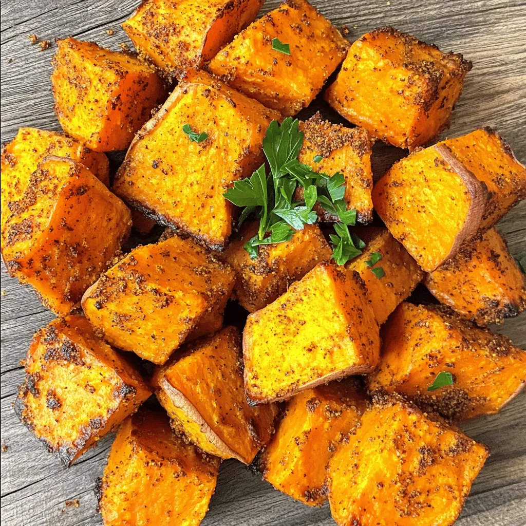 To make Air Fryer Cajun Sweet Potato Cubes, you need a few key ingredients. Here’s what you’ll need: - Sweet potatoes - Olive oil - Cajun seasoning - Garlic powder - Paprika - Salt and pepper - Garnish options Sweet potatoes are the star of this dish. They bring a nice sweetness and soft texture. Olive oil helps them get crispy in the air fryer. Cajun seasoning adds that bold flavor we love. Garlic powder and paprika bring extra warmth and depth. Salt and pepper balance the flavors. Lastly, fresh parsley makes a bright garnish. With these ingredients, you can create a tasty side dish that pairs well with many meals. You can even play with the seasoning. Adjust it to suit your taste. This makes the recipe fun and versatile. To start, you need to peel the sweet potatoes. Use a vegetable peeler to remove the skin. After peeling, cut the sweet potatoes into 1-inch cubes. This size helps them cook evenly. Aim for uniform cubes to ensure each piece cooks the same way. If you have larger or smaller pieces, they may not cook at the same time. Next, place the diced sweet potatoes in a large bowl. Pour in the olive oil first. This oil helps the spices stick and adds flavor. Mix the sweet potatoes well, so they are fully coated. Now, sprinkle the Cajun seasoning, garlic powder, paprika, salt, and pepper over them. Toss again until all cubes are well-seasoned. This step is key for great flavor. Before cooking, preheat your air fryer to 400°F (200°C). This takes about 3 to 5 minutes. Once it’s ready, add the sweet potato cubes to the basket. Make sure they lay in a single layer. This allows them to crisp up nicely. Cook for 15 to 20 minutes. Don’t forget to shake the basket halfway through. This ensures even cooking. When they are golden and crispy, they are ready to enjoy. To get those sweet potato cubes crispy, follow these steps: - Single-layer cooking is key. Place the cubes in one layer in the basket. This helps them cook evenly and get crispy. - Shaking the basket during cooking is also important. About halfway through, give the basket a shake. This ensures even cooking and crisping. Want to tweak the spice levels? Here’s how: - Start with 2 teaspoons of Cajun seasoning. If you like it hotter, feel free to add more. - Consider mixing in other spices too. Try cumin for a warm flavor or cayenne for extra heat. Pair your Cajun sweet potato cubes with these ideas: - They go great with grilled chicken or fish. The flavors work well together. - For a fun twist, serve them over a bed of greens. Top with a squeeze of lime for freshness. - When garnishing, sprinkle fresh parsley on top. It adds color and a bit of flavor. {{image_2}} You can change the flavor of your Cajun sweet potato cubes by using different spices. Try adding chili powder for heat or cumin for a warm, earthy taste. You might also enjoy a mix of Italian herbs for a bright flavor. Here are some options: - Chili powder: Adds warmth and heat. - Cumin: Gives a smoky, earthy taste. - Italian herbs: Brightens the dish with a fresh note. Mixing in other veggies can enhance your dish. Bell peppers, zucchini, or carrots work well. To keep everything cooked evenly, cut them into similar sizes. If you add softer veggies like zucchini, reduce the cooking time to avoid overcooking. Here’s how to adjust: - Bell peppers: Same size, add with sweet potatoes. - Carrots: Cut in small pieces for even cooking. - Zucchini: Reduce time by 5 minutes to keep it tender. If you want to switch things up, try different potatoes. Yukon gold or purple potatoes bring new colors and tastes. You can also use root veggies like parsnips or turnips for a twist. Each type will give a unique flavor and texture. Here are some options: - Yukon gold potatoes: Creamy and buttery taste. - Purple potatoes: Vibrant color and nutty flavor. - Parsnips: Sweet and earthy, a great mix. To keep your Cajun sweet potato cubes fresh, store them in the fridge. Use an airtight container. This helps prevent moisture loss and keeps them tasty. Try to eat them within three days for the best flavor. To reheat, use the air fryer for the best results. Preheat it to 350°F (175°C). Place the sweet potato cubes in a single layer in the basket. Heat them for about 5-7 minutes. This method keeps them crispy. You can also use a microwave, but they may lose some crunch. For freezing, start by letting the sweet potato cubes cool completely. Spread them out on a baking sheet in a single layer. Freeze until solid, about 1-2 hours. Once frozen, transfer them to a freezer bag. Remove as much air as possible. They can last up to three months in the freezer. To thaw, simply place the cubes in the fridge overnight. You can reheat them in the air fryer using the same method as above. This way, they stay tasty and crisp! To kick up the heat, use more Cajun seasoning. You can also add red pepper flakes for extra spice. If you like a smoky flavor, try smoked paprika instead of regular paprika. Just remember to taste as you add. This way, you’ll find your perfect heat level. Yes, you can use frozen sweet potatoes. However, you need to adjust the cooking time. Start by adding five extra minutes to the cooking time. Check for doneness and adjust as needed. Frozen cubes may not crisp as well, but they will still taste great! Cajun sweet potato cubes pair well with grilled chicken or fish. They also go great with a fresh salad or steamed veggies. For a complete meal, serve them alongside rice or quinoa. Don’t forget a tasty dipping sauce, like ranch or yogurt, for extra flavor! You now have all the steps to make delicious Cajun sweet potato cubes. We discussed the ingredients, prep tips, and cooking methods. You can customize the flavor and even add different veggies. Proper storage helps you enjoy leftovers easily. Remember, the key to great sweet potato cubes is cooking them in a single layer. Try out different spice blends for fun. Enjoy your tasty and healthy dish!