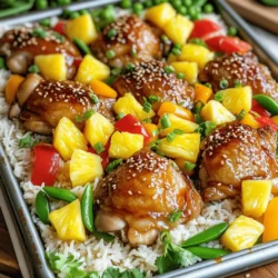 For this dish, I use: - 1.5 lbs chicken thighs, boneless and skinless - ½ cup teriyaki sauce (store-bought or homemade) - 2 tablespoons sesame oil - Salt and pepper to taste The chicken thighs bring rich flavor and stay juicy. Marinating them in teriyaki sauce adds a sweet and savory touch. I always use sesame oil, as it enhances the dish's aroma. This dish needs fresh and colorful ingredients: - 1 medium pineapple, peeled, cored, and diced - 1 red bell pepper, sliced - 1 yellow bell pepper, sliced - 1 cup snap peas - 4 green onions, chopped Pineapple adds a sweet burst. The bell peppers give crunch and color. Snap peas provide a crisp texture. Green onions finish the dish with freshness. For the perfect base, gather: - 1 cup jasmine rice, rinsed - 2 tablespoons olive oil - Toasted sesame seeds for garnish Jasmine rice is fragrant and pairs well with teriyaki flavors. Rinsing it helps to remove excess starch, making it fluffy. Olive oil adds richness, and toasted sesame seeds give a nice crunch when served. First, preheat your oven to 400°F (200°C). This step warms the oven for even cooking. While it heats, gather all your ingredients. You will need chicken, rice, pineapple, and colorful veggies. In a bowl, add 1.5 pounds of chicken thighs. Pour in ¼ cup of teriyaki sauce and 2 tablespoons of sesame oil. Add salt and pepper to your taste. Mix it well. Let the chicken sit for about 10 minutes. This helps the flavors soak in. In a medium saucepan, bring 2 cups of water to a boil. Once boiling, add 1 cup of rinsed jasmine rice. Lower the heat, cover the pot, and let it simmer for 15 minutes. After that, fluff the rice with a fork. Set it aside for later. Take a large baking sheet. Spread the marinated chicken evenly on it. Now, add your diced pineapple, sliced red and yellow bell peppers, and snap peas around the chicken. It will look colorful and inviting! Drizzle the rest of the teriyaki sauce over the chicken and veggies. Toss everything slightly to coat. Place your sheet pan in the preheated oven. Bake for 25-30 minutes. The chicken should reach 165°F (75°C) when done, and the veggies need to be tender. After baking, let the sheet pan cool for a few minutes. Serve the chicken and veggies over the fluffy jasmine rice. Mix in the sweet pineapple for a burst of flavor. Top it off with chopped green onions and toasted sesame seeds for a lovely crunch. Enjoy your meal! Marinating the chicken brings out great flavor. Start by mixing chicken thighs with teriyaki sauce, sesame oil, salt, and pepper. Let it sit for at least 15 minutes. For the best taste, marinate longer, up to 24 hours in the fridge. This allows the sauce to soak in. Using a zip-top bag makes it easy to mix and coat the chicken. To get fluffy jasmine rice, rinse it well before cooking. This removes excess starch. Next, use a 2:1 water-to-rice ratio. Bring water to a boil, then add the rinsed rice. Cover and lower the heat. Simmer for about 15 minutes. Don't lift the lid while it cooks. Once done, let it sit for five minutes, then fluff with a fork. This method makes the rice light and airy. Sheet pan cooking is simple and effective. Start with a large baking sheet for even heat. Spread the marinated chicken and veggies evenly. This allows airflow and helps everything cook evenly. Drizzle extra teriyaki sauce over the top for more flavor. Bake at 400°F (200°C) for 25-30 minutes. Check the chicken’s internal temperature to ensure it hits 165°F (75°C). Let it rest before serving. This helps keep the juices in. {{image_2}} For this dish, chicken thighs are tasty, but you can switch it up. Try using chicken breasts for a leaner option. If you prefer seafood, shrimp works well too. Just keep an eye on cooking time. Tofu is a great choice for a plant-based meal. It absorbs flavors well and adds protein. You can change the veggies in this recipe based on what you like. Broccoli adds a nice crunch and pairs well with teriyaki. Carrots bring sweetness and color. Zucchini can also be a fun addition. You can use any mix of your favorite vegetables. Just make sure they cook evenly and add color to the dish. While store-bought teriyaki sauce is easy, making your own is simple and fun. Combine soy sauce, honey, garlic, and ginger for a quick mix. You can also add some cornstarch to thicken it. For a twist, try adding pineapple juice for extra sweetness. Adjust the flavors to fit your taste. After you make your Teriyaki chicken pineapple rice sheet pan, let it cool for 20 minutes. This step helps avoid condensation in your storage container. Use an airtight container to keep it fresh. Store the dish in the fridge for up to four days. If you want to keep it longer, freezing is a great option. To reheat your leftovers, use the oven or microwave. If using the oven, preheat it to 350°F (175°C). Place the chicken and rice in an oven-safe dish. Cover it with foil to keep moisture in. Heat for about 15-20 minutes or until warm. If using a microwave, place the food in a microwave-safe bowl. Heat in 1-minute intervals, stirring in between, until hot. Freezing is easy and great for meal prep. Divide the dish into single-serving portions. Use freezer-safe containers or bags. Remove as much air as possible to prevent freezer burn. Label each container with the date. You can freeze the dish for up to three months. When ready to eat, thaw it in the fridge overnight before reheating. Yes, you can use different types of rice. Jasmine rice works well, but you can also try basmati or long-grain rice. Just remember to adjust the water amount and cooking time based on the rice you choose. Brown rice is another option, but it takes longer to cook. Always check the package for the best cooking instructions. You can add many vegetables to this dish. Broccoli, carrots, or zucchini fit nicely. If you like leafy greens, try spinach or bok choy. Just cut them into small pieces for even cooking. Feel free to mix and match your favorites. The key is to keep the cooking time in mind, so they cook through. To check if the chicken is done, use a meat thermometer. The internal temperature should reach 165°F (75°C). If you don’t have a thermometer, cut into a piece of chicken. The meat should be white, not pink. The juices should run clear. Always ensure your chicken is fully cooked for safety. This guide covered how to create a tasty sheet pan meal using simple steps and ingredients. We explored marinades, rice cooking tips, and storage methods. You can mix things up with different proteins and veggies. Remember, cooking is fun. Feel free to experiment with flavors and make it your own. Enjoy your delicious meal and share it with loved ones. You now have the skills to succeed!