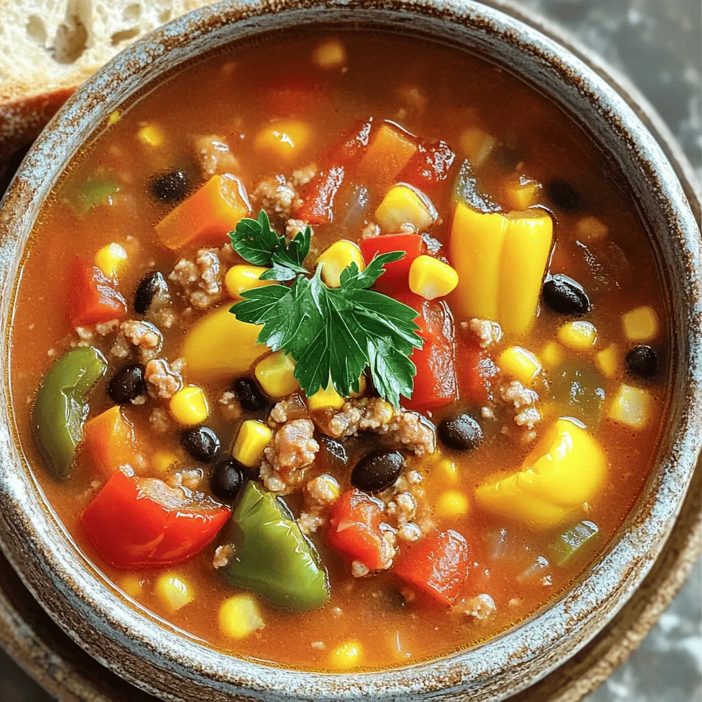 - 1 pound ground turkey or beef - 3 bell peppers (red, yellow, green), diced - 1 can (15 oz) diced tomatoes, undrained - 1 can (15 oz) black beans, rinsed and drained In this tasty soup, ground turkey or beef provides a rich base. I love using three colors of bell peppers for a bright look and more flavor. Diced tomatoes add a juicy texture, while black beans bring protein and heartiness to the dish. - 4 cups vegetable or chicken broth - 2 tablespoons tomato paste - 2 teaspoons Italian seasoning - 1 teaspoon smoked paprika - Salt and pepper to taste The broth gives our soup depth and warmth. Tomato paste thickens the soup and adds a punch of flavor. Italian seasoning and smoked paprika work together to create a comforting taste that warms your heart. Don't forget to adjust salt and pepper as you like! - 1 cup uncooked quinoa or rice for extra heartiness - Fresh herbs for garnish If you want to make the soup even more filling, add quinoa or rice. These grains soak up flavors well. Fresh herbs, like parsley or cilantro, can add a bright touch and a fresh taste to your warm bowl of soup. 1. Browning the meat: First, heat a skillet over medium heat. Add 1 pound of ground turkey or beef. Cook until it turns brown. This step adds depth to the flavor. Once browned, drain any extra fat. Move the meat to the slow cooker. 2. Adding vegetables and beans: Next, take 1 medium onion and dice it. Add the onion to the slow cooker. Also, mince 3 cloves of garlic and add those too. Now, chop 3 bell peppers—red, yellow, and green. Toss them in as well. Then, add 1 can of diced tomatoes (with juices) and 1 can of black beans (rinsed and drained). For some sweetness, add 1 cup of corn, either fresh or frozen. 3. Combining ingredients in the slow cooker: In the slow cooker, mix all the ingredients well. Pour in 4 cups of vegetable or chicken broth. This will give the soup its rich base. Stir in 2 tablespoons of tomato paste, 2 teaspoons of Italian seasoning, and 1 teaspoon of smoked paprika. Season with salt and pepper to taste. If you want a heartier soup, add 1 cup of uncooked quinoa or rice. 4. Covering and setting the timer: Once everything is mixed, cover the slow cooker. Set it to cook on low for 6-8 hours or high for 4 hours. This slow cooking helps the flavors meld together and makes the peppers tender. 5. Adjusting seasoning before serving: When the cooking time is up, taste the soup. Adjust the seasoning if needed. You can add more salt or pepper based on your preference. 6. Garnishing with herbs: Finally, serve the soup warm. Top with fresh parsley or cilantro for a pop of color and flavor. This small touch can elevate your dish. To ensure tender peppers, choose ripe ones. Fresh peppers cook better. Cut them into small pieces for faster cooking. Keep an eye on cooking times. Slow cookers vary. If yours cooks fast, check the peppers sooner. Add spices for a kick. A pinch of cayenne pepper can spice things up. Smoked paprika adds depth. Consider topping your soup with shredded cheese. A dollop of sour cream enhances creaminess. Fresh herbs like parsley or cilantro give a pop of color and flavor. Meal prep can save time on busy days. Chop your veggies the night before. Cook the meat in advance, too. Store them in the fridge. This way, you can toss everything in the slow cooker quickly. Pre-chopping ingredients makes cooking easier and faster. {{image_2}} You can easily switch up the meat in your stuffed pepper soup. Ground turkey adds a light flavor, while beef gives more richness. You can also try chicken or even plant-based options like lentils or chickpeas. This way, you can suit your taste or dietary needs. For grains, consider adding quinoa or rice. Both will make your soup heartier and add texture. You can even use barley or farro for a unique twist. Just remember to adjust the liquid if you add grains. This keeps the soup from getting too thick. If you crave some heat, try adding jalapeños or a dash of chili powder. This will give your soup a spicy kick. You can also mix in smoked paprika for a deeper flavor. Experimenting with spices like cumin or coriander can change the taste profile too. Fresh herbs elevate the dish nicely. Basil, oregano, or thyme can add freshness. Try adding these herbs at the end of cooking for the best flavor. When it comes to sides, crusty bread is a classic choice. It makes the meal feel complete and is great for dipping. You could also serve it with a simple salad for a crunchy contrast. For a creative serving idea, try topping the soup with shredded cheese. This adds creaminess and makes it extra comforting. You might even want to garnish with chopped parsley or cilantro for a pop of color and fresh flavor. To keep your stuffed pepper soup fresh, store leftovers in the fridge. Use airtight containers to prevent spills and keep flavors. Glass containers work well, but plastic ones are fine too. Make sure to cool the soup to room temperature before sealing. This helps avoid condensation, which can make the soup watery. You can freeze stuffed pepper soup for later. Just let it cool first. Pour the soup into freezer-safe bags or containers. Leave some space at the top for expansion. When you're ready to eat it, thaw the soup overnight in the fridge. Reheat it on the stove or in the microwave until it's hot. In the fridge, your stuffed pepper soup lasts about 3 to 4 days. If you freeze it, it can stay good for up to 3 months. Just remember to label your containers with the date. This way, you know when to enjoy your delicious meal! Can I use frozen vegetables instead? Yes, you can use frozen vegetables! They work well in this recipe. Just add them straight to the slow cooker. Frozen veggies save time and still taste great. They will cook down nicely and blend into the soup. How can I make it vegetarian? To make this soup vegetarian, swap the ground meat for lentils or mushrooms. You can also add extra beans, like kidney beans or chickpeas. Make sure to use vegetable broth instead of chicken broth. This way, you keep all the rich flavors while making it meat-free. Can I make this recipe on the stovetop? Yes, you can! Start by browning the meat in a pot. Then, add the onion and garlic. Next, mix in the rest of the ingredients. Bring the soup to a boil, then lower the heat. Let it simmer on the stovetop for about 30-40 minutes, stirring occasionally. What slow cooker settings work best? I recommend cooking on low for 6-8 hours. This allows all the flavors to blend. If you’re short on time, cooking on high for 4 hours works too. Just make sure the peppers are tender before serving. How to calculate calories per serving? To find calories per serving, add up the total calories from all the ingredients. Then, divide that number by the servings. For example, if the total is 1,200 calories and you serve 6, each serving has 200 calories. Are there low-carb or keto options? Yes, you can make this soup lower in carbs. Skip the corn and quinoa or rice. You can add more peppers and use extra meat or cheese. This way, you keep the flavor while cutting down on carbs. This blog post shared a simple stuffed pepper soup recipe using ground meat, fresh veggies, and beans. You learned how to prepare it step-by-step with tips for enhancing flavor and saving time. Variations let you customize this dish to your liking, and storage tips help keep leftovers fresh. Try this hearty meal for easy weeknight dinners. It combines healthy ingredients with comforting flavors. Enjoy cooking while exploring countless ways to make this soup your own!