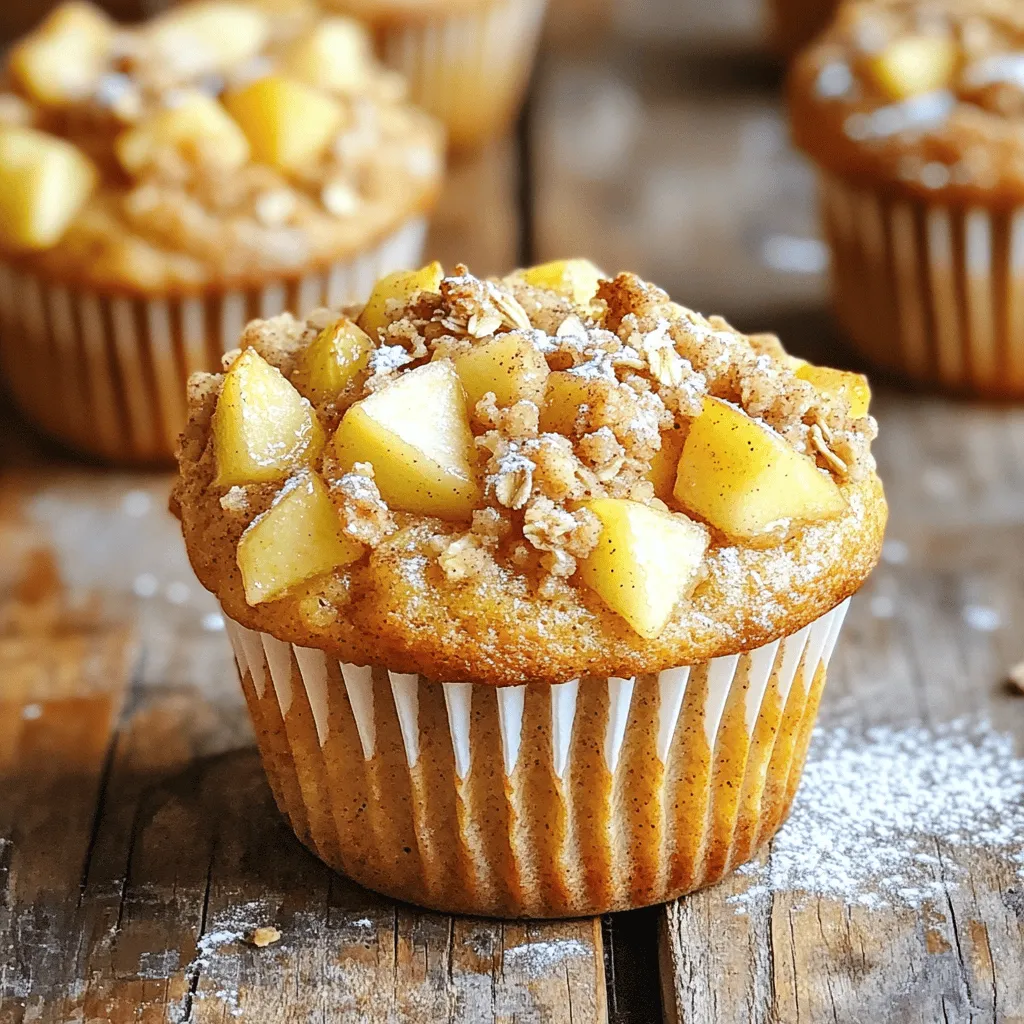 - 2 cups all-purpose flour - 1 cup apple cider - 1 cup granulated sugar - 1/2 cup unsalted butter, melted - 2 large eggs The main ingredients make these muffins a true delight. All-purpose flour gives structure. Apple cider adds a sweet and tangy flavor. Granulated sugar balances the taste perfectly. Melted unsalted butter provides moisture and richness. Eggs help bind everything together. - 1 teaspoon ground cinnamon - 1/4 teaspoon nutmeg - 1 teaspoon vanilla extract - 1/2 teaspoon salt Spices and flavorings elevate the muffins. Ground cinnamon brings warmth and comfort. Nutmeg adds a hint of spice. Vanilla extract rounds out the flavors. Salt enhances sweetness and balances the mix. - 1/2 cup rolled oats - 1/4 cup brown sugar - 1/4 teaspoon ground cinnamon (for crumble topping) The crumble topping makes these muffins special. Rolled oats give crunch and texture. Brown sugar adds a deep, caramel flavor. A touch of cinnamon in the topping ties it all together. This combination creates a delicious contrast to the soft muffin base. First, preheat your oven to 375°F (190°C). This helps the muffins bake evenly. Next, grab your muffin tin. You can line it with paper liners or spray it with non-stick cooking spray. Both methods work well to prevent sticking. Now, let’s get to the dry ingredients. In a large bowl, whisk together 2 cups all-purpose flour, 1 tablespoon baking powder, 1 teaspoon ground cinnamon, 1/4 teaspoon nutmeg, and 1/2 teaspoon salt. This mix gives the muffins their great flavor and helps them rise. In another bowl, melt 1/2 cup unsalted butter. Once melted, mix in 1 cup granulated sugar until smooth. Then, add 2 large eggs, 1 teaspoon vanilla extract, and 1 cup apple cider. Whisk these together until everything is well combined. This mixture adds moisture and sweetness. Now it is time to combine. Gradually pour the wet mixture into the dry ingredients. Stir gently until just mixed. It’s fine if there are a few lumps. Overmixing can make the muffins tough. Next, fold in 1 cup diced apples. Use a spatula to make sure they spread evenly in the batter. In a separate small bowl, mix 1/2 cup rolled oats, 1/4 cup brown sugar, and 1/4 teaspoon ground cinnamon for the crumble topping. Sprinkle this mixture evenly over your muffin batter for a crunchy finish. Divide the batter among the muffin cups, filling them about 2/3 full. Place them in the oven and bake for 20-25 minutes. Check for doneness by inserting a toothpick in the center. If it comes out clean, the muffins are ready. Let them cool in the pan for 5 minutes before moving them to a wire rack. Enjoy the warm goodness of your freshly baked muffins! To get the best muffin texture, do not overmix the batter. Overmixing makes muffins tough. Stir the wet and dry ingredients until just combined. A few lumps are okay. Measuring flour accurately is key. Use the spoon and level method. Scoop flour into your measuring cup with a spoon. Then, use a knife to level off the top. This keeps muffins light and fluffy. You can serve these muffins with apple cider syrup for extra flavor. A drizzle adds sweetness and makes them special. You can also enjoy them warm with butter or cream cheese. For breakfast or snack time, pair muffins with yogurt or fresh fruit. They also go well with a hot cup of tea or coffee. If your muffins are dry, try adding more apple cider next time. It adds moisture and flavor. You can also check your oven temperature. Sometimes it bakes too hot. For even baking, rotate the muffin tin halfway through baking. This helps all muffins bake at the same time. Use an oven thermometer to ensure your oven is at the right temperature. {{image_2}} You can change the taste of your muffins by adding nuts or dried fruit. Nuts like walnuts or pecans add a nice crunch. They also give a rich flavor that pairs well with apple. Dried fruits, such as cranberries or raisins, add sweetness. They also make the muffins more moist and chewy. You can mix in a handful of your favorite nuts or dried fruits to make these muffins truly yours. If you want to make these muffins healthier, try using whole wheat flour instead of all-purpose flour. Whole wheat flour has more fiber and nutrients. You can also swap out granulated sugar for honey or maple syrup. These natural sweeteners give a lovely flavor. They also keep the muffins moist. These simple swaps can make your muffins both tasty and nutritious. You can change these apple muffins with seasonal flavors. For a fall twist, try adding pumpkin spice to the batter. The warm spices will enhance the apple flavor. In summer, you can add berries, like blueberries or raspberries. These fruits bring a fresh taste and beautiful color. These seasonal twists keep your muffins exciting all year long. To keep your Bakery Style Apple Cider Crumble Muffins fresh, store them in an airtight container. This helps prevent them from drying out. You can place a piece of bread in the container. The bread keeps the muffins soft. Aim to eat them within three days for the best taste. Freezing muffins is easy. First, let them cool completely. Then, wrap each muffin in plastic wrap. Place the wrapped muffins in a freezer-safe bag. Label the bag with the date. They will stay fresh for up to three months. To enjoy later, simply thaw them in the fridge overnight. Reheating muffins restores their warmth and texture. Preheat your oven to 350°F (175°C). Place the muffins on a baking sheet. Heat for about 10 minutes. You can also use a microwave. Heat for 15-20 seconds, but check the texture. Enjoy your muffins warm! You can easily make mini muffins. Use a mini muffin tin instead of a regular one. Fill each cup about halfway. This ensures they rise well. Bake them for about 12 to 15 minutes. Check with a toothpick. If it comes out clean, they are done. You may need to adjust the baking time slightly. Keep an eye on them to avoid overbaking. Yes, you can! Use a gluten-free flour blend. Look for blends that have xanthan gum. This will help the muffins rise nicely. Almond flour or coconut flour can also work. Just remember to adjust the liquid. Gluten-free flours may absorb more moisture. Start with less cider, then add more if needed. The best apples for these muffins are tart ones. Granny Smith apples are my top choice. They add a nice tang to the sweet muffins. Honeycrisp apples also work well for a sweeter flavor. You can mix different types for more depth. Just make sure to dice them small to blend in the batter. You now have a full guide for making delicious apple muffins. We covered the ingredients, step-by-step instructions, and helpful tips. You learned about variations and how to store muffins, too. Experiment with spices, fruits, and healthier choices to find your perfect mix. Baking can be fun and rewarding. Enjoy your muffins fresh out of the oven! Remember, a little practice makes perfect.