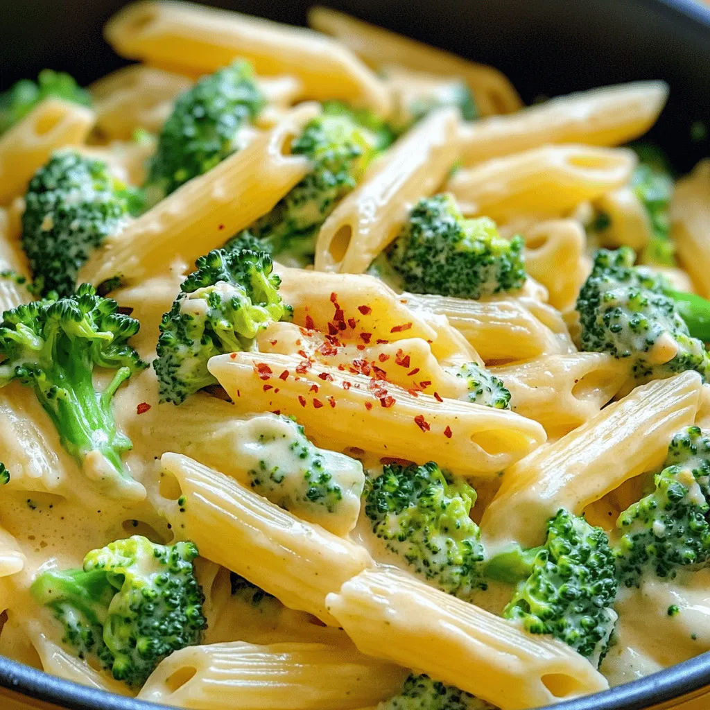 - 2 cups pasta (penne or fusilli work well) - 3 cups fresh broccoli florets - 1 tablespoon olive oil - 2 cloves garlic, minced - 4 cups vegetable broth - 1 cup heavy cream - 2 cups shredded sharp cheddar cheese - 1 teaspoon onion powder - 1 teaspoon garlic powder - Salt and black pepper to taste - Optional: Red pepper flakes for a spicy kick I choose pasta like penne or fusilli because they hold sauce well. Fresh broccoli florets add color and crunch, making the dish vibrant. Olive oil gives a nice base flavor and helps cook the garlic. Minced garlic boosts the taste and aroma of this dish. Vegetable broth adds depth and richness, enhancing the overall flavor. Heavy cream makes the sauce creamy and dreamy while the sharp cheddar cheese adds a rich, tangy taste. Onion powder and garlic powder round out the flavor profile, making it savory and satisfying. Salt and black pepper are essential for seasoning, while red pepper flakes can add a fun kick if you like spice. If you need a gluten-free dish, swap the pasta for gluten-free options. You can use rice or quinoa as alternatives. For a vegan version, replace heavy cream with coconut milk or cashew cream. Use nutritional yeast instead of cheese for a cheesy flavor without dairy. If you are avoiding oil, you can sauté garlic in a little vegetable broth instead. To make One Pot Creamy Broccoli Cheddar Pasta, start by gathering your ingredients. You need pasta, broccoli, garlic, and cheese. 1. Heat the olive oil in a large pot over medium heat. 2. Add minced garlic and sauté for about 1 minute. You want it fragrant, not brown. 3. Next, add the pasta, broccoli florets, vegetable broth, onion powder, garlic powder, salt, and black pepper. Mix well. 4. Bring the pot to a boil. Then, reduce the heat and let it simmer. 5. Cover the pot and cook for 10-12 minutes. Stir occasionally to keep things moving. The pasta should be al dente, and the broccoli tender. 6. When the pasta is ready, lower the heat. Stir in the heavy cream and cheddar cheese. Mix until the cheese melts and the sauce is creamy. 7. Taste and adjust the seasoning. Add more salt, black pepper, or red pepper flakes if you want a kick. 8. Serve right away. You can add extra cheese or red pepper flakes on top if you like. For the best texture, avoid overcooking the pasta. This keeps it chewy and not mushy. Stir the pasta a few times while it cooks. This helps it cook evenly and prevents sticking. If you want a thicker sauce, let it simmer a bit longer after adding the cheese. While I can't provide visuals directly, I recommend checking out cooking videos on platforms like YouTube. Look for "One Pot Creamy Broccoli Cheddar Pasta." Watching the cooking process can help you nail down each step. You can also search for photos on food blogs to see how the dish should look at each stage. To make the sauce creamy, use heavy cream. It gives a rich texture. Add the cheese slowly. This helps it melt evenly. Stir the sauce well while adding the cream and cheese. This keeps it smooth and lump-free. If the sauce is too thick, add a splash of broth. This can help balance the creaminess. To boost the flavor, try adding spices. Red pepper flakes add a nice kick. You can also use fresh herbs like parsley or chives. They give a fresh taste. For more depth, add a squeeze of lemon juice. This will brighten the dish. You can mix in cooked chicken or shrimp for added protein. One common mistake is overcooking the pasta. Keep an eye on it. It should be al dente. Another mistake is not stirring enough. Stirring helps the pasta absorb the flavors better. Lastly, avoid adding all the cheese at once. Adding it slowly helps it melt more smoothly. {{image_2}} You can add protein to your one pot creamy broccoli cheddar pasta. Chicken works well here. Use cooked, shredded chicken to save time. Tofu is a great choice for a plant-based option. Firm tofu adds a nice texture. Just cube it and toss it in during cooking. Both options make the dish heartier and more filling. Feel free to mix in other vegetables. Carrots, peas, or bell peppers can add color and taste. You can even use spinach for a healthy boost. Just add the veggies at the same time as the broccoli. This way, they will cook perfectly without losing their crunch. You can easily make this dish gluten-free. Use gluten-free pasta instead of regular pasta. For a vegan version, swap heavy cream with coconut cream or cashew cream. Use a dairy-free cheese to keep the creamy texture. These changes keep the flavors while meeting dietary needs. Enjoy your meal no matter your diet! To keep your One Pot Creamy Broccoli Cheddar Pasta fresh, store it in an airtight container. Let it cool to room temperature first. Place the container in the fridge. It will stay good for up to three days. If you want to keep it longer, consider freezing. When you're ready to enjoy leftovers, take it out of the fridge. Heat it in a pot over low heat. Stir often to avoid sticking. If the sauce seems thick, add a splash of water or broth. You can also use the microwave. Just cover it with a lid or microwave-safe wrap. Heat in short bursts, stirring in between. To freeze your pasta, let it cool completely first. Then, portion it into freezer-safe bags. Remove as much air as you can before sealing. Label each bag with the date. You can freeze it for up to two months. To reheat, thaw it overnight in the fridge. Then, follow the reheating guidelines above. To make the pasta dish less creamy, you can reduce the amount of heavy cream. Start with half a cup instead of a full cup. You can also add more vegetable broth to keep the dish moist. This way, you keep the flavor while cutting back on creaminess. You might want to add a bit of extra cheese for taste. A sprinkle of nutritional yeast can also add a cheesy flavor without cream. Yes, you can use frozen broccoli. It is a great time saver. Just make sure to thaw it first. Add it to the pot at the same time as the pasta. Frozen broccoli cooks faster, so keep an eye on it. You want it tender but not mushy. This swap keeps the dish easy and tasty. If you want a substitute for heavy cream, you have options. You can use half-and-half for a similar texture. For a lighter option, try milk mixed with a little cornstarch. Coconut milk is great for a dairy-free choice. Silken tofu blended until smooth also works well. Each option changes the flavor a bit, so pick what you like best. This post covered important aspects of creating a creamy pasta dish. I shared a list of key ingredients and explained why each one matters. You learned useful cooking steps and helpful tips for perfect texture. I offered ideas to tweak flavors and avoid common mistakes. In summary, cooking is about exploration and enjoyment. Feel free to adapt the recipe to suit your taste and dietary needs. Enjoy your culinary adventure!