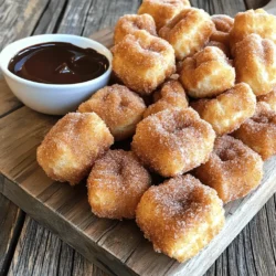 To make these churro bites, you will need: - 1 cup water - 2 tablespoons unsalted butter - 1 tablespoon granulated sugar - 1/4 teaspoon salt - 1 cup all-purpose flour - 2 large eggs - 1 teaspoon vanilla extract - Oil for frying - 1/2 cup granulated sugar (for coating) - 1 tablespoon ground cinnamon These basic ingredients work together to create a soft and tasty dough. The butter adds richness, while the eggs give it structure. The sugar and cinnamon make the churros sweet and flavorful. You can add some fun twists to your churro bites: - Nutmeg for a warm spice - Orange zest for a citrus kick - Cocoa powder for a chocolatey flavor Feel free to mix in these extras to create your unique churro bites. They can change the taste and make your bites even more fun! You will need a few tools to prepare these churro bites: - Medium saucepan - Wooden spoon - Piping bag with a large star tip - Deep pot or fryer - Slotted spoon - Paper towels Having the right equipment makes the cooking process smoother. A piping bag helps shape the churro bites perfectly, while a deep pot ensures even frying. Start by grabbing a medium saucepan. Add 1 cup of water, 2 tablespoons of unsalted butter, 1 tablespoon of granulated sugar, and 1/4 teaspoon of salt. Place the saucepan over medium-high heat. Stir the mixture as it heats. Watch closely! Once it begins to boil, remove it from the heat. This step is key to getting the right texture for your churro bites. Now it’s time to add the flour. Quickly add 1 cup of all-purpose flour all at once into the hot mixture. Use a wooden spoon to stir hard. You want the dough to form a ball and pull away from the sides of the pan. Allow the dough to cool for about 5 minutes. Next, add 2 large eggs one at a time. Mix well after each addition. Finally, stir in 1 teaspoon of vanilla extract. This gives your churros a lovely flavor. Heat oil in a deep pot or fryer to 375°F (190°C). This is the perfect temperature for frying. Once the oil is hot, transfer the churro dough into a piping bag fitted with a large star tip. Carefully squeeze out small bites of dough, about 1 inch wide, into the oil. Fry the churro bites in batches. Keep an eye on them! They should fry for about 2-3 minutes until they turn golden brown. Use a slotted spoon to remove them and let them drain on paper towels. While the churro bites are still warm, it’s time for the fun part! In a separate bowl, mix 1/2 cup of granulated sugar with 1 tablespoon of ground cinnamon. Toss the warm churro bites in this cinnamon sugar until they are fully coated. This step makes them sweet and irresistible. Serve them right away for the best taste! To get the best texture in your churro bites, focus on the dough. Make sure you stir the mixture well after adding the flour. It should form a smooth ball that pulls away from the pan. Letting the dough cool is key. Give it about five minutes before adding the eggs. This helps keep the churros from getting too runny. When you fry them, the oil must be hot. Aim for 375°F (190°C). This heat helps them puff up and get crispy. One common mistake is adding too much flour. Measure carefully to keep the dough light. Another mistake is not letting the oil heat enough. If it’s too cool, the churros will soak up oil and become greasy. Make sure to fry in small batches. Overcrowding the pot will drop the oil temperature, and your bites won’t cook evenly. Lastly, coat the churros in cinnamon sugar while they are warm. This helps the sugar stick better. Churro bites taste amazing on their own, but a sauce can add fun! Chocolate sauce is a classic choice. It adds rich flavor and sweetness. Caramel sauce is another great option, offering a nice, buttery taste. You could also try a simple vanilla glaze. Mix powdered sugar with milk and vanilla for a quick dip. Feel free to get creative and try different sauces! {{image_2}} To make chocolate-filled churro bites, you need a sweet surprise inside. After you prepare the dough, add chocolate chips or chocolate ganache into the center. Pipe the dough around the chocolate, sealing it well. Fry these bites just like the regular ones. When you bite in, you will taste the warm, melty chocolate. It makes for a fun treat! For spiced churro bites, you can add more flavors to the dough. Mix in 1/2 teaspoon of nutmeg or cardamom to the flour before cooking. This gives your churros a warm, cozy taste. You can also use different spices in the cinnamon-sugar coating. Try adding ginger or allspice to shake things up! If you need gluten-free churros, you can easily swap the flour. Use a gluten-free all-purpose flour blend instead. Make sure it has xanthan gum in it. This helps the churro bites hold their shape. Follow the same steps as the regular recipe. Your churro bites will still taste amazing and be safe for those with gluten sensitivities. To keep leftover churro bites fresh, place them in an airtight container. This works best at room temperature. For short-term storage, they can last about two days without getting too soggy. If you want to keep them longer, consider refrigerating them. However, they may lose some of their crispy texture. When you reheat churro bites, you want them crispy again. The best way is to use an oven. Preheat your oven to 350°F (175°C). Spread the churro bites on a baking sheet without crowding them. Heat for about 5-7 minutes until they are warm and crispy. Avoid the microwave, as it makes them soft. If you want to freeze churro bites, let them cool completely first. Place them on a baking sheet in a single layer, then freeze until solid. After that, transfer them to a freezer bag or airtight container. They can last up to three months in the freezer. When ready to enjoy, reheat them in the oven as described above. This keeps them tasty and fun! Churros are sweet, fried dough snacks. They are crispy on the outside and soft on the inside. Traditionally, churros are long and shaped like sticks. They get their flavor from sugar and cinnamon. You often see them served with chocolate sauce for dipping. Churros are popular in many countries, especially in Spain and Mexico. You can enjoy them at fairs, festivals, or make them at home. Yes, you can make churros without eggs! The eggs help with the texture, making them light and fluffy. If you skip the eggs, use a mix of flour and water. You can add a bit of baking powder for extra lift. This will change the flavor and texture a little, but they can still be tasty. Many people enjoy eggless churros, especially if they have allergies. You can find ready-made churro bites at some grocery stores. Look in the frozen dessert aisle or the bakery section. Many restaurants and food trucks serve churros, too. You can also check online for brands that sell churros. If you want a quick snack, these options can save you time. Just remember to heat them up before enjoying! You learned how to make tasty cinnamon sugar churro bites. We covered essential and optional ingredients, useful equipment, and cooking steps. I shared tips to ensure great texture and avoid common errors. You also discovered fun flavor variations and how to store leftovers. Churro bites are fun to make and enjoy. With practice, your bites will impress everyone.