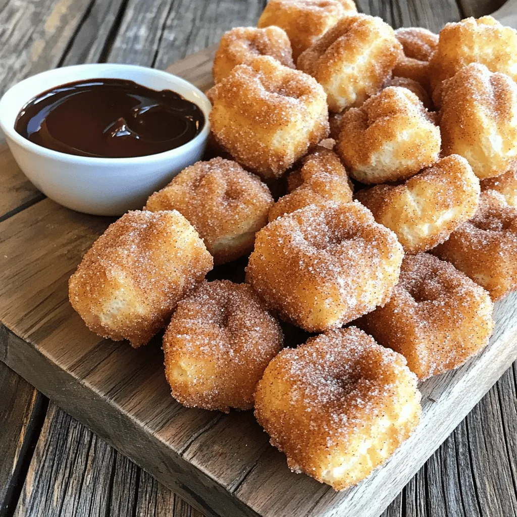 To make these churro bites, you will need: - 1 cup water - 2 tablespoons unsalted butter - 1 tablespoon granulated sugar - 1/4 teaspoon salt - 1 cup all-purpose flour - 2 large eggs - 1 teaspoon vanilla extract - Oil for frying - 1/2 cup granulated sugar (for coating) - 1 tablespoon ground cinnamon These basic ingredients work together to create a soft and tasty dough. The butter adds richness, while the eggs give it structure. The sugar and cinnamon make the churros sweet and flavorful. You can add some fun twists to your churro bites: - Nutmeg for a warm spice - Orange zest for a citrus kick - Cocoa powder for a chocolatey flavor Feel free to mix in these extras to create your unique churro bites. They can change the taste and make your bites even more fun! You will need a few tools to prepare these churro bites: - Medium saucepan - Wooden spoon - Piping bag with a large star tip - Deep pot or fryer - Slotted spoon - Paper towels Having the right equipment makes the cooking process smoother. A piping bag helps shape the churro bites perfectly, while a deep pot ensures even frying. Start by grabbing a medium saucepan. Add 1 cup of water, 2 tablespoons of unsalted butter, 1 tablespoon of granulated sugar, and 1/4 teaspoon of salt. Place the saucepan over medium-high heat. Stir the mixture as it heats. Watch closely! Once it begins to boil, remove it from the heat. This step is key to getting the right texture for your churro bites. Now it’s time to add the flour. Quickly add 1 cup of all-purpose flour all at once into the hot mixture. Use a wooden spoon to stir hard. You want the dough to form a ball and pull away from the sides of the pan. Allow the dough to cool for about 5 minutes. Next, add 2 large eggs one at a time. Mix well after each addition. Finally, stir in 1 teaspoon of vanilla extract. This gives your churros a lovely flavor. Heat oil in a deep pot or fryer to 375°F (190°C). This is the perfect temperature for frying. Once the oil is hot, transfer the churro dough into a piping bag fitted with a large star tip. Carefully squeeze out small bites of dough, about 1 inch wide, into the oil. Fry the churro bites in batches. Keep an eye on them! They should fry for about 2-3 minutes until they turn golden brown. Use a slotted spoon to remove them and let them drain on paper towels. While the churro bites are still warm, it’s time for the fun part! In a separate bowl, mix 1/2 cup of granulated sugar with 1 tablespoon of ground cinnamon. Toss the warm churro bites in this cinnamon sugar until they are fully coated. This step makes them sweet and irresistible. Serve them right away for the best taste! To get the best texture in your churro bites, focus on the dough. Make sure you stir the mixture well after adding the flour. It should form a smooth ball that pulls away from the pan. Letting the dough cool is key. Give it about five minutes before adding the eggs. This helps keep the churros from getting too runny. When you fry them, the oil must be hot. Aim for 375°F (190°C). This heat helps them puff up and get crispy. One common mistake is adding too much flour. Measure carefully to keep the dough light. Another mistake is not letting the oil heat enough. If it’s too cool, the churros will soak up oil and become greasy. Make sure to fry in small batches. Overcrowding the pot will drop the oil temperature, and your bites won’t cook evenly. Lastly, coat the churros in cinnamon sugar while they are warm. This helps the sugar stick better. Churro bites taste amazing on their own, but a sauce can add fun! Chocolate sauce is a classic choice. It adds rich flavor and sweetness. Caramel sauce is another great option, offering a nice, buttery taste. You could also try a simple vanilla glaze. Mix powdered sugar with milk and vanilla for a quick dip. Feel free to get creative and try different sauces! {{image_2}} To make chocolate-filled churro bites, you need a sweet surprise inside. After you prepare the dough, add chocolate chips or chocolate ganache into the center. Pipe the dough around the chocolate, sealing it well. Fry these bites just like the regular ones. When you bite in, you will taste the warm, melty chocolate. It makes for a fun treat! For spiced churro bites, you can add more flavors to the dough. Mix in 1/2 teaspoon of nutmeg or cardamom to the flour before cooking. This gives your churros a warm, cozy taste. You can also use different spices in the cinnamon-sugar coating. Try adding ginger or allspice to shake things up! If you need gluten-free churros, you can easily swap the flour. Use a gluten-free all-purpose flour blend instead. Make sure it has xanthan gum in it. This helps the churro bites hold their shape. Follow the same steps as the regular recipe. Your churro bites will still taste amazing and be safe for those with gluten sensitivities. To keep leftover churro bites fresh, place them in an airtight container. This works best at room temperature. For short-term storage, they can last about two days without getting too soggy. If you want to keep them longer, consider refrigerating them. However, they may lose some of their crispy texture. When you reheat churro bites, you want them crispy again. The best way is to use an oven. Preheat your oven to 350°F (175°C). Spread the churro bites on a baking sheet without crowding them. Heat for about 5-7 minutes until they are warm and crispy. Avoid the microwave, as it makes them soft. If you want to freeze churro bites, let them cool completely first. Place them on a baking sheet in a single layer, then freeze until solid. After that, transfer them to a freezer bag or airtight container. They can last up to three months in the freezer. When ready to enjoy, reheat them in the oven as described above. This keeps them tasty and fun! Churros are sweet, fried dough snacks. They are crispy on the outside and soft on the inside. Traditionally, churros are long and shaped like sticks. They get their flavor from sugar and cinnamon. You often see them served with chocolate sauce for dipping. Churros are popular in many countries, especially in Spain and Mexico. You can enjoy them at fairs, festivals, or make them at home. Yes, you can make churros without eggs! The eggs help with the texture, making them light and fluffy. If you skip the eggs, use a mix of flour and water. You can add a bit of baking powder for extra lift. This will change the flavor and texture a little, but they can still be tasty. Many people enjoy eggless churros, especially if they have allergies. You can find ready-made churro bites at some grocery stores. Look in the frozen dessert aisle or the bakery section. Many restaurants and food trucks serve churros, too. You can also check online for brands that sell churros. If you want a quick snack, these options can save you time. Just remember to heat them up before enjoying! You learned how to make tasty cinnamon sugar churro bites. We covered essential and optional ingredients, useful equipment, and cooking steps. I shared tips to ensure great texture and avoid common errors. You also discovered fun flavor variations and how to store leftovers. Churro bites are fun to make and enjoy. With practice, your bites will impress everyone.