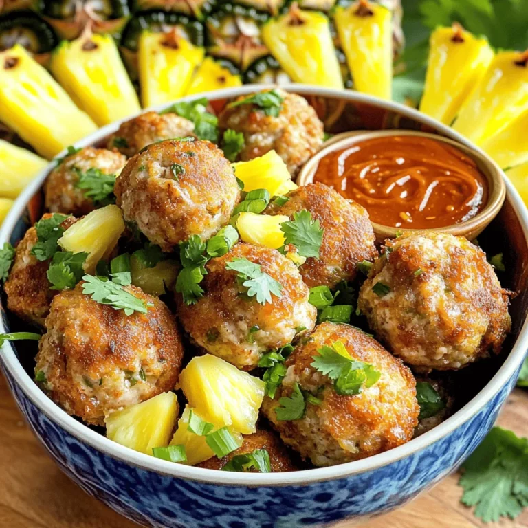 - 1 pound ground chicken (or turkey) - 1/2 cup breadcrumbs - 1/4 cup finely chopped green onions - 1/4 cup crushed pineapple (drained) - 1 egg - 2 tablespoons soy sauce - 2 tablespoons sweet chili sauce - 1 teaspoon garlic powder - 1/2 teaspoon ginger powder - Salt and pepper to taste These ingredients form the base of your sweet chili pineapple meatballs. Ground chicken or turkey gives you a lean protein. Breadcrumbs help bind the mixture and add texture. The green onions add a fresh taste that brightens each bite. Now, let’s add some sweetness and flavor. Crushed pineapple brings a juicy burst that pairs perfectly with the meat. The egg binds it all together, while soy sauce enhances the umami flavor. For seasoning, sweet chili sauce gives a hint of heat and sweetness. Garlic powder adds depth, and ginger powder gives warmth. The salt and pepper balance all the flavors. Gather these ingredients, and you’re ready to create something delicious. Remember, you can always switch proteins or adjust the seasonings to fit your taste! To start, grab a large mixing bowl. Add these ingredients: - 1 pound ground chicken (or turkey) - 1/2 cup breadcrumbs - 1/4 cup finely chopped green onions - 1/4 cup crushed pineapple (drained) - 1 egg - 2 tablespoons soy sauce - 2 tablespoons sweet chili sauce - 1 teaspoon garlic powder - 1/2 teaspoon ginger powder - Salt and pepper to taste Use your hands to mix everything well. This helps combine all the flavors. Be gentle, though! Overworking the mix makes the meatballs tough. You want a soft and tender texture. Next, preheat your oven to 400°F (200°C). This step ensures even cooking. While the oven heats, roll the mixture into small meatballs. Aim for about 1 inch in diameter. This size cooks evenly and is easy to eat. Place the meatballs on a baking sheet lined with parchment paper for easy cleanup. Now it’s time to bake! Slide the baking sheet into the oven. Bake the meatballs for 20-25 minutes. You want them golden brown and cooked through. A good test is to check their color. They should look nice and brown. You can also use a meat thermometer to check. The inside should reach 165°F (74°C) for safety. Enjoy the sweet and spicy aroma while they bake! To keep your meatballs moist, do not overmix the ingredients. Mix until just combined. This keeps them tender. You can also add a bit more crushed pineapple for added moisture. For alternative cooking methods, you can fry the meatballs. Heat a tablespoon of vegetable oil in a pan. Cook the meatballs on medium heat until they are golden brown and cooked through. This adds a nice crispy exterior. You can make a quick dipping sauce by mixing sweet chili sauce with crushed pineapple. This adds a sweet and tangy kick. For extra flavor, add some lime juice or a dash of soy sauce. You could also mix in fresh herbs like cilantro or mint. These herbs can really enhance the taste of your sauce. Experiment with your favorite flavors! For a fun way to serve, use a festive bowl. Place the meatballs inside and drizzle with dipping sauce. You can also use skewers for easy serving. Garnish with fresh cilantro for a pop of color. You can even arrange pineapple wedges around the bowl. This creates an eye-catching centerpiece that draws everyone in! {{image_2}} You can change the proteins in this recipe. Use ground beef or pork instead of chicken. For a plant-based option, try ground turkey or a meat substitute. This way, you can make the dish fit your taste or needs. If you need gluten-free meatballs, swap out regular breadcrumbs for gluten-free ones. This change keeps the texture while making it safe for gluten-free diets. Want more heat? Add chili flakes or fresh herbs like cilantro or basil. These will give your meatballs a bright kick. You can also switch up the sweetness. Add more crushed pineapple for a sweet and tangy flavor. A splash of lime juice can also enhance the taste. These meatballs are great with rice or noodles. Serve them over a bed of steamed rice to soak up the sauce. You can also toss them with noodles for a hearty meal. They work well as appetizers, too. Serve them with toothpicks for easy eating. Drizzle extra sweet chili sauce for dipping to make them even more delicious. To keep your sweet chili pineapple meatballs fresh, store them in an airtight container. Place them in the refrigerator within two hours of cooking. This helps prevent bacteria growth. You can keep the meatballs in the fridge for up to three days. Label the container with the date to track freshness. If you want to save meatballs for later, freezing is a great option. First, let the meatballs cool completely. Then, place them on a baking sheet in a single layer. Freeze them for about an hour. Once frozen, transfer the meatballs to a freezer-safe bag or container. They can last in the freezer for up to three months. To thaw, move them to the fridge overnight. Reheat them when ready to serve. When reheating, you have two main options: the oven or the microwave. For the oven, preheat it to 350°F (175°C). Place the meatballs in a baking dish with a splash of water to keep them moist. Heat for about 15 minutes. If using the microwave, place the meatballs on a plate and cover them with a damp paper towel. Heat in short bursts, checking each time. This keeps them juicy and tasty. Choose the method that works best for you! Yes, you can use frozen ground chicken. Just thaw it completely before mixing. The best way to thaw it is in the fridge overnight. If you're in a hurry, you can use the microwave on the defrost setting. Once it's thawed, follow the recipe as usual. To check if your meatballs are done, use a meat thermometer. The inside should reach 165°F (74°C). If you don't have a thermometer, cut one meatball in half. The center should be no longer pink, and the juices should run clear. Absolutely! You can prepare the meatballs a day ahead. Just roll them into balls and store them in the fridge. When you're ready, bake them as directed. You can also freeze the uncooked meatballs. Just place them on a baking sheet, freeze, then transfer to a freezer bag. Cook from frozen; just add a few extra minutes to the baking time. In this blog post, we explored making delicious meatballs using ground chicken, breadcrumbs, and green onions. I shared tips for mixing, baking, and keeping your meatballs moist. You can also customize these meatballs with different meats or flavors. Remember to store leftovers properly and consider serving them with rice or noodles. With these steps and ideas, you can create a fun and tasty meal. Enjoy experimenting with your own meatball creations!