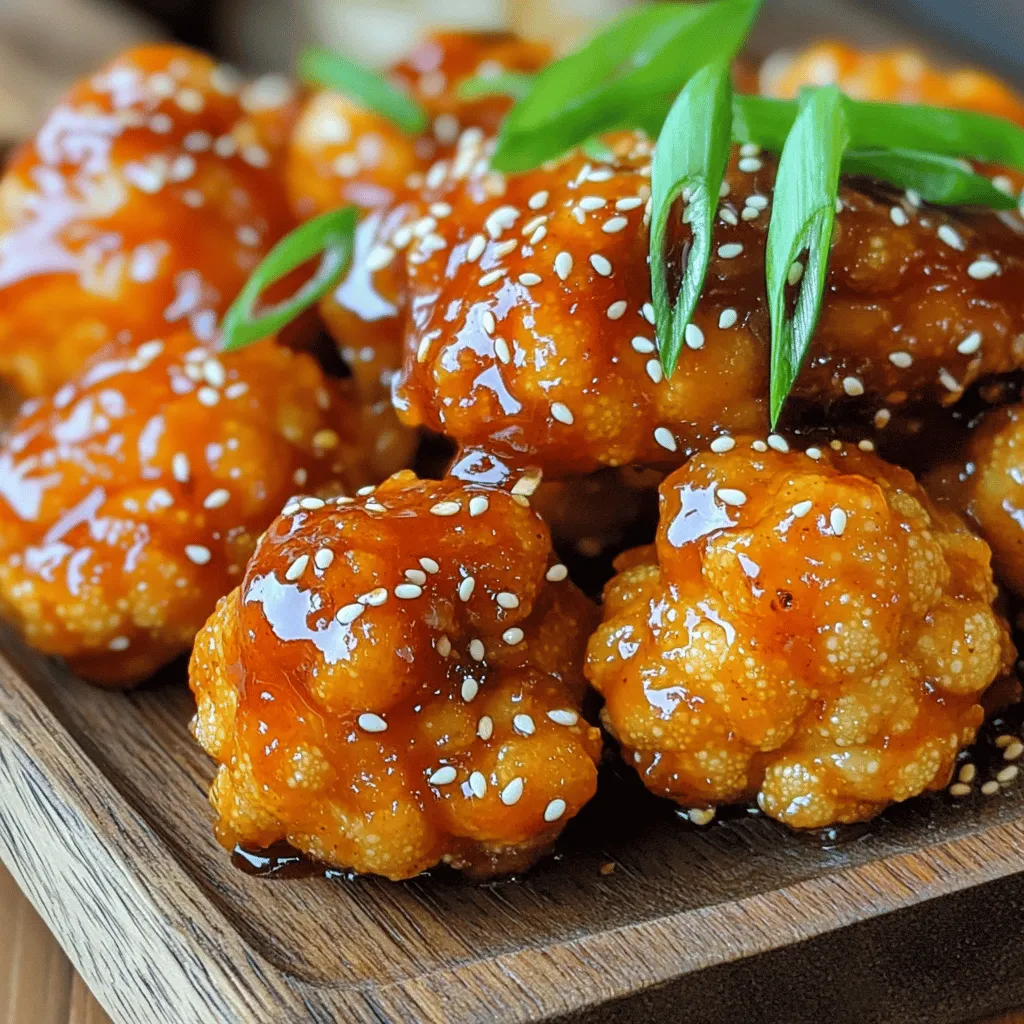 - 1 medium cauliflower, cut into bite-sized florets - ¾ cup all-purpose flour - ½ cup cornmeal - 1 teaspoon garlic powder - 1 teaspoon paprika - ½ teaspoon salt - ½ teaspoon black pepper - 1 cup water (adjust for batter consistency) - 1 tablespoon olive oil - ¼ cup honey - 3 cloves garlic, minced - 2 tablespoons soy sauce - 1 tablespoon apple cider vinegar - 1 teaspoon ground ginger - 1 tablespoon sesame seeds (for garnish) - Chopped green onions - Additional sesame seeds I love gathering my ingredients before cooking. It makes everything easier and more fun. Start with a medium cauliflower. Cut it into small florets. This way, they cook evenly and get crispy. Next, grab your dry ingredients: all-purpose flour, cornmeal, garlic powder, paprika, salt, and black pepper. Mix these in a bowl. This blend gives the wings a nice crunch. Now, for the batter, add water. You want it to be smooth, like pancake batter. Adjust the amount of water if needed. It should coat the florets well. For the honey garlic sauce, you need honey, minced garlic, soy sauce, apple cider vinegar, and ground ginger. This sauce adds sweetness and a savory kick. Finally, have sesame seeds ready for garnish. These add a nice touch and crunch. Optional garnishes like chopped green onions can enhance the flavor too. Trust me, they make a great addition! Now that you have all your ingredients, you're ready to start cooking this delightful dish. - Preheat the oven to 450°F (230°C). - Line a baking sheet with parchment paper. Start by getting your oven nice and hot. This helps the cauliflower wings crisp up perfectly. Lining the baking sheet makes cleanup easy and keeps the wings from sticking. - Combine flour, cornmeal, garlic powder, paprika, salt, and black pepper. - Gradually whisk in water to achieve batter consistency. In a mixing bowl, add the flour, cornmeal, garlic powder, paprika, salt, and black pepper. Mix them well. Then, slowly whisk in the water. You want the batter to be thick but pourable, much like pancake batter. This will give your wings a great coating. - Dip cauliflower florets into the batter and arrange on the baking sheet. - Drizzle with olive oil and bake for 20-25 minutes, flipping halfway. Take each cauliflower floret and dip it into the batter. Let the extra batter drip off. Place the coated florets on your prepared baking sheet. Once they are all on the sheet, drizzle with olive oil. Bake for about 20-25 minutes. Halfway through, flip them to ensure they become golden and crispy all around. - Cook honey, minced garlic, soy sauce, apple cider vinegar, and ginger in a saucepan. While your cauliflower bakes, grab a small saucepan. Combine honey, minced garlic, soy sauce, apple cider vinegar, and ground ginger. Cook this over medium heat. Stir it constantly for about 3-5 minutes until it thickens slightly. This sauce adds an amazing sweet and savory flavor. - Combine baked cauliflower with honey garlic sauce and toss to coat. - Serve with garnishes. Once your cauliflower is crispy, put it into a large bowl. Pour the honey garlic sauce over the cauliflower and toss gently. Make sure each piece is coated in that delicious sauce. Serve your wings on a platter. You can garnish with sesame seeds or chopped green onions for added flair. Enjoy your crispy honey garlic cauliflower wings! To get crispy cauliflower, flipping is key. When baking, turn them halfway through cooking. This helps all sides crisp up nicely. For the batter, aim for a smooth texture. It should be like pancake batter, not too thick or thin. Adjust the water as needed for the right consistency. You can adjust the sweetness of the honey garlic sauce. Add more honey if you want it sweeter. If you like it thicker, simmer it longer to reduce. For extra flavor, try adding a pinch of chili flakes or a splash of lime juice. These small changes make a big impact. These cauliflower wings pair well with many sides. Try serving them with a fresh salad or crispy fries. For dipping sauces, ranch or blue cheese work great. You can also serve a sweet chili sauce for a fun twist. Each bite will be a flavor explosion! {{image_2}} To make these wings vegan, you can swap honey for maple syrup or agave. Both will give you a sweet taste that works well with the garlic. You can also try other sauces for a different flavor. For example, a spicy chili sauce or a tangy barbecue sauce can enhance your wings. For extra crunch, add panko breadcrumbs to your batter. You can sprinkle these on top of your wings before baking for a crispy finish. If you like heat, mix in chili powder or sriracha to your batter. This will give your wings a nice kick. Cauliflower is great, but you can also use broccoli or other veggies. Broccoli florets bake well and soak up the sauce nicely. You can create a mixed vegetable platter by using a variety of veggies. This adds color and flavor to your dish while keeping it fun and interesting. To store leftover crispy cauliflower wings, let them cool first. Place them in an airtight container. This keeps them fresh. Try to eat them within 3 days. Keeping them too long may make them soggy. Glass or plastic containers with lids work best for storage. For best results, reheat your wings in the oven. Preheat your oven to 350°F (175°C). Spread the wings on a baking sheet. Heat them for about 10-15 minutes. This method keeps them crispy. Microwaving works too, but it may make them soft. If you choose to microwave, heat in short bursts. You can freeze cauliflower wings before or after cooking. If freezing before cooking, coat them in batter first. Place them in a single layer on a baking sheet. Freeze until solid, then transfer to a freezer bag. If freezing after cooking, let them cool completely. Store them in an airtight container. To thaw frozen wings, place them in the fridge overnight. If you're in a hurry, you can microwave them on low power. Just be careful not to overheat them, or they may lose their crispiness. Crispy honey garlic cauliflower wings last about 3 to 4 days in the fridge. To keep them fresh, place them in an airtight container. This helps maintain their taste and texture. Reheat them in the oven for the best results. Yes, you can make the batter ahead of time. Mix the dry ingredients and store them in the fridge. When you're ready to cook, just add the water to the mix. This saves time and keeps the batter fresh. Absolutely! You can use gluten-free flour instead of all-purpose flour. Almond flour or chickpea flour works well too. Just make sure to adjust the water amount for the right batter thickness. These cauliflower wings pair well with many sauces. Here are a few great options: - Ranch dressing - Blue cheese dressing - Spicy sriracha sauce - Creamy avocado dip - Sweet chili sauce To add heat, mix in chili powder or cayenne pepper into the batter. You can also drizzle hot sauce over the wings after tossing them in the honey garlic sauce. For more spice, serve with a spicy dipping sauce too. In this post, we explored how to make crispy honey garlic cauliflower wings. We covered ingredient details, step-by-step instructions, and helpful tips. You can enjoy this tasty dish in various ways. Remember, you can switch honey for maple syrup for a vegan option or try different veggies. These wings are perfect for snacks or meals, offering flavor and crunch. With these tips, you'll impress everyone at your next gathering. Happy cooking!