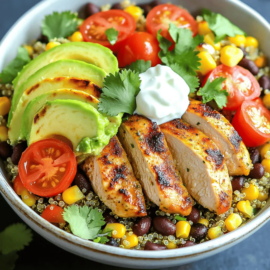 For a tasty meal, start with these key ingredients: - 2 chicken breasts, boneless and skinless - 1 cup quinoa, rinsed and drained - 1 can black beans, drained and rinsed - 1 cup corn, frozen or canned These ingredients form a solid base for your burrito bowls. The chicken provides protein, while quinoa adds fiber and texture. Black beans and corn bring flavor and color. To elevate your bowls, include these flavor boosters: - Zest and juice of 2 limes - 1 teaspoon ground cumin - 1 teaspoon garlic powder - Fresh vegetables like red bell pepper - Fresh herbs, such as cilantro The lime gives a fresh zing, while cumin and garlic add warmth. Fresh veggies enhance crunch and taste, making every bite exciting. For extra creaminess and flavor, consider these optional toppings: - 1/2 cup Greek yogurt or sour cream - 1 avocado, sliced - 1 cup cherry tomatoes, halved These components add richness and a bright pop of color. They can also provide balance to the bold flavors in your bowl. Enjoy customizing your burrito bowls with these tasty options! To start, I make the marinade. In a medium bowl, I mix together olive oil, lime zest, lime juice, cumin, garlic powder, salt, and pepper. I ensure everything blends well. I then add the chicken breasts, making sure they get a good coat of marinade. I let the chicken marinate for at least 15 minutes. This helps the flavors soak in. While the chicken marinates, I cook the quinoa. I bring vegetable broth or water to a boil in a medium saucepan. Next, I add the rinsed quinoa. I cover the pot, reduce the heat, and let it simmer for about 15 minutes. I check that the liquid has absorbed fully. After cooking, I fluff the quinoa with a fork and set it aside. I preheat my grill pan or skillet over medium-high heat. I place the marinated chicken on the hot surface. I cook the chicken for 6 to 8 minutes on each side. I check that the internal temperature reaches 165°F (75°C) to ensure it's cooked. Once done, I remove it from heat and let it rest for 5 minutes before slicing. In a large bowl, I mix the cooked quinoa, black beans, corn, diced red bell pepper, and half of the chopped cilantro. I stir everything together until it's well combined. To assemble the burrito bowls, I layer the quinoa mixture at the bottom of each bowl. I then add the sliced chicken, cherry tomatoes, and avocado on top. Finally, I garnish with the remaining cilantro and a dollop of Greek yogurt or sour cream, if I choose. Each bowl looks vibrant and inviting. To keep your chicken juicy, marinate it well. Use lime juice and olive oil. This mixture adds flavor and moisture. Cook the chicken on medium-high heat. Avoid overcooking; aim for 6-8 minutes per side. Check the chicken's inside temperature. It should reach 165°F (75°C). Let it rest for 5 minutes before slicing. This resting time helps it stay moist. You can swap ingredients based on your taste. Try brown rice instead of quinoa for a different texture. If you want a vegetarian option, use grilled tofu or tempeh. Fresh veggies like kale or spinach can add color and nutrients. For a kick, add jalapeños or a dash of hot sauce. Extra toppings like shredded cheese or olives can make it special. For best storage, use airtight containers. Divide the bowls into portions for easy meals. Store in the fridge for up to four days. When reheating, add a splash of water to keep it from drying out. Microwave each bowl for 1-2 minutes until hot. If you freeze, use freezer-safe containers. Thaw overnight in the fridge before reheating. {{image_2}} If you want a vegetarian version of Cilantro Lime Chicken Burrito Bowls, you can swap the chicken for tofu or tempeh. These options provide great protein. Just marinate them like you would the chicken. For a vegan alternative, use chickpeas or lentils. They add fiber and a nice texture. Both options work well with the spices and flavors in the recipe. Adding spices can take your burrito bowls to the next level. Try smoked paprika for a smoky taste. You can also add chili powder for some heat. Fresh herbs like oregano or basil can brighten up the dish too. You can mix in different veggies to keep things exciting. Roasted zucchini or sautéed mushrooms can add depth. Spinach or kale can boost the nutrition and color. You can serve these ingredients in a bowl or wrap them in a tortilla. A burrito wrap is fun and portable. Bowls allow you to layer flavors and enjoy each bite. For side dishes, consider chips with salsa or a fresh salad. These complement the flavors well. You can also serve with pickled jalapeños for a spicy kick. To keep your burrito bowls fresh, store them in the fridge. Use airtight containers for best results. Make sure to separate ingredients if possible. This helps keep your flavors fresh. If you mix everything together, the quinoa may absorb too much moisture. You can freeze the chicken and quinoa. First, let them cool completely. Place them in freezer-safe bags or containers. Remove as much air as possible. For thawing, place them in the fridge overnight. You can reheat them in the microwave or on the stove. Add a splash of water to keep them moist. These burrito bowls last about 3-4 days in the fridge. If the chicken or quinoa smells off, it’s best to throw it out. Look for changes in color or texture as signs too. Always trust your senses; safety first! You can use brown rice, cauliflower rice, or farro. Each option gives a different taste and texture. Brown rice adds more fiber. Cauliflower rice is low in carbs. Farro brings a nutty flavor. Always check cooking times, as they may vary. Yes, this recipe is great for meal prep. You can marinate the chicken a day before. Cook the quinoa and store it in the fridge. Assemble the bowls just before serving. This keeps everything fresh and tasty. Store leftovers in airtight containers. This keeps moisture in and air out. Place bowls in the fridge for up to four days. To reheat, use the microwave or stovetop. Add a splash of water to keep it moist. Absolutely! This recipe can easily fit many diets. For gluten-free, ensure all ingredients are certified. Replace chicken with tofu or beans for a vegan dish. You can skip the yogurt for dairy-free options, too. Adjust as needed to fit your needs. You now have all the steps to make delicious cilantro lime chicken burrito bowls. We covered essential ingredients, how to prepare each item, and tasty variations. You learned tips to avoid dryness and how to store your leftovers well. Remember, customizing this dish for your tastes is part of the fun. Whether you stick with chicken or try vegetarian options, enjoy every bite. Happy cooking!