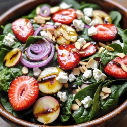- 4 cups fresh baby spinach - 1 cup strawberries, hulled and sliced - 1/4 red onion, thinly sliced First, we start with fresh produce. The baby spinach is the base of the salad. It offers a mild taste and lots of vitamins. Next, strawberries add a sweet burst of flavor. Their bright color makes the dish pop. Adding sliced red onion gives a nice crunch and a bit of bite. - 1/2 cup feta cheese, crumbled - 1/4 cup almonds, sliced or slivered Now, let’s talk dairy and nuts. Feta cheese brings a creamy texture and salty flavor. It pairs well with the sweetness of the strawberries. Almonds add a nutty crunch. They also provide healthy fats. This mix creates a delightful contrast in the salad. - 1/4 cup balsamic glaze - 2 tablespoons olive oil - Salt and pepper to taste For the dressing, we use balsamic glaze and olive oil. The glaze adds a sweet tang, while olive oil gives richness. A pinch of salt and pepper enhances all the flavors. Together, they tie the salad together beautifully. This balance of flavors and textures makes the Spinach Strawberry Feta Salad so enjoyable. Each bite is fresh and vibrant, perfect for any meal. - Step 1: Prepare the Base Start by taking a large salad bowl. Add 4 cups of fresh baby spinach as your base. This leafy green provides a crisp and healthy start. - Step 2: Layer the Ingredients Next, layer your ingredients. Top the spinach with 1 cup of hulled and sliced strawberries. Then, sprinkle 1/2 cup of crumbled feta cheese over the strawberries. Finally, add 1/4 cup of sliced almonds for a nice crunch. - Step 3: Make the Dressing In a small bowl, mix 1/4 cup of balsamic glaze with 2 tablespoons of olive oil. This dressing will add a sweet and tangy flavor to your salad. - Step 4: Add the Dressing Drizzle the dressing over the layered salad. The glaze and oil will help tie all the flavors together. - Step 5: Toss the Salad Gently toss the salad. Make sure every piece is coated with the dressing. This step is key for mixing the flavors well. - How to Present the Salad Serve the salad immediately for the best taste. Use a large bowl or individual plates to show off the bright colors. - Ideal Pairings for the Salad This salad pairs well with grilled chicken or fish. You can also serve it with crusty bread for a complete meal. Enjoy! Using fresh ingredients makes a big difference. Fresh baby spinach adds crispness. Strawberries bring a sweet touch. Feta cheese gives a creamy bite. I always choose ripe strawberries for the best taste. You can add nuts, fruits, or proteins to mix things up. Almonds add crunch and healthy fats. Try walnuts or pecans for a different flavor. You can even add grilled chicken for extra protein. The best time to serve this salad is right after mixing. It tastes best when fresh. If you have leftovers, store them in a sealed container in the fridge. Use them within a day for the best quality. Choose a big, colorful serving bowl to show off your salad. A glass bowl lets the vibrant colors shine. For garnishing, sprinkle some extra feta on top. Add a few whole strawberries for a pretty touch. This makes the salad look even more inviting! {{image_2}} You can change the fruits in this salad based on the season. In winter, try using oranges or pomegranates. These fruits add a nice twist and keep the salad fresh. In summer, peaches work well too. They bring a sweet touch to each bite. Other cheese options can also enhance the flavor. If you want a change from feta, try goat cheese or blue cheese. Each brings its own unique taste. Goat cheese adds creaminess, while blue cheese offers a bold flavor. Making your own dressing can be fun and easy. You can mix yogurt with herbs for a creamy option. This adds a nice tang to the salad. For a lighter taste, try mixing olive oil with lemon juice. This simple dressing keeps it fresh and bright. Vinaigrette variations can also add flair. You can use flavored vinegars, like raspberry or apple cider. These give a sweet and tart kick. Adding honey or mustard can create a nice balance too. If you need a gluten-free option, this salad is already a great choice. Just make sure your balsamic glaze is gluten-free. Most brands are, but it's good to check. For those who follow a vegan diet, you can swap the feta cheese for tofu. Crumbled tofu can mimic the texture of feta well. You can also use a vegan dressing to keep it plant-based. Enjoy this salad while keeping your dietary needs in mind. Each serving of this salad has about 170 calories. It contains roughly 6 grams of protein, 14 grams of carbs, and 11 grams of fat. The feta adds creaminess, while the almonds give a nice crunch. This mix keeps the salad tasty and filling, perfect for any meal. Spinach is a superfood packed with vitamins A, C, and K. It helps your bones and keeps your skin healthy. It also has iron, which is good for your blood. Strawberries are low in calories and high in fiber. They are great for your heart and help with digestion. Feta cheese has protein and calcium, which are good for your bones. It adds a salty flavor that pairs well with sweet strawberries. A good serving size is about 1.5 cups of salad. This size is great for lunch or as a side. This salad fits well into a balanced diet. It has greens, fruits, and protein. You can enjoy it without feeling guilty! Can I make this salad ahead of time? Yes, you can make this salad ahead of time. To keep it fresh, store the salad without the dressing. When ready to eat, just drizzle on the dressing and toss. This keeps the spinach crisp and the flavors bright. What are some good toppings for this salad? You can add many toppings to this salad. Some tasty options include grilled chicken, crispy bacon, or even avocado. Each adds a new layer of flavor and texture. Try toasted seeds for extra crunch, too. Can I use other types of cheese? Yes, feel free to swap feta for other cheeses. Goat cheese adds creaminess, while blue cheese gives a sharper bite. Cheddar or mozzarella can work, too, depending on your taste. How can I make the salad more filling? To make the salad more filling, add proteins like grilled chicken, chickpeas, or hard-boiled eggs. You can also toss in some quinoa or farro for a hearty boost. These additions turn your salad into a complete meal. What can I substitute for balsamic glaze? If you don’t have balsamic glaze, use regular balsamic vinegar. Mix it with a little honey or maple syrup for sweetness. You can also try a lemon vinaigrette for a zesty twist. Can I use frozen strawberries instead of fresh? While fresh strawberries taste best, you can use frozen ones. Just thaw and drain them first. Frozen strawberries may be softer, but they still add great flavor to the salad. This blog covers a tasty salad recipe packed with fresh greens, fruits, and flavor. You learned how to prepare the salad step-by-step, from layering ingredients to making the dressing. We also shared tips for storage, serving, and enhancing flavors with fresh options. Remember, you can vary the recipe with different fruits, cheeses, or dressings. This salad not only tastes great but also offers key nutrients. Enjoy making this simple, healthy dish that fits well in your meals.