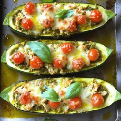 - 4 medium zucchinis - 2 cups cooked chicken, shredded - 1/2 cup pesto (store-bought or homemade) - 1 cup cherry tomatoes, halved - 1/2 cup mozzarella cheese, shredded - 1/4 cup grated Parmesan cheese - 2 tablespoons olive oil - 1 teaspoon garlic powder - Salt and pepper to taste - Fresh basil leaves for garnish (optional) Gathering these ingredients makes the dish easy to prepare. Zucchini is the star here. It holds the filling well and tastes great. You can use any cooked chicken. Leftover rotisserie chicken works well, or you can quickly cook some chicken breasts. Pesto adds a rich flavor. You can buy it or make your own. Cherry tomatoes give a nice pop of color and taste. Cheese adds creaminess. I like mozzarella for melting. Parmesan adds a salty touch. Garlic powder boosts the flavor, while salt and pepper season the dish. Finally, fresh basil leaves add a burst of freshness. This mix of ingredients creates a delicious and colorful meal. You will enjoy every bite of these pesto chicken stuffed zucchini boats! - Cutting and Scooping Begin by washing the zucchinis. Cut each one in half lengthwise. Use a spoon to scoop out the insides, leaving about a 1/4-inch shell. This creates space for the filling. You want to keep the zucchini sturdy. - Preparing the Baking Dish Next, take a baking dish and grease it lightly with oil. Arrange the zucchini halves in the dish, cut side up. Make sure they fit snugly but not too tight. - Mixing Chicken with Pesto In a bowl, add the shredded chicken. Pour in the pesto and mix well. The chicken should be coated evenly. This adds flavor and moisture. - Adding Vegetables and Cheese Now, toss in the halved cherry tomatoes and half of the mozzarella cheese. Sprinkle in garlic powder, salt, and pepper. Mix it all together until it is well combined. The filling should be colorful and tasty. - Stuffing the Zucchini Boats Take the chicken mixture and scoop it into each zucchini half. Press down gently to pack it in. Fill each boat generously, so they overflow a bit. - Baking Instructions and Timing Drizzle olive oil over the stuffed zucchinis. Top with the rest of the mozzarella and the Parmesan cheese. Cover the dish with aluminum foil. Bake in your preheated oven at 375°F (190°C) for 25 minutes. After that, remove the foil and bake for another 10 minutes. The cheese should be bubbly and golden. Enjoy the wonderful aroma as your zucchini boats bake! Choosing the Right Pesto When picking pesto, go for fresh flavor. You can use store-bought or homemade. Homemade pesto usually tastes better. If you make it, use fresh basil, garlic, and nuts. These give your dish a bright taste. If you want a twist, try sun-dried tomato pesto. It adds a unique flavor to your stuffed zucchini. Best Chicken Options for Filling For the chicken, shredded rotisserie chicken works well. It saves time and adds good flavor. You can also use grilled chicken for a smoky taste. If you want to be healthy, opt for lean chicken breast. Just make sure it is cooked and shredded before mixing it with the pesto. Broiling for a Crispier Top To get a crispy top, use the broil setting on your oven. After baking, turn on the broiler for a few minutes. Keep an eye on it so it doesn’t burn. This gives your cheese a nice golden color and a crunchy texture. Adjusting Cook Time for Different Oven Types Oven types can vary, so watch the cooking times. If your oven runs hot, check your zucchini boats a bit earlier. If it runs cool, you might need extra time. Always look for bubbly cheese and soft zucchini to know when they are done. {{image_2}} Customizing Proteins: Turkey, Tofu, or Shrimp You can switch the chicken for turkey, tofu, or shrimp. Turkey adds lean protein and a nice flavor. Tofu is great for a plant-based choice. Just make sure to press tofu to remove excess water. Shrimp cooks quickly and gives a fresh taste. Adjust the cooking time if you use shrimp. Vegetarian and Vegan Alternatives For a vegetarian option, use cooked lentils or chickpeas. These add protein and texture. If you want a vegan dish, swap the cheese for a dairy-free alternative. Nutritional yeast can also boost the flavor. Adding Spices for Extra Kick To spice things up, add red pepper flakes or smoked paprika. These spices can bring warmth and depth. You can also try Italian herbs like oregano or thyme. Just a pinch can make a big difference in taste. Incorporating Different Cheese Options You can use different cheeses for variety. Try feta for a tangy flavor or gouda for a smoky touch. Vegan cheese is also a great choice if you want to keep it plant-based. Mixing cheeses can create a unique flavor profile for your zucchini boats. To store leftovers, let the zucchini boats cool first. Place them in an airtight container. They will stay fresh in the fridge for about 3 to 4 days. When you want to enjoy them again, check for any signs of spoilage. If they look good, you can proceed to reheat. If you want to save some for later, freezing is a great option. Wrap each stuffed zucchini boat in plastic wrap. Then, place them in a freezer-safe container or bag. They can last in the freezer for up to 3 months. For best results, try to remove as much air as possible before sealing. For the best way to reheat, use your oven. Preheat it to 350°F (175°C). Place the stuffed zucchini boats in a baking dish. Cover them with foil to keep them moist. Heat for about 20 minutes or until they are warmed through. You can also use a microwave if you’re short on time. Just heat for 2-3 minutes, checking to avoid overheating. Enjoy your tasty leftovers! You can use turkey instead of chicken. Cooked turkey works well. You might also try shredded pork or tofu for a different taste. If you want a plant-based option, chickpeas or lentils are great too. They add protein and texture. Yes, you can make this dish vegetarian. Swap the chicken for tofu or cooked lentils. Use a vegan pesto to keep it plant-based. You can also add more veggies like bell peppers or spinach for extra flavor. This keeps the dish hearty and satisfying. Your zucchini boats are ready when the cheese is bubbly and golden. The zucchini should be tender but not mushy. You can poke it with a fork to check. If it feels soft but firm, it’s done. Enjoy them warm for the best taste. This blog post covered how to make delicious stuffed zucchini boats. We explored the ingredients like chicken, pesto, and various cheeses. Then, I shared step-by-step instructions to prep, fill, and bake them. You also learned tips to boost flavor and customized variations. Lastly, I provided storage and reheating tips. Stuffed zucchini boats are fun to make and enjoy. I hope you feel inspired to try this dish. It’s a great way to be creative in the kitchen!