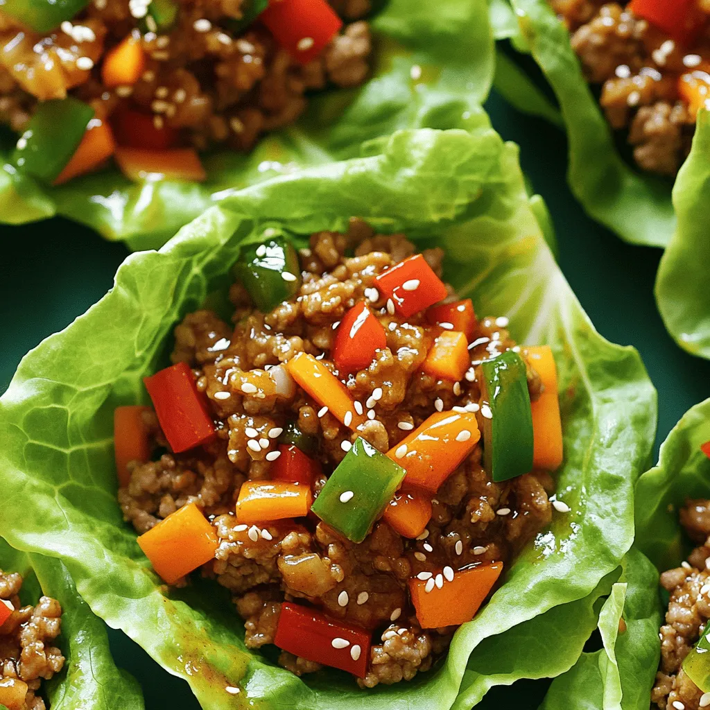 - 1 lb ground turkey - 1/4 cup teriyaki sauce (low-sodium recommended) - 1 tablespoon sesame oil - 1/2 red bell pepper, diced - 1/2 cup shredded carrots - 1/4 cup green onions, thinly sliced - 1 teaspoon fresh ginger, minced - 1 clove garlic, minced - 1 head of butter lettuce (or iceberg lettuce) for wrapping - Sesame seeds for garnish - Salt and pepper to taste When I make teriyaki turkey lettuce wraps, I use fresh and simple ingredients. Ground turkey makes for a lean protein that cooks quickly. I choose low-sodium teriyaki sauce for flavor without too much salt. Sesame oil adds a nice nutty taste. Colorful red bell pepper and crunchy carrots bring texture and sweetness. Green onions add a fresh bite, while ginger and garlic give warmth and depth to the dish. For the wraps, I prefer butter lettuce or iceberg lettuce. These lettuces are sturdy but still tender. They hold the filling well and make eating fun! I finish with sesame seeds for a bit of crunch. These ingredients come together to create a tasty and healthy dish that is perfect for a quick meal. - Heat 1 tablespoon of sesame oil in a large skillet over medium heat until it shimmers. - Add 1 clove of minced garlic and 1 teaspoon of minced ginger, sautéing for about 30 seconds until fragrant. - Add 1 pound of ground turkey to the skillet. Cook it for 6-8 minutes, breaking it up with a spatula until browned and fully cooked. - Stir in 1/2 diced red bell pepper and 1/2 cup of shredded carrots. Cook for an additional 2-3 minutes until the vegetables soften. - Pour in 1/4 cup of teriyaki sauce, stirring well to coat everything. Let it simmer for 2-3 minutes so the sauce thickens slightly. Season with salt and pepper to taste. - Remove the skillet from heat. Fold in 1/4 cup of thinly sliced green onions. - Spoon the turkey mixture into leaves of butter or iceberg lettuce. Fold them to create wraps. - For added crunch, sprinkle sesame seeds over each wrap. To make your teriyaki turkey wraps pop, try adding spices. A pinch of red pepper flakes gives heat. You can also use a dash of five-spice powder for warmth. For teriyaki sauce, I recommend low-sodium brands. Look for Kikkoman or Soy Vay. They offer great flavors without too much salt. For browning turkey, use a hot skillet. This helps the meat brown nicely. Break it up as it cooks. This keeps it tender. When cutting vegetables, use a sharp knife. Slice bell peppers into small pieces. Shredding carrots works best with a box grater. This makes the wraps easy to eat. Pair your wraps with fresh fruit. Sliced cucumbers or a light salad goes well. For dipping sauces, try sweet chili sauce. It adds a nice kick. You can also serve soy sauce on the side. This lets everyone customize their wraps. {{image_2}} If you want a different taste, consider using ground chicken. It cooks similarly to turkey and has a light flavor. Ground beef works too, but it adds more fat. For a meatless option, choose crumbled tofu or tempeh. Both options absorb sauces well and add great texture. You can switch up the teriyaki sauce for a new flavor. Try a homemade sweet chili sauce for a spicy kick. A mix of soy sauce and honey brings sweetness and depth. Experiment with adding sriracha for heat or peanut sauce for a nutty twist. Each sauce changes the dish, making it exciting. Feel free to add more veggies to your wraps. Shredded cabbage adds a nice crunch. Diced cucumbers or sliced radishes give a fresh bite. You can also use leafy greens like romaine or even collard greens if you want something sturdy. Make the dish your own by mixing and matching! To keep your leftover wraps fresh, store them in an airtight container. Make sure to refrigerate within two hours of cooking. This helps keep them safe to eat. If you want the best taste, store the turkey filling and lettuce leaves separately. This way, the lettuce stays crisp. When you’re ready to enjoy your leftovers, use a microwave or skillet. If using a microwave, heat the turkey mixture for about 1-2 minutes. Stir it halfway through to heat evenly. If you prefer the skillet, warm it on low heat for about 5 minutes. Always cover it to keep moisture in and avoid sogginess. Yes, you can freeze the turkey mixture. Place it in a freezer-safe bag or container. Make sure to remove as much air as possible. When you're ready to eat, thaw it in the fridge overnight. For quicker thawing, use the microwave’s defrost setting. After thawing, reheat it well before serving. If you want to switch up your wraps, try these options: - Collard greens: These sturdy leaves hold fillings well. - Swiss chard: Adds a nice color and flavor. - Napa cabbage: A crunchy option with a mild taste. - Rice paper: Great for a fun, chewy texture. - Tortillas: Use whole grain or corn for a different style. To cut down on calories, consider these tips: - Use lean turkey or ground chicken. - Swap teriyaki sauce for a homemade version with less sugar. - Skip the sesame oil or use less of it. - Add more veggies to the filling for volume without many calories. - Use low-sodium sauces to reduce overall sodium intake. Yes, you can! Here are some meal prep tips: - Cook the turkey mixture and let it cool. - Store it in an airtight container in the fridge for up to three days. - Reheat the filling on the stove or microwave before serving. - You can also freeze the filling for up to a month. Just thaw it overnight in the fridge before reheating. Making ground turkey lettuce wraps is simple and fun. You learned about tasty ingredients, step-by-step cooking, and how to store leftovers. This dish is great for quick meals or snacks. You can swap proteins and sauces to fit your taste. Remember to keep it fresh and enjoy each bite. I hope you try this recipe and share it with others. Happy cooking!