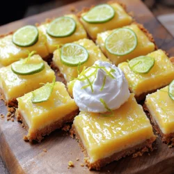 - Key ingredients for the crust: - 1 ½ cups graham cracker crumbs - ½ cup unsalted butter, melted - ¼ cup granulated sugar - Key ingredients for the filling: - 2 cans (14 oz each) sweetened condensed milk - ½ cup freshly squeezed key lime juice - 1 tablespoon lime zest - 4 large egg yolks - Pinch of salt - Optional toppings and garnishes: - Whipped cream, for topping - Additional lime zest and lime slices, for garnish Each ingredient plays a vital role in making these key lime pie bars a hit. The graham cracker crumbs give a nice crunch, while the melted butter helps bind everything. Sugar adds sweetness to the crust. For the filling, sweetened condensed milk provides creaminess. Fresh key lime juice delivers that signature tangy taste. Lime zest adds extra flavor, while egg yolks help set the filling. Just a pinch of salt balances the sweetness. You can customize your bars with whipped cream on top. Adding more lime zest or slices gives a pop of color and flavor. These ingredients come together to create a delicious dessert that everyone will love. To start, I mix graham cracker crumbs, melted butter, and granulated sugar in a bowl. Use about 1 ½ cups of crumbs, ½ cup of butter, and ¼ cup of sugar. Stir until the mix looks crumbly and well combined. Next, I press this mixture firmly into the bottom of a greased 8x8-inch baking pan. Make sure it's even. This step is key for a solid base. Bake the crust in a preheated oven at 350°F (175°C) for about 10 minutes. After that, let it cool slightly before adding the filling. Now, I move on to the filling. In a separate bowl, I whisk together two cans of sweetened condensed milk, ½ cup of freshly squeezed key lime juice, 1 tablespoon of lime zest, 4 large egg yolks, and a pinch of salt. Make sure to mix until it's smooth and creamy. Once mixed, I pour this filling over the cooled crust. I smooth the top with a spatula for even baking. Bake again for 15 to 20 minutes. The filling should be set and slightly firm to the touch when done. After baking, I let the bars cool at room temperature for about an hour. Then, I pop them in the fridge to chill for at least 3 hours. This step is vital for the best texture and flavor. Once chilled, I cut the bars into neat squares. For a fun touch, I top them with whipped cream, extra lime zest, and lime slices. These additions not only look great but also enhance that tangy flavor. To get the ideal graham cracker crumb texture, use finely crushed crumbs. You can use a food processor or put the crackers in a zip-top bag and crush them with a rolling pin. Aim for a sandy texture with no large chunks. Press the crumb mixture firmly into the pan. This step is vital for a sturdy crust. Use the bottom of a measuring cup or your hands to press down evenly. Make sure it sticks together and is packed tightly. This helps the crust hold its shape when you cut the bars. To avoid lumps in the filling, whisk your ingredients well. Start with the sweetened condensed milk. Pour it into a bowl and whisk it alone first. This helps break down any lumps before adding other ingredients. When mixing the egg yolks, lime juice, and zest, combine them slowly. Make sure every ingredient is mixed in well. A smooth filling results in a better texture for your bars. You can serve Key Lime Pie Bars in many fun ways. Try cutting them into small squares for a bite-sized treat. These bars also shine with a dollop of whipped cream on top. Pair these with a refreshing drink like iced tea or lemonade. You can also serve them with fresh fruit for extra color and flavor. These creative touches make your dessert even more enjoyable! {{image_2}} To make gluten-free key lime pie bars, you can swap out the graham cracker crumbs. Use gluten-free crumbs made from oats or nuts. This keeps the crust tasty and safe for those with gluten issues. You may need to adjust the baking time slightly. Keep an eye on the crust. If it looks golden and firm, it is ready. For a vegan version, replace the sweetened condensed milk with coconut cream. This change makes the bars creamy and rich. Use a flax egg instead of egg yolks for binding. You may notice a change in texture. The coconut cream adds a slight coconut flavor, but it pairs well with lime. You can also try other citrus juices for the filling. Lemon or orange juice can give a fun twist. If you want a unique taste, add fresh herbs like mint or basil. These additions make the bars even more exciting. You can create your special flavor that your friends and family will love. To keep your Key Lime Pie Bars fresh, store them in the fridge. Place them in a sealed container to avoid drying out. If you cut them into squares, separate layers with parchment paper. This keeps them neat. These bars last up to one week in the fridge. If you want to keep them longer, freezing is a great option. To freeze Key Lime Pie Bars, first, let them cool completely. Wrap each square in plastic wrap, then place them in a freezer-safe bag. This helps to prevent freezer burn. When you want to enjoy them again, thaw in the fridge overnight. For a quick thaw, leave them at room temperature for about 30 minutes. Enjoy the tangy flavor whenever you like! You can use regular lime juice in place of key lime juice. It gives a similar tang. Lemon juice works too but has a stronger flavor. You might need to adjust the sugar if you choose lemons. Yes, you can make these bars a day before serving. Just store them in the fridge. Let them chill for at least three hours after baking. This helps the flavors blend well. Check for a slight jiggle in the center. The edges should look firm. When you touch it gently, it should feel set. If it wobbles too much, bake for a few more minutes. Use a sharp knife for clean cuts. Wipe the knife with a damp cloth between cuts. This keeps the edges neat. For perfect squares, mark your cuts before slicing. Yes, you can skip the whipped cream if you prefer. The bars are tasty on their own. If you want, try a sprinkle of lime zest. Fresh fruit slices also make a nice touch. You now have all the tools to make delicious Key Lime Pie Bars. We covered the key ingredients, step-by-step instructions, and helpful tips. You can easily adjust the recipe for gluten-free or vegan options. Remember to refrigerate leftovers properly and enjoy them later. These bars are perfect for any gathering or as a tasty treat for yourself. The fun is in trying different flavors and serving ideas. Get ready to impress your friends and family with your new baking skills!