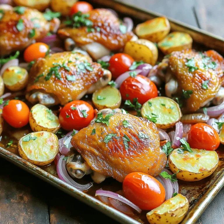 - 4 bone-in, skin-on chicken thighs - 1 lb baby potatoes, halved - 1 red onion, cut into wedges - 1 cup cherry tomatoes, halved - 3 tablespoons olive oil - 1 tablespoon dried oregano - 1 teaspoon garlic powder - 1 teaspoon paprika - 1 lemon, zested and juiced - Salt and pepper to taste - Fresh parsley, chopped for garnish When I make Sheet Pan Greek Chicken and Potatoes, I love using fresh, quality ingredients. The chicken thighs bring rich flavor and juicy texture. Baby potatoes are great because they get crispy on the edges while staying tender inside. Red onions add a nice sweetness when roasted. Cherry tomatoes burst with juice and color. For the marinade, I mix olive oil, dried oregano, garlic powder, and paprika. The lemon zest and juice make it bright and zesty. I always add salt and pepper for a balanced taste. I like to finish the dish with fresh parsley. It adds a lovely pop of green and freshness. This combination of ingredients creates a delicious, colorful meal that is easy to prepare and fun to share. - Preheat your oven to 425°F (220°C). - Line a large baking sheet with parchment paper. This helps with easy cleanup. - In a large bowl, combine: - 3 tablespoons olive oil - 1 tablespoon dried oregano - 1 teaspoon garlic powder - 1 teaspoon paprika - Zest from 1 lemon - Juice from 1 lemon - Salt and pepper to taste Mix well to create a flavorful marinade. - Take the chicken thighs and place them in the marinade. - Make sure they are well coated. - Let them sit for at least 15 minutes. This step helps the chicken absorb all the great flavors. - In a separate bowl, toss your potatoes and onion wedges. - Use a drizzle of olive oil, salt, and pepper. - Make sure everything is evenly coated. This adds flavor and helps with cooking. - Place the marinated chicken thighs on the prepared baking sheet. - Add the seasoned potatoes and onion around the chicken. - Scatter the halved cherry tomatoes on top. This adds color and sweetness. - Roast in the preheated oven for 30-35 minutes. - Check for doneness. The chicken skin should be crispy and the inside should reach 165°F (75°C). - The potatoes should be tender and golden brown. Enjoy the delicious smell wafting from your oven! To make your chicken skin crispy, do not overcrowd the pan. Give each piece space to breathe. This allows hot air to circulate and crisp the skin perfectly. A meat thermometer is your best friend here. Insert it into the thickest part of the chicken. When it reads 165°F (75°C), you know it’s ready and safe to eat. I love to serve this dish directly from the sheet pan. It looks rustic and inviting. If you prefer a more formal touch, transfer everything to a large platter. Garnish with fresh lemon slices and chopped parsley. This adds color and freshness to the meal. Feel free to play with flavors! You can add spices like rosemary or thyme to the marinade. They bring a new twist to the dish. For an extra Mediterranean touch, toss in some olives or crumbled feta cheese before roasting. This will elevate your meal to a whole new level. {{image_2}} You can switch chicken thighs for chicken breasts or drumsticks. Both will taste great. Chicken breasts cook faster, so check them early. Drumsticks bring a fun, juicy bite. Swap baby potatoes for sweet potatoes or carrots. Sweet potatoes add a nice sweetness. Carrots give a crunchy texture that is tasty. You can also use zucchini or bell peppers instead of onions. Zucchini cooks down nicely, while bell peppers add a pop of color. Try adding different herbs and spices for unique twists. Rosemary, thyme, or even cumin can change the dish. You can also add a splash of white wine before roasting for extra depth. This will make the chicken even juicier and richer in flavor. After enjoying your meal, let the leftovers cool completely. This helps keep them fresh. Next, transfer the chicken and potatoes to airtight containers. Store them in the fridge for up to 3-4 days. This way, you can enjoy them later without losing flavor. If you want to keep your meal longer, freezing is a great option. Place the cooked chicken and potatoes in freezer-safe bags. Make sure to squeeze out as much air as possible. For the best taste, eat them within 2-3 months. This keeps the food tasting fresh and delicious. When it's time to eat again, reheating is simple. For the best results, warm the dish in the oven. Preheat your oven to 350°F (175°C) and heat for about 15-20 minutes. This helps keep the chicken crispy. If you're in a hurry, use the microwave for quick reheating. Just be careful not to overheat, or the chicken could dry out. Enjoy your tasty leftovers! Yes, you can marinate the chicken a few hours in advance or overnight. This helps the chicken absorb the marinade's flavors. If you marinate overnight, keep it in the fridge. Just remember to let it sit at room temperature for about 15 minutes before cooking. This step helps with even cooking. Consider serving with a side salad, tzatziki, or pita bread. A fresh Greek salad adds bright flavors. Tzatziki offers a cool, creamy dip that complements the chicken. Pita bread is great for scooping up bites. Feel free to mix and match sides to suit your taste. The internal temperature should reach 165°F (75°C) for safe consumption. Use a meat thermometer to check the thickest part of the thigh. If you don't have a thermometer, make sure the juices run clear when pierced. The chicken should be golden and crispy on the outside, too. This means it's ready to enjoy! This blog post guides you through a tasty sheet pan Greek chicken dish. We covered the key ingredients, a simple marinade, and easy steps to cook everything perfectly. Remember the tips to keep your chicken crispy and explore fun variations. Whether you stick to the recipe or make it your own, this dish is sure to please. Enjoy the flavors and the ease of cooking. You’ll love how simple it is to prepare a delicious meal in one pan!