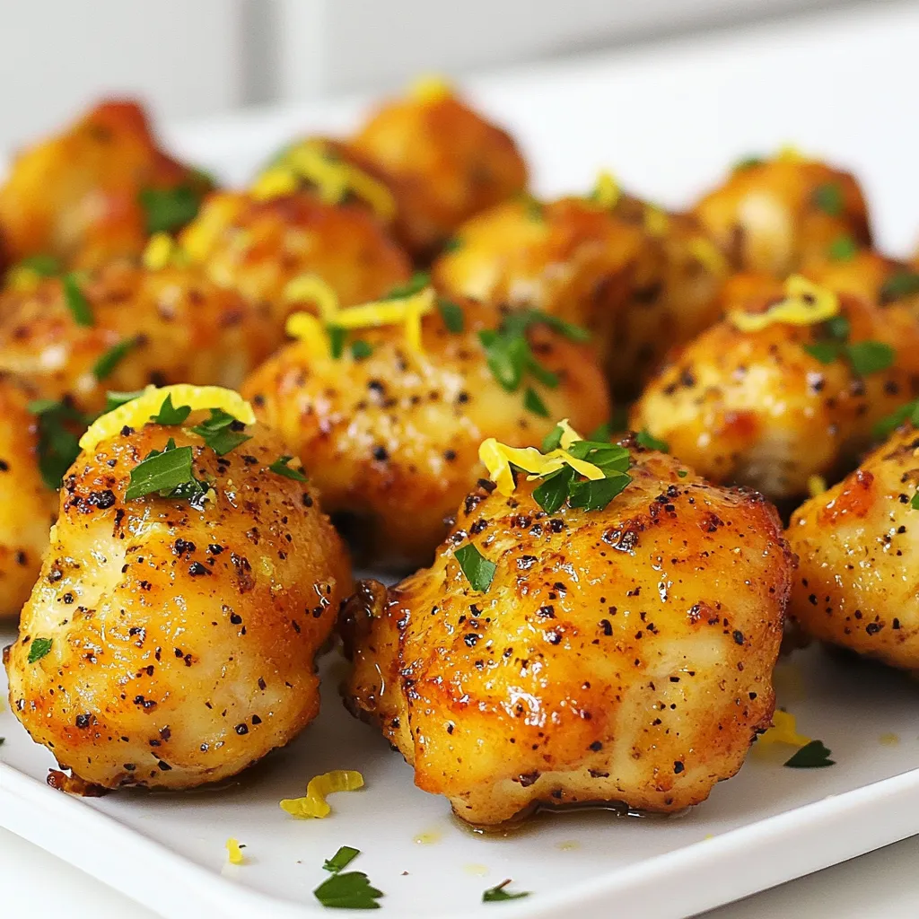 - 1 lb boneless, skinless chicken breasts, cut into bite-sized pieces - 2 tablespoons olive oil - 1 tablespoon lemon juice (freshly squeezed) - 1 tablespoon lemon zest - 1 tablespoon freshly cracked black pepper - 1 teaspoon garlic powder - 1 teaspoon onion powder - 1 teaspoon dried oregano - Salt to taste - Fresh parsley, chopped (for garnish) Using fresh ingredients makes a big difference. Fresh chicken gives you better taste and texture. Fresh lemon juice and zest add bright flavor. The spices, like black pepper and oregano, should be fresh too. They bring out the best in your dish. When you use fresh items, your chicken bites will taste amazing. Fresh ingredients help you create a meal that feels special. If you don’t have fresh lemon, use bottled juice, but fresh is best. You can swap chicken with turkey or firm tofu for a plant-based option. If you want less heat, try using less cracked black pepper. For a different flavor, mix in herbs like thyme or basil. Use what you have on hand, and don’t worry about being exact. Cooking should be fun and flexible! Start by cutting your chicken breasts into bite-sized pieces. This helps them cook evenly. In a large bowl, mix the chicken with olive oil, lemon juice, and lemon zest. Next, add garlic powder, onion powder, oregano, and salt. Stir until each piece gets coated well. This step sets the stage for great flavor. For more taste, marinate the chicken. Cover the bowl and place it in the fridge for 30 minutes. This allows the spices to soak in. If you are short on time, you can skip this step. However, marinating makes a big difference in taste. Preheat your air fryer to 400°F (200°C). This takes about five minutes. Once ready, place the marinated chicken in the basket. Arrange the pieces in a single layer. Don’t crowd them; this helps them cook evenly. Cook for 10-12 minutes. Shake the basket halfway through to ensure they crisp up nicely. Check if the chicken is golden brown and at least 165°F (75°C) inside. Once done, transfer the bites to a serving dish. Garnish with fresh parsley and a sprinkle of lemon zest for a bright finish. To get that ideal crunch, make sure to coat the chicken well. Use enough olive oil to cover each piece. This helps them crisp up nicely in the air fryer. Don't overcrowd the basket; this keeps the hot air flowing around each bite. If needed, cook in batches. The hot air will do the work, giving you crispy edges and juicy centers. For the best results, set your air fryer to 400°F (200°C). Cook the chicken bites for 10 to 12 minutes. Shake the basket halfway through cooking. This helps the chicken cook evenly on all sides. Always check for a golden-brown color. The chicken should reach an internal temperature of 165°F (75°C) to ensure it's safe to eat. Want to amp up the flavor? Try adding more spices! A pinch of cayenne pepper gives a nice kick. You can also mix in some smoked paprika for a smoky taste. Fresh herbs like thyme or rosemary can elevate the dish, too. Remember to taste your mix before cooking. Adjust the salt and pepper to your liking for the best taste. {{image_2}} You can change up the taste of your chicken bites easily. Try using different spices. For a spicy kick, add cayenne pepper or chili powder. If you prefer a smoky flavor, consider smoked paprika. You can mix in fresh herbs like thyme or rosemary for a garden touch. Each blend brings unique flavors to your meal. Experiment and find your favorite mix! Make your meal more colorful by adding vegetables. Chop bell peppers, zucchini, or asparagus into bite-sized pieces. Toss them in olive oil and seasonings like garlic powder and oregano. Place these veggies in the air fryer with the chicken. Cook them together for about 10-12 minutes. You’ll enjoy a full meal packed with flavor and nutrition! Pair your chicken bites with tasty sides. Serve them with a fresh salad for a light meal. You could also try them with rice or quinoa for a filling option. Dipping sauces make great additions too. Consider honey mustard or ranch dressing for a fun twist. Each choice adds a new layer to your dish, making it even better! To store leftover air fryer lemon pepper chicken bites, let them cool first. Place them in an airtight container. You can keep them in the fridge for up to three days. If you plan to eat them later, make sure to label the container with the date. This way, you’ll know when to enjoy them next! When you're ready to eat your leftovers, the air fryer is your best friend. Preheat it to 350°F (175°C). Place the chicken bites in the basket, making sure they are in a single layer. Heat for about 5 to 7 minutes. This method keeps them crispy, just like when you first cooked them. You can also use a microwave, but they may not stay as crispy. If you want to save your chicken bites for a longer time, freezing is a good option. First, let them cool completely. Arrange the bites in a single layer on a baking sheet. Freeze them for about an hour until solid. Then, transfer them to a freezer bag or container. They can stay frozen for up to three months. When you’re ready to eat, just reheat them as mentioned above. Enjoy the same great taste even after freezing! Cook your chicken bites in the air fryer for 10 to 12 minutes. Set the temperature to 400°F (200°C). Shake the basket halfway through to help them cook evenly. To check for doneness, the chicken should be golden-brown and the inside should reach 165°F (75°C). This ensures a juicy and safe meal. Yes, you can use frozen chicken for this recipe. However, cooking time will increase. Thaw the chicken safely before cooking for the best results. If you cook it frozen, add about 5 to 7 extra minutes to your cooking time. Make sure the chicken bites are cooked through and reach the proper temperature. Many sauces go well with lemon pepper chicken bites. Here are some tasty options: - Honey mustard: Its sweetness balances the spice. - Ranch dressing: A creamy choice that complements the flavor. - Buffalo sauce: For those who like a spicy kick. - Garlic aioli: Adds a rich, garlicky flavor. Try different sauces to find your favorite pairing! This guide covered key ingredients, cooking steps, and helpful tips for air fryer lemon pepper chicken bites. Fresh ingredients make a big difference in flavor. I shared how to get that perfect crispiness and suggested tasty variations. Always store leftovers properly to enjoy them later. I hope you feel confident making this dish. Try different seasonings to find your favorite twist. With practice, you’ll impress everyone with your cooking skills. Enjoy your culinary adventures!