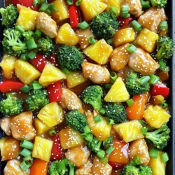 - 1 lb chicken breast, cut into bite-sized pieces - 1 bell pepper (red or yellow), diced - 1 cup pineapple chunks (fresh or canned) - 1 medium onion, sliced - 2 cups broccoli florets You want fresh, juicy chicken for flavor. The bell pepper adds color and crunch. Pineapple gives a sweet touch. Onions bring a savory taste. Broccoli adds healthy greens. - 1/4 cup soy sauce (low sodium) - 1/4 cup honey or maple syrup - 2 tablespoons rice vinegar Soy sauce gives depth. Honey or maple syrup adds sweetness. Rice vinegar balances the flavors. This sauce makes the dish pop with taste. - 1 teaspoon garlic powder - 1 teaspoon ginger powder - Salt and pepper to taste - Sesame seeds and green onions for garnish Garlic powder adds warmth. Ginger powder gives a zesty kick. Salt and pepper enhance all flavors. Sesame seeds and green onions make it look lovely. They also add a nice crunch. 1. Preheat the oven: Start by setting your oven to 400°F (200°C). This helps the chicken cook well and get that nice, roasted flavor. 2. Combine chicken and vegetables: In a large bowl, mix together the chicken breast pieces, diced bell pepper, sliced onion, and broccoli florets. Make sure everything is well combined to ensure even cooking. 1. Prepare the sauce ingredients: In a separate bowl, mix the olive oil, soy sauce, honey or maple syrup, rice vinegar, garlic powder, ginger powder, salt, and pepper. This sauce will add great flavor to your dish. 1. Bake first 20 minutes and add pineapple: Spread the chicken and vegetable mix evenly on a large sheet pan. Bake in the preheated oven for 20 minutes. After 20 minutes, add the pineapple chunks to the pan and stir everything gently before returning it to the oven. 2. Thicken sauce with cornstarch slurry: In the last 5 minutes of baking, take 1 tablespoon of cornstarch mixed with 2 tablespoons of water and pour it over the mixture. This will help thicken the sauce. 3. Final baking and serving preparations: Bake for another 10 minutes until everything is cooked through and tender. Once done, let it cool for a few minutes. You can garnish with sesame seeds and sliced green onions for a nice touch before serving. To ensure even cooking, cut the chicken and veggies into similar sizes. This helps them cook at the same rate. Spread everything in a single layer on the sheet pan; this allows hot air to circulate. To check for doneness, make sure the chicken reaches an internal temperature of 165°F (75°C). You can use a meat thermometer for this. If you don’t have one, cut a piece of chicken to see if it’s no longer pink inside. The cornstarch slurry is key to a thick sauce. If you want a thicker sauce, simply add a bit more cornstarch mixed with water. Mix it well before adding it to the pan. If it's too thick, add a splash of water or broth. This gives you control over the sauce's consistency. Feel free to boost the flavors by adding spices. A pinch of red pepper flakes can give it a nice kick. You can also add more veggies like snap peas or carrots for extra crunch and color. Experiment with what you have on hand. This dish is flexible and can fit many tastes! {{image_2}} You can switch out chicken for tofu or shrimp. Tofu gives a great texture. Use firm tofu, cut it into cubes. Marinate it in the sauce for a stronger flavor. Shrimp also works well and cooks fast. Make sure to add shrimp in the last 10 minutes of cooking. This keeps them tender and juicy. Feel free to use other vegetables. Carrots, snap peas, or zucchini all taste great. You can also try using asparagus or cauliflower. Just keep the cooking time in mind. Some veggies cook faster than others. Cut them into similar sizes to ensure even cooking. You can change the sweetener in the sauce. Instead of honey, try maple syrup or agave nectar. For a lower-calorie option, use a sugar substitute. If you need a gluten-free sauce, use tamari instead of soy sauce. This keeps the dish tasty while meeting your dietary needs. To store leftovers, let the sheet-pan sweet and sour chicken cool down. Place it in an airtight container. Refrigerate the leftovers within two hours of cooking. They will stay fresh for about three to four days. Make sure to keep any sauce separate if you want to keep the chicken crispy. For freezing, use a freezer-safe container or a heavy-duty freezer bag. Portion the chicken and veggies for easier thawing later. Remove as much air as possible from bags. You can freeze it for up to three months. To avoid freezer burn, wrap it tightly in plastic wrap and then in foil. To reheat, I suggest using the oven. Preheat it to 350°F (175°C). Place the chicken in a baking dish and cover it with foil. This keeps moisture in and prevents drying out. Heat for about 15-20 minutes or until warmed through. You can also use a microwave for quicker reheating. Just cover the dish to keep the steam inside. Enjoy your meal as if it was fresh! Making this dish takes about 45 minutes. This includes 15 minutes for prep and 30 minutes for cooking. You’ll spend around five minutes chopping chicken and veggies. Mixing the sauce takes just a few minutes more. The cooking time is split into two parts: the first 20 minutes to bake the chicken and veggies, then an additional 10 minutes after adding pineapple. Yes, you can prep this dish in advance. You can cut the chicken and chop the veggies a day before. Store them in the fridge in a sealed container. You can also mix the sauce ahead of time. Just keep it in a jar or bowl in the fridge. When you’re ready to cook, combine everything and bake. This makes for an easy weeknight meal! You can pair this meal with rice or quinoa. Both will soak up the sauce well. You can also serve it with a fresh salad or steamed veggies for extra crunch. If you like, add some spring rolls for a fun side. The flavors of sweet and sour chicken go well with many sides, so feel free to mix and match! This recipe for Sheet-Pan Sweet and Sour Chicken is simple and fun. We covered the main ingredients like chicken, fresh veggies, and sweet pineapple. The homemade sauce blends soy sauce and honey for the perfect taste. I shared handy tips for cooking and made suggestions for variations and storage. Try swapping proteins or adding extra veggies to change things up. This dish shines at dinner and provides great leftovers. Enjoy cooking and experimenting with flavors!