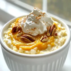 - 1 cup Arborio rice - 4 cups whole milk - 1/2 cup canned pumpkin puree The key to a tasty rice pudding is the right rice. Arborio rice gives a creamy texture. It absorbs milk well and becomes soft. Whole milk adds richness, making the pudding smooth and velvety. Canned pumpkin puree brings a warm, cozy flavor. It adds color and nutrition, too. - 1/2 cup granulated sugar - 1 teaspoon vanilla extract - 1 teaspoon ground cinnamon Sweetness is essential in this dish. Granulated sugar adds just the right amount. Vanilla extract enhances the flavors and brings a lovely aroma. Ground cinnamon is a must for that classic pumpkin spice taste. It warms the pudding and makes it feel like fall. - Whipped cream - Toasted pecans or walnuts Garnishes elevate your rice pudding. A dollop of whipped cream adds a light, airy touch. It contrasts nicely with the creamy pudding. Toasted pecans or walnuts give a delightful crunch. They add a nutty flavor and a bit of texture. First, take a medium saucepan. Combine 1 cup of Arborio rice with 1 cup of whole milk. Cook over medium heat. Stir it occasionally until you see the milk start to simmer. This takes about 5 minutes. Once you see bubbles, reduce the heat to low. Cover the saucepan tightly. Let it cook for about 15 minutes. The rice should be tender and most of the milk absorbed. Stir it often to keep it from sticking to the pan. In a separate bowl, gather the rest of the ingredients. You need 3 cups of whole milk, 1/2 cup of canned pumpkin puree, 1/2 cup of granulated sugar, and 1 teaspoon of vanilla extract. Add 1 teaspoon of ground cinnamon, 1/2 teaspoon of ground nutmeg, 1/2 teaspoon of ginger powder, and a pinch of salt. Whisk all these together until you get a smooth mixture. Make sure there are no lumps. This will add rich flavor to your pudding. Now, pour the pumpkin mixture into the saucepan with the cooked rice. Stir it all together well. You want to mix everything evenly. Cook this on low heat for another 10 to 15 minutes. Keep stirring often. This helps the pudding thicken. It should become creamy and dreamy. Once it reaches your desired thickness, remove it from heat. You can serve the rice pudding warm or chilled. To make your rice pudding just right, timing is key. Cook the rice for about 15 minutes until it’s soft. Stir it often to stop it from sticking to the pot. After adding the pumpkin mix, cook it for another 10-15 minutes. Stir continuously during this time to help it thicken nicely. You can boost flavor with extra spices. Try adding a pinch of cloves or allspice for a warm touch. If you like it sweeter, add more sugar to taste. Just remember to mix well after each addition. Serve the rice pudding warm or chilled based on your mood. For a lovely finish, add a dollop of whipped cream on top. Sprinkle some toasted pecans or walnuts for a nice crunch. This dessert pairs well with a cup of hot tea or coffee for a cozy treat. {{image_2}} You can make pumpkin spice rice pudding dairy-free. Use almond or coconut milk instead of whole milk. Both options add a nice flavor. Almond milk gives a nutty taste. Coconut milk adds creaminess and a hint of sweetness. This way, everyone can enjoy this dish. To keep your rice pudding gluten-free, ensure no cross-contamination. Check that all your ingredients are gluten-free. Most rice and milk are safe to use. When you buy canned pumpkin, confirm that it’s gluten-free too. This way, you can enjoy your dessert with no worries. You can get creative with flavors! Try adding chocolate for a rich twist. Just fold in some chocolate chips while cooking. Caramel also works well. Drizzle caramel sauce on top before serving. These fun combinations can make your pumpkin spice rice pudding even more exciting! To store leftovers, let the pumpkin spice rice pudding cool. Then, place it in an airtight container. It can stay fresh in the fridge for up to three days. When you want to enjoy it again, make sure to check the smell and texture first. You can freeze pumpkin spice rice pudding for up to two months. Use a freezer-safe container. Leave some space at the top for expansion. Label the container with the date. This way, you can easily track how long it has been frozen. To reheat, thaw in the fridge overnight if frozen. Warm it on the stove over low heat. Stir it often to keep the texture smooth. You can also add a splash of milk if it seems too thick. Enjoy your creamy pudding just like it was fresh! Pumpkin spice rice pudding keeps well in the fridge for about 3 to 5 days. Store it in an airtight container to keep it fresh. If you notice any change in smell or texture, it’s best to toss it out. When you want to enjoy it again, just reheat it gently in a pan or microwave. Yes, you can use brown rice, but it will change the texture. Brown rice takes longer to cook. You will need to increase the cooking time to about 40-50 minutes. The result will be less creamy than Arborio rice, but it will still taste good. If you don’t have canned pumpkin puree, you can use homemade puree. Roast fresh pumpkin, blend it, and you can make your own. Alternatively, you can use sweet potato puree or butternut squash puree. Both give a nice flavor and texture. Just make sure to adjust the spices slightly, as they may differ in taste. This blog post explored how to make pumpkin spice rice pudding. We covered main ingredients like Arborio rice, whole milk, and pumpkin puree. Then we discussed spices and sweeteners such as sugar and cinnamon. I shared step-by-step cooking instructions and tips for the perfect consistency. We also looked at variations for dietary needs, storage tips, and common questions. In summary, this dish is warm, creamy, and easy to personalize. Enjoy every delicious spoonful!