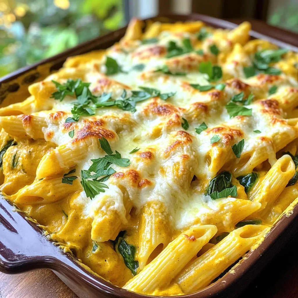 - 12 ounces penne pasta - 1 cup pumpkin puree - 2 cups heavy cream - 1 cup grated Parmesan cheese - 1 cup shredded mozzarella cheese The base of this dish is simple yet rich. The penne pasta holds the creamy sauce well. Pumpkin puree gives it a warm, earthy flavor. Heavy cream makes it smooth and rich. Parmesan cheese adds a nice salty kick, while mozzarella provides that gooey texture we love. - 1 teaspoon garlic powder - 1 teaspoon onion powder - ½ teaspoon nutmeg - Salt and pepper to taste - 1 cup spinach, chopped (optional) These spices bring the dish to life. Garlic and onion powders give depth. Nutmeg adds warmth and a hint of sweetness. Salt and pepper enhance all the flavors. If you like greens, toss in some spinach for added nutrients and color. - Fresh parsley Garnishing with fresh parsley makes the dish pop. It adds a touch of color and freshness. Just sprinkle some on top before serving. This small step makes a big difference in presentation! Start by grabbing a large bowl. Here, you'll mix the pumpkin puree, heavy cream, and Parmesan cheese. Use a whisk or spoon to blend until smooth and creamy. This base is where the magic happens! Next, add in the garlic powder, onion powder, nutmeg, salt, and pepper. Mix everything again. These spices bring warmth and depth to your dish. You’ll notice the flavors start to shine. Now, it's time for the penne pasta. Boil salted water and cook the pasta for 2-3 minutes less than the package says. Undercooking is key because the pasta will finish cooking in the slow cooker. Once done, drain it well and set it aside. This step helps keep the pasta firm and prevents mushiness later. In your slow cooker, start layering. First, add half of your cooked pasta. Then, pour half of that creamy pumpkin Alfredo mixture over the pasta. If you're using spinach, sprinkle half of it on next. Repeat this layering process with the remaining pasta, sauce, and spinach. Finally, top it all off with shredded mozzarella cheese. This layer creates a cheesy, golden crust. Now, cover the slow cooker. You can choose to cook on low for 4-5 hours or on high for 2-3 hours. Both options work well! To check for doneness, look for bubbling and a warm center. Let it sit for about 10 minutes after cooking. This step helps it set up, making it easier to serve. To get the best texture, use the right pasta. Penne holds the sauce well. Cook it just a bit less than the box says. This helps keep it firm. For a creamy sauce, mix your pumpkin puree with heavy cream well. A smooth blend makes your sauce rich. Also, adding Parmesan cheese gives it depth. Stir in garlic powder, onion powder, and nutmeg for great flavor. Prepare your ingredients before you start cooking. Chop your spinach and measure your spices ahead of time. This way, you can layer everything quickly. Using pre-cut or packaged spinach saves time. It also makes cleanup easier. Just toss it in when you layer your bake. Add more spices to boost taste. A pinch of cayenne pepper can add heat. You can also try smoked paprika for a unique twist. For toppings, consider adding crispy breadcrumbs or more cheese. They add texture and flavor. Fresh herbs like parsley also brighten the dish. They make it look nice and fresh. {{image_2}} You can change a few ingredients in this Pumpkin Alfredo Pasta Bake. - Alternatives for heavy cream: If you want to cut fat, use half-and-half or whole milk. Silken tofu also works well for a creamy texture. - Different pasta options: While I love penne, you can try rotini or ziti. You can even use whole wheat or chickpea pasta for a healthy twist. Adding flavor can take this dish to the next level. - Protein options: Cooked chicken or Italian sausage makes this dish heartier. Just chop them into small pieces and mix them in. - Seasonal vegetables: Try adding roasted butternut squash or sautéed mushrooms. They blend well with the pumpkin and add nice texture. If you have dietary needs, this recipe can adapt. - Gluten-free pasta options: Look for gluten-free penne or rice pasta. Both work well and taste great. - Dairy-free alternatives: Use coconut cream instead of heavy cream. Nutritional yeast can replace cheese for a cheesy flavor without dairy. To keep your Pumpkin Alfredo Pasta Bake fresh, follow these tips: - Refrigerating: Allow the dish to cool to room temperature. Store leftovers in an airtight container in the fridge. They will last for up to three days. - Freezing: For longer storage, portion the bake into freezer-safe containers. It can last up to three months in the freezer. Be sure to label each container with the date for easy tracking. Reheating your leftovers is simple. Here’s how to do it right: - Recommended methods: Use an oven or microwave to reheat. For the oven, preheat to 350°F (175°C). Place the pasta bake in an oven-safe dish and cover with foil. Heat for about 20-30 minutes, or until warmed through. In the microwave, heat in short bursts, stirring in between, until hot. - Tips for keeping the sauce creamy: If the sauce thickens during storage, add a splash of cream or milk while reheating. Stir well to maintain that creamy texture you love. Yes, you can make this recipe ahead of time. To store before cooking, prepare the pumpkin Alfredo mixture and layer it with the pasta in the slow cooker. Cover it tightly and keep it in the fridge for up to 24 hours. This saves time on a busy day. When ready to cook, just set the slow cooker to your desired setting. Absolutely! This dish works great for meal prep. For portioning, divide it into individual servings after cooking. Use airtight containers for storage. It stays fresh in the fridge for about three days. You can also freeze leftovers for later. Just thaw before reheating. This bake pairs well with a simple green salad. A fresh Caesar salad adds a nice crunch. Garlic bread is also a tasty side. You can serve it with roasted vegetables for a healthy touch. Feel free to mix and match your favorite sides. To check for doneness, look for bubbling cheese on top. The edges should be golden brown. If you insert a fork, the pasta should be tender. Let it rest for 10 minutes before serving. This helps the dish set up nicely and makes serving easier. This blog post highlighted how to make a delicious Pumpkin Alfredo Pasta Bake. We covered the main ingredients, like penne and pumpkin puree. You learned how to mix flavors, layer ingredients, and cook the dish perfectly. For extra flavor, consider variations and tips provided. Store leftovers well and reheat for a tasty meal. Enjoy making this cozy dish with loved ones, and don’t be afraid to experiment with flavors. Happy cooking!