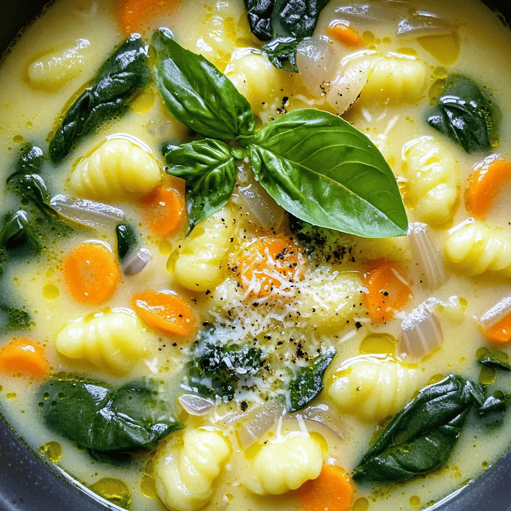 To make this soup, you need a few key items. Here’s what you’ll need: - 1 tablespoon olive oil - 1 onion, chopped - 3 cloves garlic, minced - 1 carrot, diced - 1 celery stalk, diced - 1 teaspoon dried Italian herbs - 4 cups vegetable broth - 1 (16-ounce) package potato gnocchi - 1 cup heavy cream or coconut cream - 2 cups fresh spinach - Salt and pepper to taste - Grated Parmesan cheese for serving (optional) - Fresh basil for garnish These ingredients come together to create a rich, creamy flavor. The gnocchi adds a nice texture. The spinach gives a pop of color and nutrition. You can boost the flavor with some optional additions. Try adding: - A squeeze of lemon juice for brightness - Crushed red pepper flakes for heat - Chopped sun-dried tomatoes for sweetness - Other fresh herbs like parsley or thyme These extras can take your soup to a new level. They enhance the taste and make it your own. Not all ingredients are set in stone. Here are some swaps you can make: - Use chicken broth instead of vegetable broth for a meaty flavor. - Swap heavy cream for coconut cream for a dairy-free option. - Use frozen spinach if fresh is not available. Feel free to adjust based on your diet or what you have at home. Cooking should be flexible and fun! Start by setting your Instant Pot to Sauté mode. Add one tablespoon of olive oil. Next, toss in one chopped onion, three minced garlic cloves, one diced carrot, and one diced celery stalk. Sauté these ingredients for about 5 to 7 minutes. You want the vegetables to soften and become fragrant. Now, stir in one teaspoon of dried Italian herbs. Cook for another minute to let the herbs release their flavor. This step builds a solid base for the soup. After that, pour in four cups of vegetable broth. Then, add one 16-ounce package of potato gnocchi. Close the lid tightly. Set the Instant Pot to high pressure for 2 minutes. Don’t forget to ensure the steam valve is on “Sealing.” When the time is up, allow for a quick release of pressure. Be careful when you open the lid. The steam can be hot and strong. Now, it’s time to make it creamy. Stir in one cup of heavy cream or coconut cream if you prefer a lighter option. Add two cups of fresh spinach. Use the Sauté mode again for another 2 to 3 minutes. This will let the spinach wilt and everything heat through. Season your soup with salt and pepper to taste. When serving, garnish with grated Parmesan cheese and fresh basil. This adds both flavor and a nice touch to your dish. Enjoy your creamy Tuscan gnocchi soup! To get the right texture, use heavy cream. It gives a rich, smooth feel. If you prefer a lighter soup, coconut cream works well too. Blend it in after cooking. This adds creaminess without heaviness. Stir gently to combine everything fully. Want to cut calories? Try half-and-half instead of heavy cream. You can also use milk for a lighter choice. For a dairy-free option, coconut milk is great. It has a lovely flavor that pairs well with the soup. Just remember to adjust the seasoning if needed. To boost flavor, use fresh herbs like basil or parsley. Add them just before serving. A squeeze of lemon juice adds brightness too. If you love spice, sprinkle in red pepper flakes. These small changes can elevate your soup. Taste as you go to get it just right! {{image_2}} For a vegan twist, swap heavy cream for coconut cream. It gives a rich taste without dairy. Use vegetable broth as your base. Replace the Parmesan cheese with a sprinkle of nutritional yeast for a cheesy flavor. Fresh herbs truly enhance the soup. You can add basil or parsley for a bright touch. Adding protein makes the soup heartier. You can include cooked chicken or sausage. Simply sauté the meat with the veggies at the start. For chicken, use rotisserie for convenience. If you prefer sausage, use Italian sausage for a flavor boost. Ensure all add-ins are cooked through for best results. Seasonal veggies can add depth and color. In spring, consider asparagus or peas for a fresh crunch. In fall, add chopped kale or mushrooms for warmth. Zucchini works well in summer, giving a nice texture. Just remember to chop them small, so they cook evenly in the Instant Pot. To keep your soup fresh, let it cool first. Transfer it to an airtight container. This will help keep it safe and tasty. You can store it in the fridge for up to three days. Make sure to label the container with the date. When you reheat the soup, do it gently. Pour the soup into a pot and heat over low to medium heat. Stir often to keep it from sticking. If the soup seems thick, add a little water or broth. This will help bring back its creamy texture. You can freeze this soup for later! Use a freezer-safe container and leave some space at the top. The soup will expand as it freezes. It can last in the freezer for up to three months. When you are ready to eat, thaw it in the fridge overnight. Reheat as mentioned above for the best taste. Yes, you can make this soup on the stove. Start by sautéing the vegetables in a large pot. Add the broth and bring it to a boil. Next, add the gnocchi and cook until they float to the top. Stir in the cream and spinach last. Cook until the spinach wilts. This method takes a bit longer but works great. Gnocchi cooks quickly. Once you add it to the soup, watch for it to float. This means it is done. It usually takes about 2-3 minutes. If you're unsure, taste one to check. The texture should be soft yet firm. This soup pairs well with crusty bread. You can also serve a green salad on the side. A light vinaigrette adds a nice touch. If you want something warm, garlic bread is a great option too. Enjoy your meal with a sprinkle of fresh basil on top! This blog post covered how to make Instant Pot Creamy Tuscan Gnocchi Soup. We discussed key ingredients, cooking steps, and how to make it your own. You learned about tips to enhance flavor and options for variations like vegan or extra protein. We also shared storage tips for leftovers. Now, you can create a great meal that warms the heart. Experiment with flavors, and enjoy every scoop!
