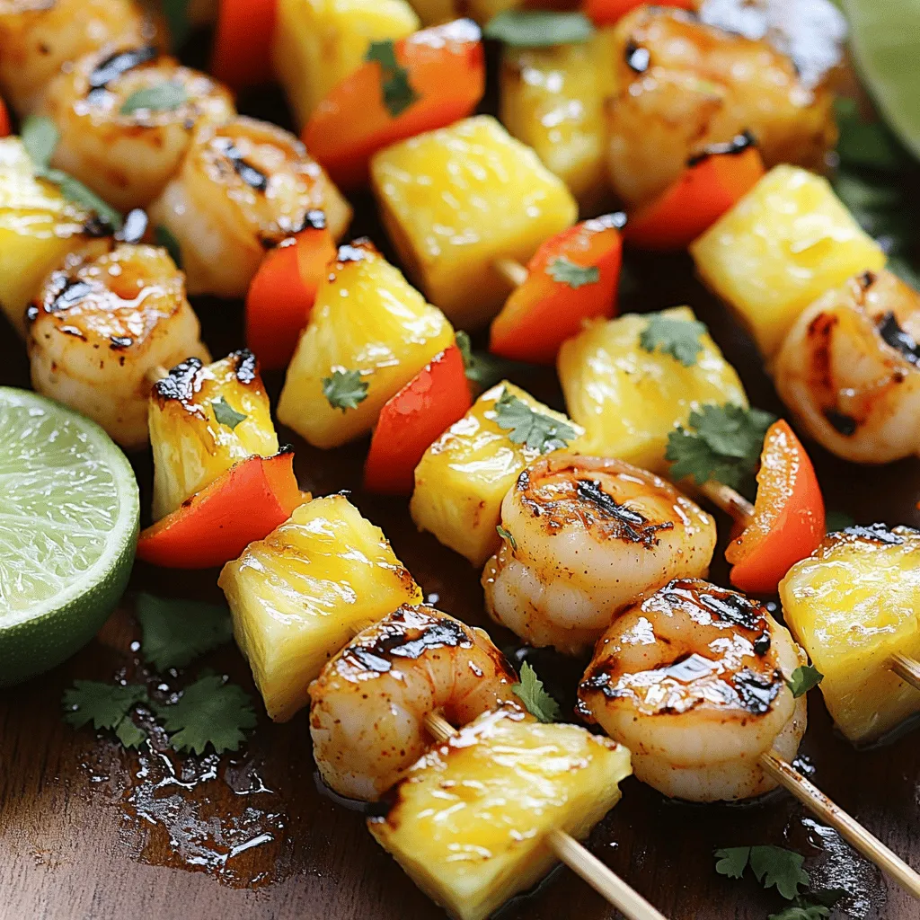 To make Spicy Pineapple Shrimp Skewers, you need a few simple ingredients. Here’s the list: - 1 pound large shrimp, peeled and deveined - 1 cup fresh pineapple, cut into bite-sized chunks - 1 red bell pepper, cut into squares - 1/4 cup soy sauce - 2 tablespoons honey - 1 tablespoon sriracha sauce (adjust for spice level) - 2 cloves garlic, minced - 1 tablespoon fresh ginger, grated - 1 tablespoon lime juice - Salt and pepper to taste - Skewers (wooden or metal) Each item plays a key role in the dish. The shrimp provide a juicy base, while the pineapple adds sweetness. The red bell pepper brings a crunchy texture. The marinade combines soy sauce, honey, and sriracha for a sweet and spicy kick. Garlic and ginger contribute depth, and lime juice adds a zesty touch. You can adjust the spice level by changing the sriracha amount. If you want it milder, use less. For more heat, add extra. This recipe is flexible, so feel free to experiment with flavors based on your taste. To make the marinade, grab a mixing bowl. Add 1/4 cup of soy sauce, 2 tablespoons of honey, and 1 tablespoon of sriracha sauce. You can adjust the sriracha for your spice level. Next, toss in 2 cloves of minced garlic, 1 tablespoon of grated ginger, and 1 tablespoon of lime juice. Sprinkle in some salt and pepper to taste. Mix all these ingredients well. This marinade will make the shrimp juicy and full of flavor. Let it rest while you prep the shrimp. Now, it's time to assemble the skewers. Take your marinated shrimp and thread it onto the skewers. Alternate shrimp with fresh pineapple chunks and squares of red bell pepper. This mix adds color and flavor. If you're using wooden skewers, make sure they have soaked in water for at least 30 minutes. This step helps prevent burning. Pack the skewers tightly but not too tight, allowing heat to circulate. Preheat your grill to medium-high heat. Once hot, place the skewers on the grill. Cook for 3 to 4 minutes on each side. The shrimp should turn pink and opaque, while the pineapple caramelizes nicely. Keep an eye on them to avoid burning. After cooking, let the skewers rest for a few minutes. This helps the juices settle. You can serve them hot, garnished with fresh cilantro or lime wedges for an extra pop of flavor. Enjoy your tasty creation! Select large shrimp for this recipe. They should be fresh and firm. Look for shrimp that are pink and shiny. Avoid shrimp with a strong fishy smell. If using frozen shrimp, thaw them in the fridge overnight. This keeps them safe and tasty. The marinade brings all the flavors together. Mix soy sauce, honey, sriracha, garlic, ginger, lime juice, salt, and pepper. Let the shrimp sit in the marinade for at least 30 minutes. This helps the shrimp soak up the flavors. You can marinate for up to an hour for more taste. Preheat your grill to medium-high heat. If you use wooden skewers, soak them in water for 30 minutes. This keeps them from burning on the grill. Grill the skewers for 3-4 minutes on each side. Look for the shrimp to be opaque and firm. The pineapple should have nice grill marks. This adds a sweet, smoky flavor. Let them rest for a few minutes before serving. Enjoy the tasty dish! {{image_2}} You can switch up the vegetables for your skewers. Try using zucchini, cherry tomatoes, or onions. These add great flavor and color. You can also use mushrooms for a meaty bite. Experiment with your favorites to make it unique! If you want more heat, add extra sriracha or use a hotter sauce. For less spice, cut back on the sriracha. You can also balance heat with more honey. This gives a sweet touch that works well with spicy shrimp. Feel free to explore other marinades. A coconut milk base gives a tropical twist. You can mix lime juice with garlic and herbs for a fresh taste. For a smoky flavor, try adding chipotle in adobo sauce. These options keep the recipe exciting and tasty! After enjoying your Spicy Pineapple Shrimp Skewers, store leftovers in an airtight container. Keep them in the fridge for up to three days. Make sure to cool them to room temperature before sealing. This helps keep the shrimp tender and juicy. To reheat, place the skewers on a baking sheet. Preheat your oven to 350°F (175°C). Heat for about 10 minutes. This warms the shrimp without drying them out. You can also use a microwave, but be careful not to overcook the shrimp. Heat for 30 seconds at a time, checking often. To freeze, remove the shrimp from the skewers. Place them in a freezer-safe bag. Add a little marinade to keep them flavorful. Freeze for up to three months. When ready to eat, thaw in the fridge overnight before reheating. This keeps the shrimp safe and tasty. You should marinate the shrimp for at least 30 minutes. This time helps the flavors soak in. If you have time, you can marinate them for up to 1 hour. Just keep them in the fridge while they soak. This makes the shrimp tasty and gives a nice kick. Yes, you can use frozen shrimp. Just make sure to thaw them first. Place the frozen shrimp in the fridge overnight. If short on time, you can run them under cold water for about ten minutes. After thawing, peel and devein them before marinating. This way, they will absorb the marinade flavors well. You need a few simple tools. First, have a mixing bowl for the marinade. You will also need skewers, either wooden or metal. If using wooden skewers, soak them in water for 30 minutes to prevent burning. Lastly, a grill is essential for cooking the skewers. A grill pan works too if you don’t have an outdoor grill. You’ve learned how to make Spicy Pineapple Shrimp Skewers. We covered the key ingredients, step-by-step instructions, and essential tips. Don’t forget to try different vegetables or marinades for variety. Properly store leftovers to enjoy later. With this knowledge, you can impress friends and family with a tasty dish. These easy skewers bring fun and flavor to your meals. Enjoy your cooking adventure!