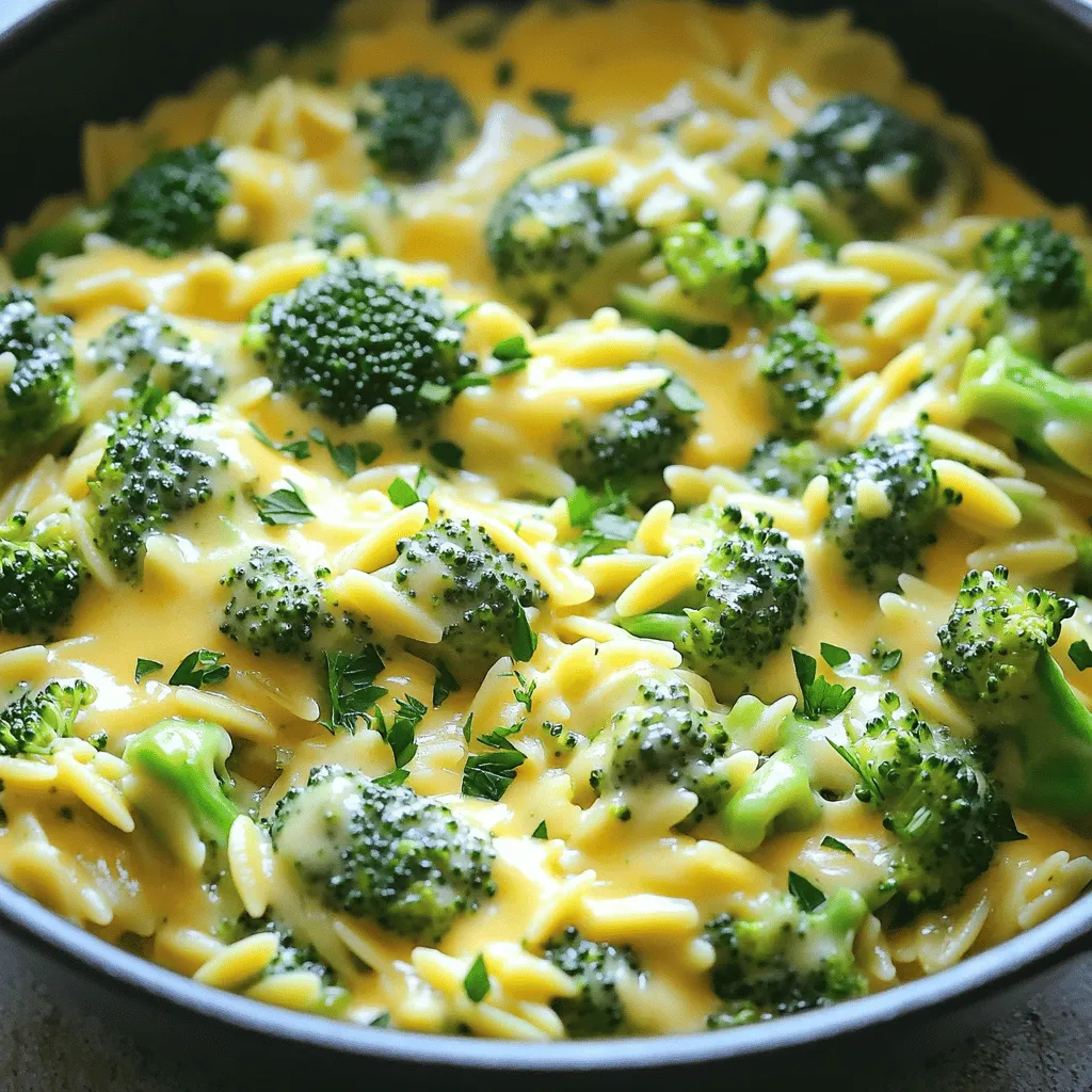 - 1 cup uncooked orzo pasta - 2 cups broccoli florets - 4 cups vegetable broth - 1 cup sharp cheddar cheese, grated - 1 cup milk (or a dairy-free alternative) - 1 tablespoon olive oil - 1 medium onion, diced - 2 cloves garlic, minced - 1 teaspoon Dijon mustard - Salt and pepper to taste - Fresh parsley, chopped (for garnish) - Use 1 cup of uncooked orzo pasta. It will expand as it cooks. - Measure 2 cups of fresh broccoli florets. This gives a nice crunch. - For liquid, use 4 cups of vegetable broth. This adds flavor to the orzo. - Grate 1 cup of sharp cheddar cheese. It melts well and adds creaminess. - Add 1 cup of milk. You can use almond or oat milk for a dairy-free version. - Use 1 tablespoon of olive oil to sauté the onion. This adds flavor. - Dice 1 medium onion and mince 2 cloves of garlic for depth in taste. - Use 1 teaspoon of Dijon mustard for a subtle tang. - Season with salt and pepper to your liking. - Chop fresh parsley for a colorful garnish. - If you don’t have orzo, use small pasta like ditalini or elbow macaroni. - Instead of broccoli, you can try spinach or peas for a different taste. - Swap sharp cheddar for another cheese, like mozzarella or gouda. - For a creamier dish, use heavy cream instead of milk. - To make it vegan, use vegan cheese and plant-based milk. - You can add cooked chicken or tofu for extra protein. Start by gathering your ingredients. You will need olive oil, onion, garlic, and broccoli. Dice the onion into small pieces. Mince the garlic cloves finely. Cut the broccoli into small florets. This makes cooking easier. Heat the olive oil in a large pot over medium heat. Add the diced onion first. Sauté it for about 3-4 minutes until it turns soft and clear. Next, add the minced garlic. Cook it for about 30 seconds. You want the garlic to smell good but not burn. Now it’s time to add the uncooked orzo. Stir it into the onion and garlic mix. Let it cook for about 1 minute. This helps to toast the orzo a bit. Pour in the vegetable broth and turn up the heat. Wait for it to boil. Once it bubbles, reduce the heat to low. Add in the broccoli florets. Cover the pot with a lid. Let it simmer for about 8-10 minutes. Stir occasionally until the orzo is soft and most of the liquid is gone. After the orzo is cooked, it’s time for the creamy part. Stir in the milk and shredded cheddar cheese. Add a teaspoon of Dijon mustard for extra flavor. Mix everything well until the cheese melts and the dish becomes creamy. Taste it and add salt and pepper as needed. Remove the pot from the heat. Let it sit, covered, for about 2-3 minutes. This allows it to thicken a bit. Finally, serve the dish warm, topped with fresh chopped parsley for a nice look. Enjoy your creamy, cheesy dish! Cooking orzo is simple. Start by using enough water or broth. For every cup of orzo, use two cups of liquid. This helps the orzo cook evenly. Bring the liquid to a boil before adding the orzo. Stir it well to prevent sticking. Cook for about 8-10 minutes. Taste it to check if it's tender. If you want it softer, cook a bit longer. Remember, it keeps cooking after you take it off the heat. To get that perfect melty cheese, choose a good quality sharp cheddar. Grate it yourself for the best melt. Add the cheese at the end of cooking. This keeps it from clumping. Stir the cheese in slowly over low heat. This protects the cheese from burning. If it seems too thick, add a bit more milk. The goal is a smooth and creamy texture that coats the orzo. Want to amp up the flavor? Try adding a pinch of red pepper flakes for some heat. A squeeze of lemon juice brightens the dish too. Fresh herbs like basil or thyme can add a nice twist. You can also mix in some cooked protein like chicken or beans. This makes it heartier. Taste as you go, and season with salt and pepper. Adjusting flavors is the key to your perfect dish! {{image_2}} You can boost the protein in One-Pot Broccoli Cheddar Orzo easily. Adding cooked chicken, shrimp, or bacon can make this dish heartier. If you prefer plant-based protein, try chickpeas or lentils. These options blend well with the creamy texture. Simply stir in your choice during the last few minutes of cooking. To make this dish vegan, swap out the cheddar cheese and milk. Use a vegan cheese that melts well and a plant-based milk like almond or oat. You can also add nutritional yeast for a cheesy flavor without dairy. Make sure to check the broth too; use a vegetable broth that is vegan-friendly. You can change the flavor of your orzo dish with a few tweaks. For a spicy kick, add red pepper flakes or a dash of hot sauce. If you want a herby taste, mix in fresh thyme or basil. For added depth, consider a splash of lemon juice or a sprinkle of lemon zest. Each adjustment can make your dish unique and exciting! After making One-Pot Broccoli Cheddar Orzo, let it cool to room temperature. Transfer it to a sealed container. This dish stays fresh in the fridge for up to three days. Make sure to store it properly to keep the flavors intact. If you want to save some for later, freezing is a great option. Place the cooled orzo in an airtight container or a freezer bag. This dish can last for up to two months in the freezer. When you are ready to eat, just thaw it in the fridge overnight before reheating. To reheat your orzo, place it in a pot over low heat. Add a splash of milk or broth to keep it creamy. Stir often until it heats through. You can also use the microwave for a quick fix. Heat in short bursts, stirring in between, until hot. Enjoy your creamy dish just like the first time! Yes, you can use other pasta types. Small shapes like elbows or shells work well. Just adjust the cooking time based on the pasta. Follow the package for timing. You want the pasta tender but not mushy. To make this dish gluten-free, swap orzo with gluten-free pasta. Many brands offer great options. Check the cooking time on the package. You can also use rice if you prefer. Just remember to adjust the liquid and timing for rice. This dish pairs nicely with a fresh salad. A side of garlic bread also complements it well. You could serve it with roasted veggies for added nutrition. Feel free to add protein like chicken or beans for a heartier meal. This blog post covered the key steps to make a delicious one-pot broccoli cheddar orzo. We detailed the ingredients and measurements for perfect results. You learned tips to cook orzo well and enhance flavors. We discussed tasty variations and how to store your dish properly. In short, this recipe is easy and fun to make. With these insights, you can impress your friends and family. Enjoy cooking and sharing this tasty meal!
