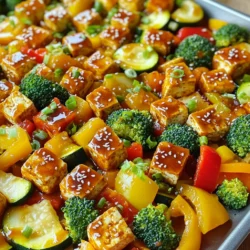 - 1 block (14 oz) firm tofu, pressed and cubed - 2 tablespoons sweet chili sauce - 1 red bell pepper, chopped - 1 yellow bell pepper, chopped - 1 zucchini, sliced - 1 cup broccoli florets I love using firm tofu for this dish. It holds its shape well and absorbs flavors nicely. Sweet chili sauce adds a sweet and tangy kick that pairs perfectly with the fresh veggies. Red and yellow bell peppers bring color and crunch. Zucchini adds a nice texture, while broccoli packs in nutrients. - 1 tablespoon soy sauce or tamari - 1 tablespoon olive oil - 3 cloves garlic, minced - 1 teaspoon ginger, minced Seasoning brings everything together. Soy sauce or tamari gives a savory depth. Olive oil adds richness and helps with roasting. Fresh garlic and ginger offer aromatic notes that elevate the dish. - Sesame seeds - Chopped green onions Toppings add extra flair. Sesame seeds provide crunch and a nutty flavor. Chopped green onions add freshness and color. These small touches make the dish visually appealing and tasty. Preheating the Oven First, set your oven to 425°F (220°C). This high heat will help the tofu get crispy and the veggies tender. Preheating is key for even cooking. Lining the Baking Sheet Next, grab a large baking sheet and line it with parchment paper. This keeps the tofu and veggies from sticking. It also makes cleanup easy later. Combining Marinade Ingredients In a medium bowl, mix the sweet chili sauce, soy sauce, olive oil, minced garlic, and ginger. Stir well to combine. This marinade gives the tofu great flavor. Coating Tofu Cubes Now, add the cubed tofu to the bowl. Gently toss the tofu until it is well coated. Let it sit for about 15 minutes. This helps the tofu soak in all those tasty flavors. Chopping Bell Peppers and Zucchini While the tofu marinates, chop one red bell pepper, one yellow bell pepper, and one zucchini. Cut them into bite-sized pieces. The colors make the dish look vibrant and appealing. Seasoning the Veggies Place the chopped veggies on the baking sheet. Drizzle with olive oil and sprinkle with salt and pepper. Toss them to coat evenly. This step adds flavor and helps them roast nicely. Assembling Tofu and Veggies Once the tofu has marinated, lay the tofu cubes over the veggies on the baking sheet. Spread them out evenly. This ensures that everything cooks well together. Roasting Time and Techniques Roast in the preheated oven for 25 to 30 minutes. Flip the tofu and veggies halfway through. This helps them brown evenly. When done, the tofu should be golden, and the veggies should be tender. Best Tofu Types to Use I recommend firm tofu for this recipe. It holds its shape well and absorbs flavors nicely. Silken tofu can break apart too easily. Extra-firm tofu also works well if you want more texture. Marinating Time Adjustments Marinate your tofu for at least 15 minutes. If you have time, let it sit longer for deeper flavor. You can even marinate it overnight in the fridge for a bold taste. Additional Flavor Booster Ingredients You can add a splash of lime juice or a dash of sriracha for extra zing. Try adding fresh herbs like cilantro or basil for more flavor. These small additions can change the dish greatly. Using Fresh vs. Frozen Vegetables Fresh vegetables give the best taste and crunch. However, frozen veggies can save time. Just make sure to thaw and drain them well before cooking. This prevents extra water from making your dish soggy. Spacing on the Baking Sheet Do not crowd the baking sheet. Leave some space between the tofu and veggies. This allows hot air to circulate, making everything cook evenly. A good rule is to arrange them in a single layer. Flipping the Ingredients Correctly Flip the tofu and veggies halfway through roasting. Use a spatula to turn them over gently. This ensures all sides get golden and crispy. Cook until everything is tender and slightly charred for the best flavor. {{image_2}} You can easily change the veggies in this dish. This keeps it fresh and fun. Here are some ideas for other vegetable options: - Carrots, cut into sticks - Snap peas or green beans - Cauliflower florets - Sweet potatoes, diced For seasonal vegetable suggestions, consider using: - Asparagus in spring - Brussels sprouts in fall - Butternut squash in winter These swaps can make your meal even more exciting. Want to kick up the heat? Adding extra spice is easy. Here’s how: 1. Mix in some red pepper flakes. Start with a pinch and add more to taste. 2. Try adding sliced jalapeños or serrano peppers. These bring a fresh heat. Recommended spicy ingredients include: - Sriracha for a tangy kick - Chili paste for depth - Hot sauce to drizzle on top These options add bold flavors to the dish. Switching up the sauce can change the whole vibe of the meal. Here are some alternative sauces to try: - Teriyaki sauce for a sweet and savory profile - Peanut sauce for a nutty twist - Hoisin sauce for a rich flavor If you want to make your own sweet chili sauce, here’s a simple recipe: 1. Combine 1 cup sugar, 1/2 cup water, and 1/4 cup rice vinegar in a pot. 2. Stir in 2 tablespoons of sambal oelek for heat. 3. Cook on low until thickened, about 10 minutes. This homemade version can take your dish to the next level. - Store leftovers in an airtight container. - Keep them in the fridge for up to three days. - Make sure the dish cools completely before sealing. - Reheat in the oven for best results. - Set the oven to 350°F (175°C) and warm for about 10 minutes. - You can also use a microwave, but it may make the tofu soggy. - To avoid soggy tofu and veggies, cover the dish with a paper towel while microwaving. - Freeze the dish before or after cooking. - If freezing before, marinate the tofu and veggies first. - Store in freezer-safe containers or bags. - Thaw overnight in the fridge before reheating. - Use within three months for the best taste. Yes, you can easily make this recipe gluten-free. Just swap regular soy sauce for tamari. Tamari is a gluten-free soy sauce that keeps the flavor intact. Check your sweet chili sauce, too, as some brands contain gluten. Choose a gluten-free brand for the best results. This dish is already vegan! The tofu is plant-based, and the sauces do not contain any animal products. Always check the labels on your sweet chili sauce and soy sauce to confirm they are vegan-friendly. This dish pairs well with many sides. Serve it over steamed rice or quinoa for a filling meal. You can also enjoy it with a fresh salad or some warm naan bread. Adding a side of coconut curry soup can elevate the meal, too. You can store leftovers in an airtight container in the fridge for up to 4 days. For longer storage, freeze the dish in a freezer-safe container. It can last for about 2 months in the freezer. Just remember to thaw it in the fridge before reheating. This recipe combines firm tofu, fresh veggies, and a tasty sauce. You learned how to prepare, marinate, and roast your dish to perfection. I shared tips to ensure your tofu shines and ways to switch up ingredients. You can also store extras and enjoy later. Cooking can be simple and fun. With this guide, you can make meals that taste great and fit your needs. Enjoy trying new flavors and variations as you cook!