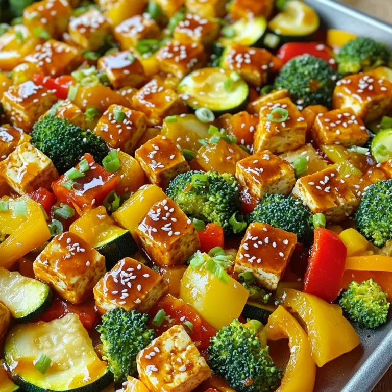 - 1 block (14 oz) firm tofu, pressed and cubed - 2 tablespoons sweet chili sauce - 1 red bell pepper, chopped - 1 yellow bell pepper, chopped - 1 zucchini, sliced - 1 cup broccoli florets I love using firm tofu for this dish. It holds its shape well and absorbs flavors nicely. Sweet chili sauce adds a sweet and tangy kick that pairs perfectly with the fresh veggies. Red and yellow bell peppers bring color and crunch. Zucchini adds a nice texture, while broccoli packs in nutrients. - 1 tablespoon soy sauce or tamari - 1 tablespoon olive oil - 3 cloves garlic, minced - 1 teaspoon ginger, minced Seasoning brings everything together. Soy sauce or tamari gives a savory depth. Olive oil adds richness and helps with roasting. Fresh garlic and ginger offer aromatic notes that elevate the dish. - Sesame seeds - Chopped green onions Toppings add extra flair. Sesame seeds provide crunch and a nutty flavor. Chopped green onions add freshness and color. These small touches make the dish visually appealing and tasty. Preheating the Oven First, set your oven to 425°F (220°C). This high heat will help the tofu get crispy and the veggies tender. Preheating is key for even cooking. Lining the Baking Sheet Next, grab a large baking sheet and line it with parchment paper. This keeps the tofu and veggies from sticking. It also makes cleanup easy later. Combining Marinade Ingredients In a medium bowl, mix the sweet chili sauce, soy sauce, olive oil, minced garlic, and ginger. Stir well to combine. This marinade gives the tofu great flavor. Coating Tofu Cubes Now, add the cubed tofu to the bowl. Gently toss the tofu until it is well coated. Let it sit for about 15 minutes. This helps the tofu soak in all those tasty flavors. Chopping Bell Peppers and Zucchini While the tofu marinates, chop one red bell pepper, one yellow bell pepper, and one zucchini. Cut them into bite-sized pieces. The colors make the dish look vibrant and appealing. Seasoning the Veggies Place the chopped veggies on the baking sheet. Drizzle with olive oil and sprinkle with salt and pepper. Toss them to coat evenly. This step adds flavor and helps them roast nicely. Assembling Tofu and Veggies Once the tofu has marinated, lay the tofu cubes over the veggies on the baking sheet. Spread them out evenly. This ensures that everything cooks well together. Roasting Time and Techniques Roast in the preheated oven for 25 to 30 minutes. Flip the tofu and veggies halfway through. This helps them brown evenly. When done, the tofu should be golden, and the veggies should be tender. Best Tofu Types to Use I recommend firm tofu for this recipe. It holds its shape well and absorbs flavors nicely. Silken tofu can break apart too easily. Extra-firm tofu also works well if you want more texture. Marinating Time Adjustments Marinate your tofu for at least 15 minutes. If you have time, let it sit longer for deeper flavor. You can even marinate it overnight in the fridge for a bold taste. Additional Flavor Booster Ingredients You can add a splash of lime juice or a dash of sriracha for extra zing. Try adding fresh herbs like cilantro or basil for more flavor. These small additions can change the dish greatly. Using Fresh vs. Frozen Vegetables Fresh vegetables give the best taste and crunch. However, frozen veggies can save time. Just make sure to thaw and drain them well before cooking. This prevents extra water from making your dish soggy. Spacing on the Baking Sheet Do not crowd the baking sheet. Leave some space between the tofu and veggies. This allows hot air to circulate, making everything cook evenly. A good rule is to arrange them in a single layer. Flipping the Ingredients Correctly Flip the tofu and veggies halfway through roasting. Use a spatula to turn them over gently. This ensures all sides get golden and crispy. Cook until everything is tender and slightly charred for the best flavor. {{image_2}} You can easily change the veggies in this dish. This keeps it fresh and fun. Here are some ideas for other vegetable options: - Carrots, cut into sticks - Snap peas or green beans - Cauliflower florets - Sweet potatoes, diced For seasonal vegetable suggestions, consider using: - Asparagus in spring - Brussels sprouts in fall - Butternut squash in winter These swaps can make your meal even more exciting. Want to kick up the heat? Adding extra spice is easy. Here’s how: 1. Mix in some red pepper flakes. Start with a pinch and add more to taste. 2. Try adding sliced jalapeños or serrano peppers. These bring a fresh heat. Recommended spicy ingredients include: - Sriracha for a tangy kick - Chili paste for depth - Hot sauce to drizzle on top These options add bold flavors to the dish. Switching up the sauce can change the whole vibe of the meal. Here are some alternative sauces to try: - Teriyaki sauce for a sweet and savory profile - Peanut sauce for a nutty twist - Hoisin sauce for a rich flavor If you want to make your own sweet chili sauce, here’s a simple recipe: 1. Combine 1 cup sugar, 1/2 cup water, and 1/4 cup rice vinegar in a pot. 2. Stir in 2 tablespoons of sambal oelek for heat. 3. Cook on low until thickened, about 10 minutes. This homemade version can take your dish to the next level. - Store leftovers in an airtight container. - Keep them in the fridge for up to three days. - Make sure the dish cools completely before sealing. - Reheat in the oven for best results. - Set the oven to 350°F (175°C) and warm for about 10 minutes. - You can also use a microwave, but it may make the tofu soggy. - To avoid soggy tofu and veggies, cover the dish with a paper towel while microwaving. - Freeze the dish before or after cooking. - If freezing before, marinate the tofu and veggies first. - Store in freezer-safe containers or bags. - Thaw overnight in the fridge before reheating. - Use within three months for the best taste. Yes, you can easily make this recipe gluten-free. Just swap regular soy sauce for tamari. Tamari is a gluten-free soy sauce that keeps the flavor intact. Check your sweet chili sauce, too, as some brands contain gluten. Choose a gluten-free brand for the best results. This dish is already vegan! The tofu is plant-based, and the sauces do not contain any animal products. Always check the labels on your sweet chili sauce and soy sauce to confirm they are vegan-friendly. This dish pairs well with many sides. Serve it over steamed rice or quinoa for a filling meal. You can also enjoy it with a fresh salad or some warm naan bread. Adding a side of coconut curry soup can elevate the meal, too. You can store leftovers in an airtight container in the fridge for up to 4 days. For longer storage, freeze the dish in a freezer-safe container. It can last for about 2 months in the freezer. Just remember to thaw it in the fridge before reheating. This recipe combines firm tofu, fresh veggies, and a tasty sauce. You learned how to prepare, marinate, and roast your dish to perfection. I shared tips to ensure your tofu shines and ways to switch up ingredients. You can also store extras and enjoy later. Cooking can be simple and fun. With this guide, you can make meals that taste great and fit your needs. Enjoy trying new flavors and variations as you cook!