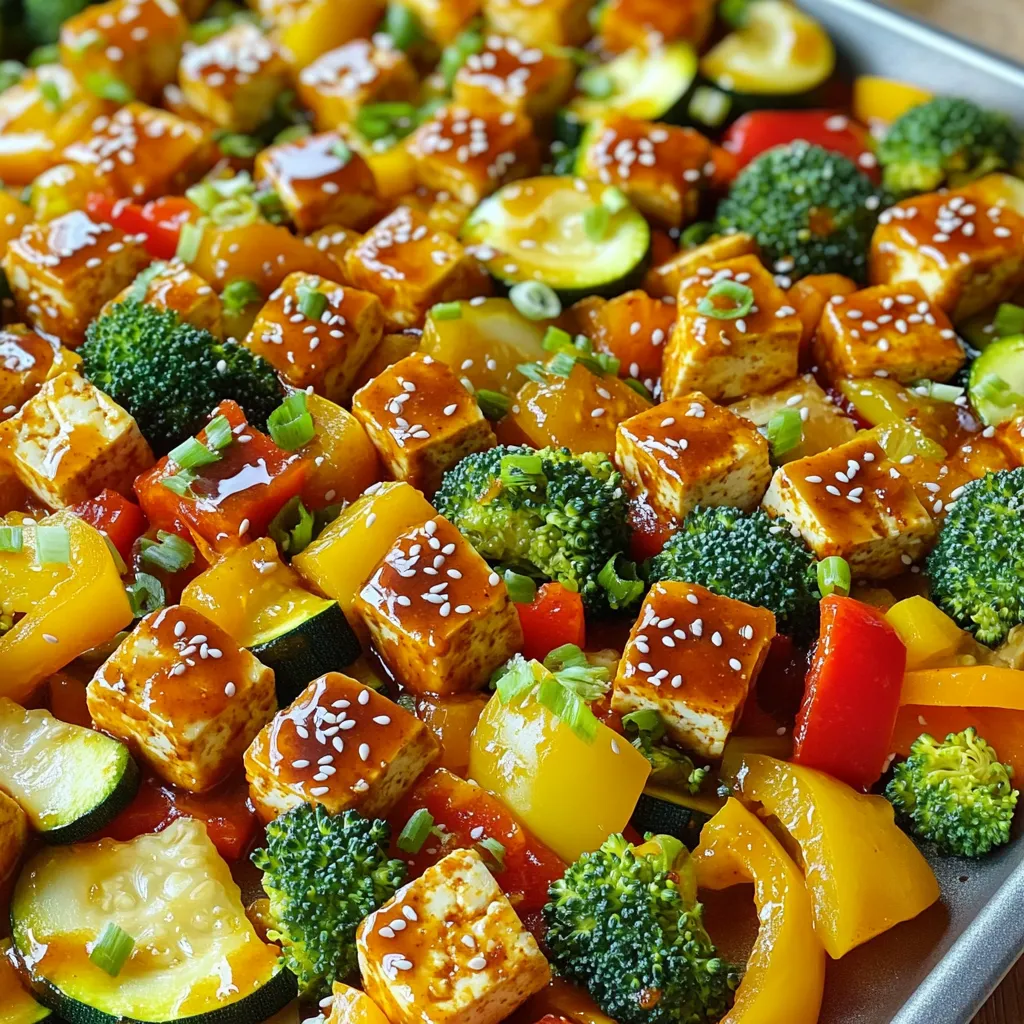 - 1 block (14 oz) firm tofu, pressed and cubed - 2 tablespoons sweet chili sauce - 1 red bell pepper, chopped - 1 yellow bell pepper, chopped - 1 zucchini, sliced - 1 cup broccoli florets I love using firm tofu for this dish. It holds its shape well and absorbs flavors nicely. Sweet chili sauce adds a sweet and tangy kick that pairs perfectly with the fresh veggies. Red and yellow bell peppers bring color and crunch. Zucchini adds a nice texture, while broccoli packs in nutrients. - 1 tablespoon soy sauce or tamari - 1 tablespoon olive oil - 3 cloves garlic, minced - 1 teaspoon ginger, minced Seasoning brings everything together. Soy sauce or tamari gives a savory depth. Olive oil adds richness and helps with roasting. Fresh garlic and ginger offer aromatic notes that elevate the dish. - Sesame seeds - Chopped green onions Toppings add extra flair. Sesame seeds provide crunch and a nutty flavor. Chopped green onions add freshness and color. These small touches make the dish visually appealing and tasty. Preheating the Oven First, set your oven to 425°F (220°C). This high heat will help the tofu get crispy and the veggies tender. Preheating is key for even cooking. Lining the Baking Sheet Next, grab a large baking sheet and line it with parchment paper. This keeps the tofu and veggies from sticking. It also makes cleanup easy later. Combining Marinade Ingredients In a medium bowl, mix the sweet chili sauce, soy sauce, olive oil, minced garlic, and ginger. Stir well to combine. This marinade gives the tofu great flavor. Coating Tofu Cubes Now, add the cubed tofu to the bowl. Gently toss the tofu until it is well coated. Let it sit for about 15 minutes. This helps the tofu soak in all those tasty flavors. Chopping Bell Peppers and Zucchini While the tofu marinates, chop one red bell pepper, one yellow bell pepper, and one zucchini. Cut them into bite-sized pieces. The colors make the dish look vibrant and appealing. Seasoning the Veggies Place the chopped veggies on the baking sheet. Drizzle with olive oil and sprinkle with salt and pepper. Toss them to coat evenly. This step adds flavor and helps them roast nicely. Assembling Tofu and Veggies Once the tofu has marinated, lay the tofu cubes over the veggies on the baking sheet. Spread them out evenly. This ensures that everything cooks well together. Roasting Time and Techniques Roast in the preheated oven for 25 to 30 minutes. Flip the tofu and veggies halfway through. This helps them brown evenly. When done, the tofu should be golden, and the veggies should be tender. Best Tofu Types to Use I recommend firm tofu for this recipe. It holds its shape well and absorbs flavors nicely. Silken tofu can break apart too easily. Extra-firm tofu also works well if you want more texture. Marinating Time Adjustments Marinate your tofu for at least 15 minutes. If you have time, let it sit longer for deeper flavor. You can even marinate it overnight in the fridge for a bold taste. Additional Flavor Booster Ingredients You can add a splash of lime juice or a dash of sriracha for extra zing. Try adding fresh herbs like cilantro or basil for more flavor. These small additions can change the dish greatly. Using Fresh vs. Frozen Vegetables Fresh vegetables give the best taste and crunch. However, frozen veggies can save time. Just make sure to thaw and drain them well before cooking. This prevents extra water from making your dish soggy. Spacing on the Baking Sheet Do not crowd the baking sheet. Leave some space between the tofu and veggies. This allows hot air to circulate, making everything cook evenly. A good rule is to arrange them in a single layer. Flipping the Ingredients Correctly Flip the tofu and veggies halfway through roasting. Use a spatula to turn them over gently. This ensures all sides get golden and crispy. Cook until everything is tender and slightly charred for the best flavor. {{image_2}} You can easily change the veggies in this dish. This keeps it fresh and fun. Here are some ideas for other vegetable options: - Carrots, cut into sticks - Snap peas or green beans - Cauliflower florets - Sweet potatoes, diced For seasonal vegetable suggestions, consider using: - Asparagus in spring - Brussels sprouts in fall - Butternut squash in winter These swaps can make your meal even more exciting. Want to kick up the heat? Adding extra spice is easy. Here’s how: 1. Mix in some red pepper flakes. Start with a pinch and add more to taste. 2. Try adding sliced jalapeños or serrano peppers. These bring a fresh heat. Recommended spicy ingredients include: - Sriracha for a tangy kick - Chili paste for depth - Hot sauce to drizzle on top These options add bold flavors to the dish. Switching up the sauce can change the whole vibe of the meal. Here are some alternative sauces to try: - Teriyaki sauce for a sweet and savory profile - Peanut sauce for a nutty twist - Hoisin sauce for a rich flavor If you want to make your own sweet chili sauce, here’s a simple recipe: 1. Combine 1 cup sugar, 1/2 cup water, and 1/4 cup rice vinegar in a pot. 2. Stir in 2 tablespoons of sambal oelek for heat. 3. Cook on low until thickened, about 10 minutes. This homemade version can take your dish to the next level. - Store leftovers in an airtight container. - Keep them in the fridge for up to three days. - Make sure the dish cools completely before sealing. - Reheat in the oven for best results. - Set the oven to 350°F (175°C) and warm for about 10 minutes. - You can also use a microwave, but it may make the tofu soggy. - To avoid soggy tofu and veggies, cover the dish with a paper towel while microwaving. - Freeze the dish before or after cooking. - If freezing before, marinate the tofu and veggies first. - Store in freezer-safe containers or bags. - Thaw overnight in the fridge before reheating. - Use within three months for the best taste. Yes, you can easily make this recipe gluten-free. Just swap regular soy sauce for tamari. Tamari is a gluten-free soy sauce that keeps the flavor intact. Check your sweet chili sauce, too, as some brands contain gluten. Choose a gluten-free brand for the best results. This dish is already vegan! The tofu is plant-based, and the sauces do not contain any animal products. Always check the labels on your sweet chili sauce and soy sauce to confirm they are vegan-friendly. This dish pairs well with many sides. Serve it over steamed rice or quinoa for a filling meal. You can also enjoy it with a fresh salad or some warm naan bread. Adding a side of coconut curry soup can elevate the meal, too. You can store leftovers in an airtight container in the fridge for up to 4 days. For longer storage, freeze the dish in a freezer-safe container. It can last for about 2 months in the freezer. Just remember to thaw it in the fridge before reheating. This recipe combines firm tofu, fresh veggies, and a tasty sauce. You learned how to prepare, marinate, and roast your dish to perfection. I shared tips to ensure your tofu shines and ways to switch up ingredients. You can also store extras and enjoy later. Cooking can be simple and fun. With this guide, you can make meals that taste great and fit your needs. Enjoy trying new flavors and variations as you cook!