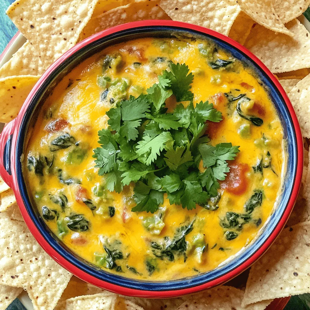 To create a delicious Pepper Jack Spinach Queso Dip, gather these key ingredients: - 1 cup shredded Pepper Jack cheese - 1 cup shredded sharp cheddar cheese - 1 cup fresh spinach, chopped - 1 can (15 oz) diced tomatoes with green chilies, drained - 1/2 cup cream cheese, cubed - 1/4 cup milk (preferably whole or 2%) - 1 small onion, finely chopped - 2 cloves garlic, minced - 1 tablespoon olive oil - 1 teaspoon ground cumin - Salt and pepper to taste - Tortilla chips for serving These ingredients create a rich and creamy dip. The Pepper Jack cheese adds a nice kick, while the spinach keeps it fresh. If you need dairy-free options, you can swap the cheese and cream cheese. Use plant-based cheese instead. Look for brands that melt well. For the cream cheese, try a vegan cream cheese. You can also use almond milk or oat milk in place of regular milk. These substitutions allow everyone to enjoy the dip. To elevate your dip, consider adding a few extra ingredients: - Chopped jalapeños for heat - Black beans for texture - Corn for sweetness - Fresh herbs like cilantro for brightness These add-ins can give your dip a unique twist. Feel free to mix and match based on your taste. 1. Start by heating olive oil in a medium skillet over medium heat. 2. Add minced garlic and chopped onion. Cook until the onion is clear, about 3-4 minutes. 3. Reduce heat to low and add chopped spinach. Cook until the spinach wilts, about 2 minutes. 4. In a large pot, mix cream cheese, milk, and drained diced tomatoes. Stir over medium heat until smooth. 5. Gradually add shredded Pepper Jack cheese and sharp cheddar cheese. Stir until fully melted. 6. Add the sautéed spinach, onion, and garlic to the pot. Also, add ground cumin, salt, and pepper. Stir well. 7. Cook for another 2-3 minutes on low heat. Stir often until heated through. 8. Taste and adjust seasoning if you need to. - Use full-fat cream cheese for a richer dip. - Stir continuously when melting cheese to avoid clumps. - Adjust milk for your desired thickness; less for a thicker dip. Cooking on low heat helps blend flavors. It also prevents burning the cheese. Keep stirring to ensure even heat. This way, the dip stays creamy and delicious. Overheating can make it grainy, so watch the temperature closely. To make the best Pepper Jack Spinach Queso Dip, start with the onion and garlic. Heat olive oil in a medium skillet on medium heat. Add finely chopped onion and minced garlic. Cook them for about 3-4 minutes until the onion looks clear. This step builds great flavor. Then, lower the heat and toss in the chopped spinach. Cook for 2 minutes until it wilts. This keeps the spinach bright and tasty. If you have leftover queso dip, let it cool to room temperature. Then, transfer it to an airtight container. This will keep it fresh. Store it in the fridge for up to three days. When you want to eat it, reheat in a pot over low heat. Stir regularly to make it creamy again. You can also microwave it in short bursts, stirring in between. Serve your Pepper Jack Spinach Queso Dip with crispy tortilla chips. They are perfect for dipping! You can also add some sliced veggies like bell peppers or carrots. For a twist, serve it with soft tortillas or warm pita bread. This dip works great for parties or game days. Add a fresh garnish of chopped cilantro for color and taste. Enjoy the rich flavors and creamy texture with friends or family! {{image_2}} Want to kick up the heat? You can add jalapeños or hot sauce to your dip. Start by finely chopping one or two jalapeños. Sauté them with the onion and garlic for a fresh, spicy flavor. For hot sauce, just add a few drops to the cheese mix. Taste it as you go. This way, you can find the perfect spice level for you. You can easily adapt this dip for vegetarian or vegan diets. For a vegetarian version, keep the cheese but skip the cream cheese. Use a plant-based cream cheese and milk for a vegan option. Many brands now offer great dairy-free cheeses. Look for ones that melt well. You’ll still get a creamy texture and a tasty dip. Changing ingredients with the seasons keeps this dip fresh. In spring, add artichokes or asparagus for a bright flavor. In fall, try adding roasted butternut squash. Swap out fresh spinach for kale during winter. These swaps not only change the taste but also add great nutrition. Get creative and use what you have on hand. To keep your Pepper Jack Spinach Queso Dip fresh, store it in an airtight container. Let the dip cool to room temperature before sealing it. This helps avoid steam build-up and keeps the dip creamy. You can also use plastic wrap directly on the dip’s surface before closing the lid. This extra step helps prevent a skin from forming. You can freeze this dip if you have leftovers. Transfer it to a freezer-safe container. Make sure to leave some space for expansion. When ready to eat, thaw it in the fridge overnight. Reheat it gently in a pot over low heat. Stir it often to avoid burning. If it seems too thick, add a splash of milk to get it creamy again. The dip lasts about 3 to 5 days in the fridge. Always check for any off smells or changes in texture before eating. If you freeze it, the dip can stay good for up to 2 months. However, it tastes best when fresh. To add heat, include diced jalapeños. You can also mix in hot sauce. Another option is to use extra Pepper Jack cheese. Adjusting these will bring more spice to your dip. Yes, you can swap out cheeses. Try using Monterey Jack or Gouda for a different taste. Mixing in some mozzarella can also add creaminess. Just keep the ratios similar for a smooth dip. Serve this dip with crispy tortilla chips. Veggies like bell peppers and cucumbers also work well. You can even serve it on top of nachos for a fun twist! Yes, you can prepare the dip in advance. Just store it in the fridge after cooking. When ready to serve, reheat it gently on the stove or in the microwave. Reheat the dip slowly on the stove over low heat. Stir it often to prevent burning. If using a microwave, heat in short bursts, stirring in between. This keeps the dip creamy and smooth. This blog post covered how to make a tasty Pepper Jack Spinach Queso Dip. We explored essential ingredients, cooking steps, and tips for great flavor. I shared storage tips and variations for all tastes. In my view, making queso dip can be simple and fun. You can mix and match flavors based on what you love. Enjoy sharing it with friends and family. Your next gathering will be a hit!