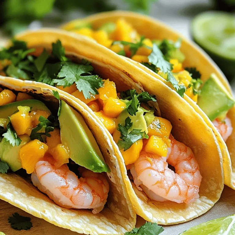 - 1 lb large shrimp, peeled and deveined - 1 ripe mango, diced - 1 avocado, sliced - 2 tablespoons olive oil - 2 tablespoons lime juice - 1 teaspoon chili powder - 8 small corn tortillas - Fresh cilantro for garnish - 1 jalapeño, seeded and minced - 1/2 red onion, finely chopped To make Spicy Mango Shrimp Tacos, gather these fresh ingredients. Each one adds to the flavor and texture. Large shrimp are key for this dish. They cook quickly and soak up the marinade well. I love using ripe mango for a sweet and juicy contrast. The avocado adds creaminess, balancing the spices. For seasonings, olive oil brings richness and helps with cooking. Lime juice adds brightness, cutting through the shrimp's taste. Chili powder gives the right kick. Don't forget the corn tortillas! They are perfect for holding all the goodness. Fresh cilantro adds a burst of color and freshness. The jalapeño and red onion in the salsa give it a nice crunch and heat. These ingredients make a fresh and tasty meal. Be ready to enjoy vibrant flavors in every bite! To start, grab a medium bowl. In it, combine the shrimp, olive oil, lime juice, chili powder, cumin, salt, and pepper. Mix everything well. Make sure the shrimp are coated evenly. This mix adds flavor and tenderness. Let the shrimp marinate for 15 minutes. This short time allows the flavors to soak in without overpowering the shrimp. While the shrimp marinates, it’s time to make the mango salsa. First, dice the ripe mango into small pieces. This fruit adds sweetness and freshness. In another bowl, mix the diced mango with finely chopped red onion and minced jalapeño. For seasoning, add a pinch of salt and pepper. This blend balances the salsa’s sweetness with some heat. Stir everything together and set it aside. Now, heat a skillet over medium-high heat. Once hot, add the marinated shrimp. Cook for 2-3 minutes on each side. The shrimp should turn pink and opaque. This means they are perfectly cooked. After cooking, remove them from the heat. Next, warm the corn tortillas in a dry skillet or microwave. This step makes them soft and easy to fold. To assemble the tacos, take a warm tortilla and place a few shrimp on top. Add a spoonful of mango salsa and some avocado slices. Garnish with fresh cilantro. Serve your tacos with lime wedges on the side for an extra burst of flavor. Enjoy this fresh and flavorful delight! To get perfectly cooked shrimp, look for a bright pink color. The shrimp should also have a slight curl. If your shrimp are firm and opaque, they are ready. Overcooked shrimp turn rubbery, so watch the time closely. For marination, mix the shrimp with olive oil, lime juice, chili powder, cumin, salt, and pepper. Let them soak for 15 minutes. This step adds great flavor. The longer you marinate, the more intense the taste. Adding jalapeño gives your tacos a spicy kick. Be sure to remove the seeds for less heat. Mix it into the mango salsa for a delightful blend. The sweetness of mango needs a touch of acidity. Lime juice balances the salsa nicely. It brightens the flavor and lifts the dish. Garnish your tacos with fresh cilantro. It adds color and freshness. You can also add slices of lime for extra zest. Pair these tacos with a cold beverage. A light beer or a refreshing soda works well. Enjoy your meal with friends and family! {{image_2}} You can switch up the shrimp for fish or chicken. Fish like tilapia or mahi-mahi works well. Simply season and cook them the same way as shrimp. For chicken, use boneless thighs or breasts. Chop them into small pieces, marinate, and sauté until cooked through. If you prefer a vegetarian option, try grilled tofu or tempeh. Both soak up flavors well. Use the same marinade from the shrimp to keep it tasty. Mango salsa is great, but other fruits can shine, too. Pineapple, peach, or papaya can add a nice twist. Mix these fruits with red onion and jalapeño for a fresh taste. You can also add more spices to your salsa. A pinch of cumin or chili powder can boost flavor. Consider adding fresh herbs like mint or basil for a unique touch. Corn tortillas are traditional, but you can use flour tortillas for a softer bite. Both options are delicious. If you need gluten-free tortillas, look for those made from corn or almond flour. They hold up well and add great flavor. Enjoy experimenting with different tortillas for your tacos! To keep your shrimp and salsa fresh, store them in separate containers. Use airtight containers to prevent moisture loss. Shrimp can last up to two days in the fridge. The salsa, if stored well, can stay fresh for three days. When reheating shrimp, use a skillet over low heat. This keeps the shrimp tender. Stir gently to avoid overcooking. For tortillas, wrap them in a damp paper towel and microwave for about 15 seconds. This keeps them soft and ready to fold. You can freeze shrimp but not the assembled tacos. Freeze shrimp in a single layer on a tray before transferring to a bag. This way, they won’t stick together. Salsa can be frozen too, but it's best fresh. If freezing, use a container that allows some space for expansion. To make your Spicy Mango Shrimp Tacos less spicy, you can follow a few simple tips: - Skip the jalapeño: Just leave it out of the mango salsa. - Use less chili powder: Cut the amount by half or skip it entirely. - Add more mango: This will add sweetness and balance the heat. - Incorporate sour cream: A dollop on top cools down the spice. These changes will still give you a tasty taco without the intense heat. You can enjoy the flavors without overwhelming your taste buds. When serving Spicy Mango Shrimp Tacos, think about these tasty sides: - Mexican street corn: Grilled corn on the cob topped with cheese and spices. - Black bean salad: A fresh mix of black beans, corn, and lime juice. - Rice and beans: Simple and filling, perfect for rounding out the meal. - Chips and guacamole: A fun, crunchy addition that complements the tacos. These sides enhance the flavors and make your meal even better. They bring a variety of textures and tastes to the table. Yes, you can prepare parts of this recipe ahead of time. Here’s how: - Marinate the shrimp: You can marinate the shrimp up to 2 hours before cooking. - Make the mango salsa: Prepare it a few hours in advance and chill it in the fridge. - Warm the tortillas: Do this just before serving to keep them soft. These steps allow you to save time during your event. This way, you can enjoy the fun without rushing. This article explored how to make Spicy Mango Shrimp Tacos from start to finish. We covered the main ingredients like shrimp, mango, and avocado. I shared tips on marinating shrimp and preparing mango salsa. You learned about cooking techniques and serving ideas. Finally, we discussed storage options for leftovers. These tacos are fun to make and enjoy. Experiment with flavors and tailor them to your taste. Happy cooking!