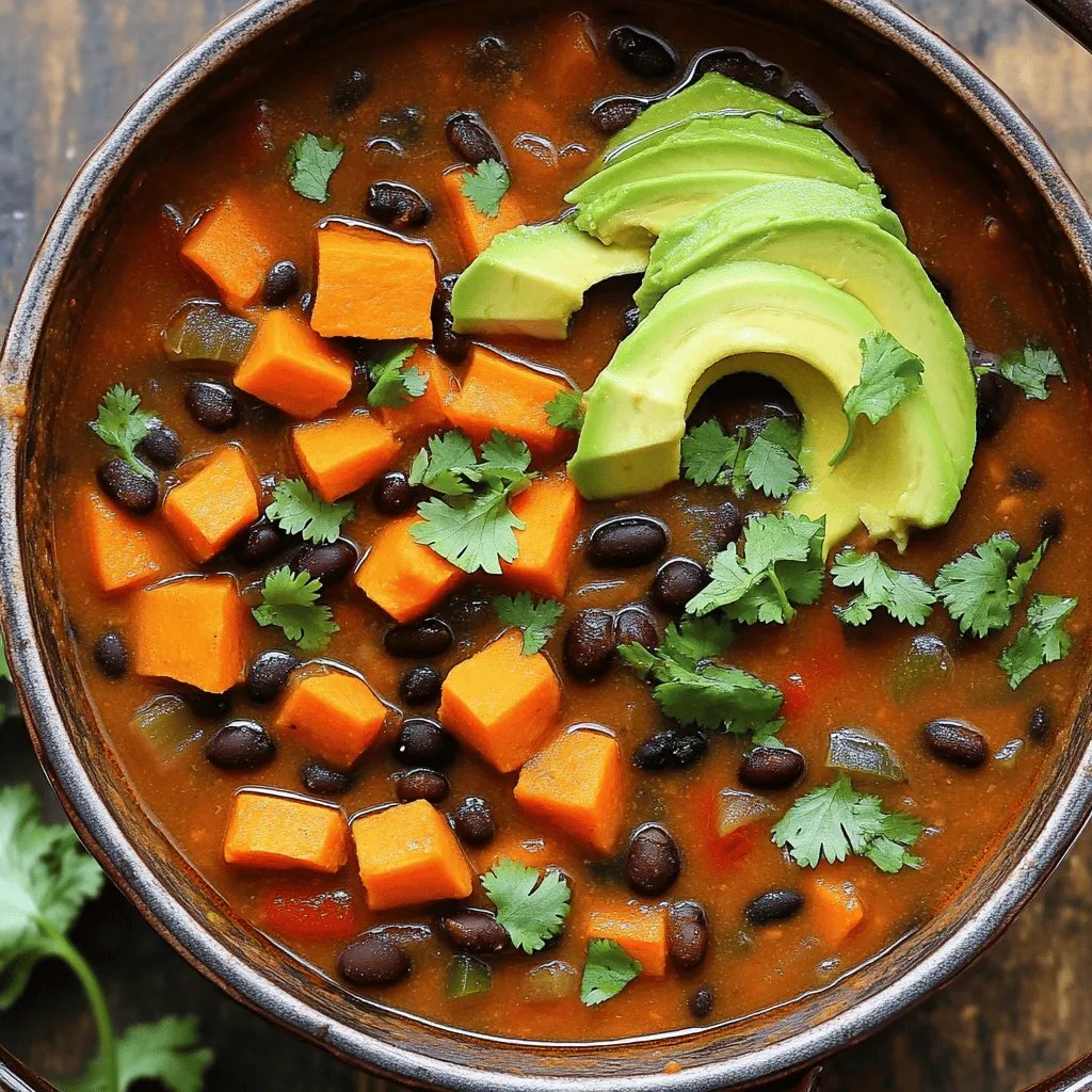 To make Sweet Potato Black Bean Chili, gather these ingredients: - 2 medium sweet potatoes, peeled and diced - 1 can (15 oz) black beans, rinsed and drained - 1 can (14 oz) diced tomatoes with green chilies - 1 medium onion, chopped - 2 cloves garlic, minced - 1 bell pepper (red or green), chopped - 2 cups vegetable broth - 1 tablespoon chili powder - 1 teaspoon cumin - 1 teaspoon smoked paprika - 1 tablespoon olive oil - Salt and pepper to taste These ingredients create a warm and tasty chili. Each adds unique flavors and textures. You can enhance your chili with these tasty garnishes: - Fresh cilantro - Avocado These add freshness and creaminess. Use them to make your dish even better. Each serving of Sweet Potato Black Bean Chili has: - Calories: 230 - Protein: 10g - Carbohydrates: 40g - Fat: 5g - Fiber: 10g This chili is not just tasty; it is also healthy. Enjoy a hearty meal that fuels your body. First, gather all your ingredients. You will need sweet potatoes, black beans, diced tomatoes, onion, garlic, bell pepper, vegetable broth, spices, olive oil, and salt. Make sure to peel and dice the sweet potatoes. Chop the onion and bell pepper, and mince the garlic. This step makes cooking easier. 1. Heat the Oil: In a large pot, heat the olive oil over medium heat. 2. Sauté Onion and Garlic: Add the chopped onion and minced garlic. Cook for about 5 minutes until they look clear. 3. Add Bell Pepper: Stir in the diced bell pepper. Cook for another 3-4 minutes until it softens. 4. Mix in Sweet Potatoes and Spices: Add the diced sweet potatoes, chili powder, cumin, smoked paprika, salt, and pepper. Stir well to mix everything. 5. Add Tomatoes and Broth: Pour in the diced tomatoes with their juice and the vegetable broth. Bring this mixture to a boil. 6. Simmer: Once it boils, reduce the heat to low. Cover the pot and let it simmer for 25-30 minutes. This makes the sweet potatoes tender. 7. Stir in Black Beans: Finally, add the drained black beans. Let it simmer for an extra 5 minutes to heat them through. 8. Taste and Adjust: Taste the chili and adjust the seasoning if needed. - Use fresh spices for better flavor. - If you like heat, add more chili powder or diced jalapeños. - Let the chili sit for a while before serving. It tastes even better the next day! - Garnish with fresh cilantro or avocado for extra flavor and color. This recipe is hearty and full of flavor. Each step builds the taste, making your Sweet Potato Black Bean Chili a hit at the dinner table! When making sweet potato black bean chili, some mistakes can ruin your dish. First, don’t skip the sautéing step. Sautéing onion and garlic adds depth to the flavor. Another mistake is overcooking sweet potatoes. They should be tender but not mushy. Lastly, don’t forget to taste as you cook. Adjust the spices to suit your taste. To boost flavor, use fresh herbs like cilantro. Adding a squeeze of lime juice brightens the dish. You can also try adding a dash of hot sauce for heat. If you want a smoky taste, increase the smoked paprika. For a richer flavor, consider adding a spoonful of nut butter. This will add creaminess and a hint of sweetness. This chili is perfect for meal prep. It stores well in the fridge for up to five days. To prep, make a big batch and divide it into containers. You can freeze leftovers too. Just let the chili cool before freezing. When ready to eat, reheat on the stove or microwave. Enjoy a warm and hearty meal anytime! {{image_2}} You can make this chili heartier by adding proteins. Ground turkey or chicken works well. Just brown it in the pot before the onions. You can also use sausage for a spicy kick. If you want to keep it meatless, try adding tofu or tempeh. Both soak up flavors well and add texture. The spices in this chili can change its taste. If you like it mild, stick to the recipe. To add heat, try cayenne pepper or jalapeños. You can also use chipotle powder for a smoky flavor. Taste as you go. This lets you find the right heat level for you. This chili is already vegetarian. To make it vegan, use vegetable broth and skip any animal products in toppings. You can also add nutritional yeast for a cheesy flavor. Fresh cilantro and avocado are great choices to enhance the dish. Both add freshness and color to each bowl. To store your leftover Sweet Potato Black Bean Chili, let it cool first. Once it cools, place it in an airtight container. Make sure to seal it tightly. You can keep it in the fridge for up to 4 days. If you want to save it longer, freezing is a great option. For freezing, use freezer-safe containers or heavy-duty bags. Divide the chili into portions that fit your needs. Remember to leave some space in the container. The chili expands when it freezes. It’s best to use frozen chili within 3 months for the best taste. Label the bags or containers with the date to keep track. To reheat, you can use the stove or microwave. If using the stove, add a little water or broth. Heat it on medium until warm. Stir occasionally to prevent sticking. If using the microwave, place the chili in a microwave-safe bowl. Heat for 1-2 minutes, stirring halfway through. Check if it's hot all the way through before serving. Yes, you can make this chili in a slow cooker. Start by sautéing the onion and garlic in a pan. This step adds great flavor. Then, add all the ingredients into the slow cooker. Mix well and set it to cook on low for 6-8 hours. If you want it faster, set it on high for 3-4 hours. The sweet potatoes will be soft, and the flavors will blend nicely. The chili will stay fresh in the fridge for about 3 to 5 days. Make sure to store it in an airtight container. This keeps it from drying out and losing flavor. When you reheat, just warm it on the stove or in the microwave. Always check for smell or signs of spoilage before eating. You can serve this chili with many tasty sides. Some options include: - Rice or quinoa for extra fiber - Cornbread for a sweet touch - Tortilla chips for crunch - A fresh salad to add crispness You can also top it with avocado or cilantro for extra flavor. Enjoy playing with different pairings! This blog post covered all you need to make chili. We listed key ingredients, prep steps, and cooking tips. I shared ways to avoid common mistakes and enhance flavor. You can customize this dish with proteins and spices, too. Finally, I outlined how to store leftovers and keep them fresh. Follow these steps, and you will create a tasty chili that everyone will love. Enjoy your cooking adventure!