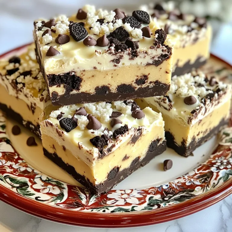 - 1 cup all-purpose flour - 1/2 cup brown sugar - 1/4 cup granulated sugar - 1/2 cup unsalted butter, softened - 1 teaspoon vanilla extract - 1/4 teaspoon salt - 1 cup mini chocolate chips - 12 Oreo cookies, crushed - 1 cup white chocolate chips The ingredients for No-Bake Oreo Cookie Dough Bars are simple yet delightful. Each ingredient plays a key role. The all-purpose flour gives structure, while brown and granulated sugars add sweetness. Softened unsalted butter creates that creamy texture. Vanilla extract brings flavor, and salt balances it out. Mini chocolate chips add more joy, and crushed Oreo cookies provide a fun crunch. The white chocolate chips on top give a lovely finish. - Unsalted butter: You can use coconut oil or vegan butter if needed. - Gluten-free flour options: Try almond flour or any gluten-free blend. - Sugar substitutes: Use coconut sugar or a sugar alternative like Stevia. These substitutions work well and help you adjust the recipe. You can still enjoy the same great taste with different dietary needs. - Calories per serving: Each bar has about 200 calories. - Fat: 10 grams - Carbohydrates: 28 grams - Protein: 2 grams These bars are vegetarian-friendly. They are rich in flavor but should be enjoyed in moderation. If you watch your sugar, consider using substitutes for a lighter treat. 1. Start by preheating your refrigerator. This helps the bars set well. 2. In a large bowl, mix the softened butter, brown sugar, and granulated sugar. Beat until creamy. 3. Add the vanilla extract and salt, mixing until combined. 4. Gradually add the all-purpose flour while mixing on low speed. Don’t overmix! 5. Fold in mini chocolate chips and crushed Oreo cookies. Make sure they spread evenly. 1. Line a 9x9 inch baking pan with parchment paper. Leave some overhang for easy removal. 2. Press the cookie dough mixture firmly into the pan. Smooth the top with a spatula. 3. In a microwave-safe bowl, melt the white chocolate chips. Do this in 20-second increments and stir until smooth. 4. Pour the melted white chocolate over the cookie dough layer. Spread it evenly across the top. 1. Place the pan in the refrigerator for at least 1-2 hours. This helps the bars firm up. 2. When set, lift the bars out of the pan using the parchment paper. Cut them into squares or rectangles. 3. For serving, place them on a decorative platter. Drizzle with extra melted white chocolate and sprinkle with crushed Oreo crumbs for a nice touch. To get the right texture, avoid overmixing the dough. Mix just until you see no dry flour. This keeps the bars soft and chewy. When pressing the mixture into the pan, use a spatula to make it even. Start in the middle and push outwards. This helps create a nice flat layer. Want to boost the chocolatey taste? Add more mini chocolate chips. You can also mix in flavors like mint or peanut butter. Just fold them in with the chocolate chips for a fun twist. Try using different Oreo flavors for even more variety. For serving, place the bars on a bright platter. Drizzle extra melted white chocolate over the top for a nice touch. You can also sprinkle crushed Oreo crumbs on top. This not only looks great but adds more flavor too. {{image_2}} You can change the flavor of your Oreo cookie dough bars in fun ways. Try using chocolate Oreos for a rich, chocolatey taste. Just swap the regular Oreos for chocolate ones. The bars will have a deep flavor and a lovely color. You can also explore other flavors. Use peanut butter Oreos or mint Oreos. Each type brings a unique twist to the bars, making them fun for any occasion. If you want a vegan treat, you can easily make no-bake Oreo cookie dough bars. Replace the butter with coconut oil or vegan butter. Use a plant-based milk for extra moisture if needed. For a low-sugar option, choose sugar substitutes like stevia or erythritol. These swaps keep your bars sweet without the extra calories. Make your Oreo cookie dough bars special for holidays. Add festive toppings like sprinkles or crushed candy canes for Christmas. In the fall, you could mix in pumpkin spice or chopped nuts for a seasonal feel. For birthdays, drizzle colorful icing on top. These tweaks turn simple bars into a festive treat that fits any celebration. To keep your No-Bake Oreo Cookie Dough Bars fresh, use airtight containers. They work great at room temperature if you eat them in a few days. If you want to save them longer, refrigerate them. Just make sure they’re in a sealed container to avoid drying out. For even longer storage, you can freeze them. Wrap each bar in plastic wrap, then place them in a freezer bag. This helps keep them tasty for up to three months. These bars last about a week in the fridge. You’ll know they’re bad when they smell off or if the texture changes. If you see any mold, throw them away. Always check before eating! To maintain the texture after freezing, let them thaw in the fridge overnight. This keeps them soft and delicious. When serving leftovers, cut them into squares for easy sharing. You can drizzle some melted white chocolate on top for a fresh look. Enjoy them chilled or at room temperature for the best taste! To make these bars gluten-free, you can use gluten-free all-purpose flour. This type of flour blends well. Just substitute it in a one-to-one ratio. It will keep the texture smooth. Make sure your other ingredients are gluten-free too. Check the labels on the Oreo cookies and other items. Yes, you can use regular-sized Oreo cookies. However, you will need to crush them into smaller pieces. This ensures they mix well in the dough. You may want to use about 8 to 10 regular Oreos instead of 12. The size change will not affect the taste much. If you prefer not to use white chocolate chips, you can try milk chocolate or dark chocolate chips. Each option gives a different flavor. You can also use peanut butter chips for a fun twist. Just remember, the flavor will change slightly with different chips. Yes, you can make these bars ahead of time. They store well in the fridge for up to a week. Just keep them in an airtight container. If you want to store them longer, you can freeze them. Wrap them tightly in plastic wrap before freezing. They stay good for about three months this way. These cookie dough bars blend common ingredients into a tasty treat. We covered the details on each ingredient, helpful substitutions, and vital nutritional facts. I shared step-by-step instructions to guide you through preparation, assembly, and cooling. You learned tips to enhance flavor and ensure perfect texture, along with fun variations to explore. Finally, we discussed storage tips to keep your bars fresh. Enjoy experimenting with these recipes and make them your own!