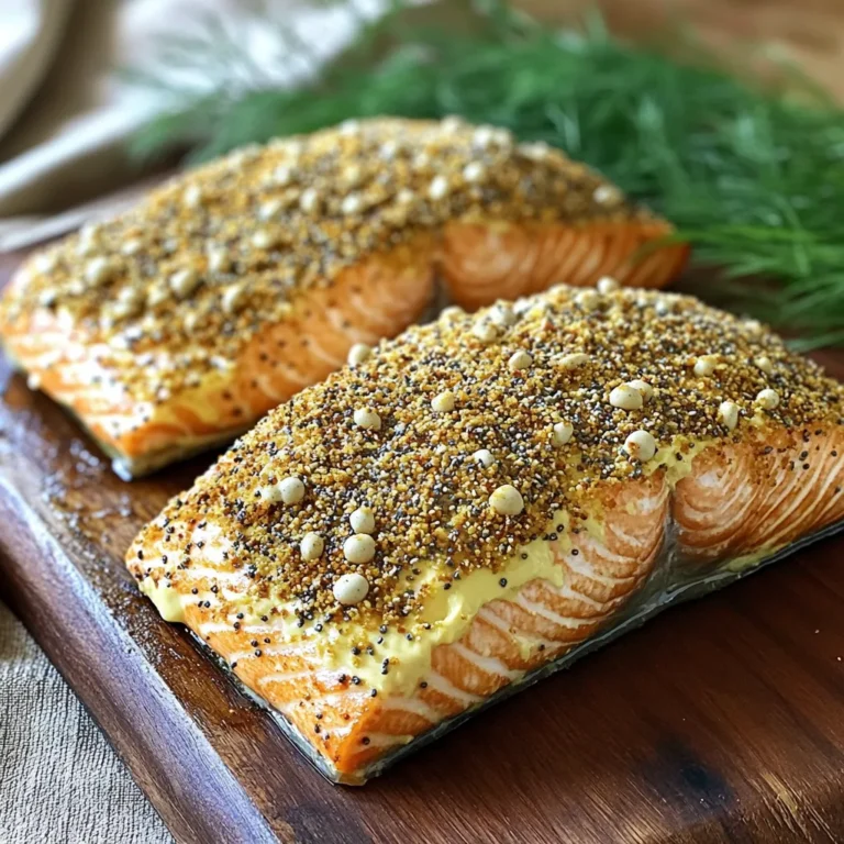 To make Air Fryer Everything Bagel Salmon, gather these items: - 2 salmon fillets - 2 tablespoons cream cheese, softened - 1 tablespoon Dijon mustard - 3 tablespoons everything bagel seasoning - 1 tablespoon olive oil - 1 teaspoon garlic powder - 1 teaspoon onion powder - Salt and pepper to taste - Optional: Fresh dill for garnish Each ingredient plays a role in the flavor and texture of the dish. The salmon provides a rich base, while the cream cheese and mustard create a creamy layer. Everything bagel seasoning brings that unique crunch and flavor. Olive oil helps the seasoning stick and adds moisture. Garlic and onion powder enhance the taste without overpowering the dish. Finally, salt and pepper balance everything perfectly. Feel free to add fresh dill for a bright touch. This simple list makes it easy to whip up a gourmet meal at home. To start, I mix the softened cream cheese and Dijon mustard in a bowl. This creates a rich and tangy base. Next, I add olive oil, garlic powder, onion powder, salt, and pepper. Stir it all together until smooth. This marinade brings great flavor to the salmon. Now, I spread the cream cheese mixture evenly over the top of the salmon fillets. Make sure to cover them well. Then, I sprinkle everything bagel seasoning generously on the salmon. I press it gently to help it stick. This step makes the salmon super tasty and crunchy. First, I preheat my air fryer to 375°F (190°C) for about 5 minutes. This helps cook the salmon evenly. I place the salmon fillets in the air fryer basket, skin-side down. I cook them for 8-10 minutes. The cooking time depends on how thick the fillets are. The salmon should flake easily with a fork when done. To check for doneness, I look for a bright pink center. If I want a crispier top, I air fry for an extra 1-2 minutes. This makes the everything bagel topping even crunchier! - Choosing the right thickness of salmon fillets: I find that fillets about 1 inch thick work best. Thicker pieces need more cooking time, while thinner ones cook faster. - Adjusting cooking times based on air fryer model: Each air fryer cooks a bit differently. Start with 8 minutes, then check for doneness. You may need to add 1 or 2 extra minutes. - Why letting the salmon rest is important: Resting the salmon for a minute helps keep it juicy. This allows the heat to distribute evenly. - Additional seasoning ideas: You can mix in lemon zest or fresh herbs like parsley. Try adding a pinch of chili flakes for a little heat. - Suggestions for marinades and dips: A simple lemon juice and olive oil marinade adds brightness. Creamy dips like tzatziki pair nicely too. - Creative serving ideas: Serve the salmon on toasted bagels with cream cheese. You could also add avocado slices for extra creaminess. - Garnishing options: Fresh dill adds a nice touch. Chopped chives or a sprinkle of lemon zest can also brighten your dish. - Serving suggestions for sides and sauces: Pair your salmon with a fresh salad or roasted veggies. A drizzle of balsamic glaze or a yogurt sauce makes it special. {{image_2}} You can change the seasoning to suit your taste. Try using lemon pepper for a zesty kick. Cajun spices add heat, while a mix of herbs can brighten your dish. For a sweet touch, consider a brown sugar rub. If you need gluten-free options, look for gluten-free seasoning blends. You can also mix spices based on your dietary needs. Just remember, the key is to blend flavors you love. While salmon shines here, other proteins work well too. Try using trout or arctic char for a different fish flavor. Chicken breast can be a great substitute if you prefer poultry. You can even use tofu for a vegetarian option. Just press it to remove excess moisture. Be sure to adjust cooking times based on the protein you choose. Each option offers unique taste and texture. Air frying gives you a crisp texture without the extra oil. Baking is another great option but may take longer. If you choose to bake, set your oven to 400°F (200°C) and check for doneness around the same time. Grilling adds a smoky flavor, but monitor closely to avoid overcooking. Each technique brings out different flavors, so feel free to experiment. To store leftover salmon, first let it cool to room temperature. Then, wrap the salmon tightly in plastic wrap or place it in an airtight container. This keeps the salmon fresh and prevents any strong smells from spreading in your fridge. Store it in the fridge for up to three days. If you want to freeze the salmon, place it in a freezer-safe bag. Remove as much air as possible before sealing. You can freeze it for up to three months. When you’re ready to eat it, thaw the salmon in the fridge overnight. To reheat, place the salmon in the air fryer at 350°F (175°C) for about five minutes. This helps keep it moist. You can also microwave it on medium power for one to two minutes, but be careful not to overcook it. Incorporating salmon into your meal prep is easy and tasty. You can cook several fillets at once. This gives you a quick protein option for the week. Try flaking the leftover salmon and adding it to salads or grain bowls. It adds flavor and protein to your meals. You can also serve it in a sandwich or wrap with fresh veggies. For a simple breakfast, mix the salmon with scrambled eggs or spread it on a bagel. The options are endless! Enjoy your Air Fryer Everything Bagel Salmon in new and exciting ways throughout the week. To check if the salmon is done, look for a few signs: - The salmon should be opaque and flake easily with a fork. - Use a meat thermometer. The internal temperature should be 145°F (63°C). - If you want a crispier top, air fry for 1-2 more minutes. Checking these points ensures you enjoy perfectly cooked salmon. Yes, you can use frozen salmon! Just remember to thaw it first. - The best way to thaw salmon is in the fridge overnight. - For a quick method, place the salmon in a sealed bag and run it under cold water for 30 minutes. Using properly thawed salmon helps it cook evenly and taste great. This salmon pairs well with many tasty sides: - Steamed vegetables like broccoli or green beans add color and nutrition. - A fresh salad with mixed greens and a light vinaigrette complements the richness of the salmon. - Serve it with quinoa or brown rice for a hearty meal. These sides enhance the flavors and make your meal more balanced. This blog post covered how to make tasty air fryer everything bagel salmon. We discussed ingredients, simple steps, and helpful tips. You learned about seasoning options and how to store leftovers. Remember, adjusting cook times and using fresh ingredients can enhance flavor. Don't hesitate to experiment with proteins and cooking techniques. Enjoy this easy meal that can impress anyone. I hope you feel inspired to make this dish and share it with others. Happy cooking!