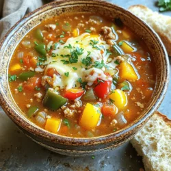 - 4 large bell peppers, diced - 1 pound ground turkey or beef - 1 medium onion, chopped - 2 cloves garlic, minced - 1 can diced tomatoes (14.5 ounces) - 4 cups vegetable or chicken broth - 1 cup uncooked white rice or quinoa - 1 tablespoon tomato paste - 1 tablespoon Italian seasoning - Salt and pepper to taste - 1 cup frozen corn (optional) - 1 cup shredded cheese for topping For this dish, I love using fresh bell peppers. They add a nice crunch and color. You can pick any color you like—red, green, yellow, or orange. Each brings a unique taste. Ground turkey works well, but ground beef makes it heartier. The onion and garlic give great flavor. The diced tomatoes are key. They add moisture and a touch of acidity. Broth adds depth and richness to the soup. You can use vegetable or chicken broth, based on your taste. I often choose white rice for this soup. It cooks well in the slow cooker. Quinoa is a great choice too if you want more protein. Tomato paste thickens the soup and boosts the flavor. Italian seasoning ties all the flavors together. Salt and pepper are essential to taste. For a pop of sweetness, add frozen corn. It’s optional but delicious. Lastly, top your soup with shredded cheese. Cheddar or mozzarella melts nicely and adds creaminess. Start by browning the ground turkey or beef in a skillet. Use medium heat to cook the meat until it is fully brown. This step helps to enhance the flavor. Once cooked, drain any excess fat by tilting the skillet. Transfer the meat directly into the slow cooker. Next, add the diced bell peppers, chopped onion, and minced garlic into the slow cooker. This mix gives the soup a fresh taste. Then, stir in the undrained diced tomatoes and the broth. Use vegetable or chicken broth based on your preference. Now it’s time to add the rice or quinoa to the pot. Stir in the tomato paste and Italian seasoning. Don’t forget to sprinkle in salt and pepper to taste. If you want a bit of sweetness, add frozen corn at this stage. Cover the slow cooker and cook on low for 6-8 hours or on high for 3-4 hours. This will let all the flavors blend together and make the rice or quinoa tender. - Each slow cooker cooks a bit differently. Check your soup early to avoid overcooking. - For the best rice or quinoa, use the right amount of broth. Too much can make it mushy. - Top your soup with shredded cheese and fresh parsley for color and taste. - Serve with warm crusty bread to soak up the delicious broth. - Add a pinch of cayenne pepper for a nice kick. - Try using smoked paprika for a deeper flavor profile. Other herbs can also change the taste. {{image_2}} You can switch up the protein in your soup. Ground turkey is lean and adds a mild flavor. It’s a great choice for a lighter meal. Ground beef gives a richer taste, but it can be higher in fat. If you want to skip meat, try lentils or black beans. They add protein and fiber for a hearty soup. For grains, you can use brown rice instead of white rice. Brown rice has more nutrients and a nice chew. Quinoa is another good choice. It cooks fast and is gluten-free. If you want to avoid gluten, use rice or quinoa. Both will work well in this soup. Want to change the flavors? You can add different veggies like zucchini or carrots. They blend well with the peppers. You can also change the seasoning. Adding cumin or chili powder gives a nice kick. Experimenting with flavors keeps the soup fresh and fun! To store leftovers, let the soup cool first. Then, place it in a tight container. This method keeps it fresh. You can store it in the fridge for up to four days. Make sure to label the container with the date. For freezing, divide the soup into portions. Use freezer-safe bags or containers. Remove as much air as possible before sealing. You can freeze the soup for up to three months. When ready to eat, thaw it in the fridge overnight. To reheat, pour the soup into a pot over medium heat. Stir occasionally to prevent sticking. You may need to add a bit of broth or water to restore the texture. Taste it before serving. Adjust flavors with salt, pepper, or more seasoning as needed. Enjoy it warm with a sprinkle of cheese on top! Yes, you can make this soup ahead of time. Just prepare it as usual and store it in the fridge. It will stay fresh for about three days. When you're ready to enjoy it, heat it on the stove or in the microwave. If you want to swap out bell peppers, try zucchini, mushrooms, or eggplant. These veggies add a nice flavor and texture. You can also use diced carrots or spinach for a different twist. To add some heat, mix in diced jalapeños or a dash of hot sauce. You can also try adding crushed red pepper flakes for a nice kick. Adjust the amount to fit your taste. If your soup is too thin, mix in a bit of cornstarch with water. Stir it in while the soup cooks. You can also add more rice or quinoa for thickness. Let it cook a bit longer to absorb some liquid. Yes, beans work great in this soup! Black beans or kidney beans add protein and fiber. Just rinse and drain canned beans before adding them to the slow cooker. They will warm up nicely while the soup cooks. This blog post shared everything you need for delicious Slow Cooker Stuffed Pepper Soup. I covered main and additional ingredients, plus seasonings for flavor. I outlined step-by-step cooking instructions and shared helpful tips. You can even customize this soup with different proteins and grains. Remember, this recipe is flexible. Quck to prep and easy to adjust, it’s perfect for everyone. Try it out, and enjoy the tasty results. Your family will love it!