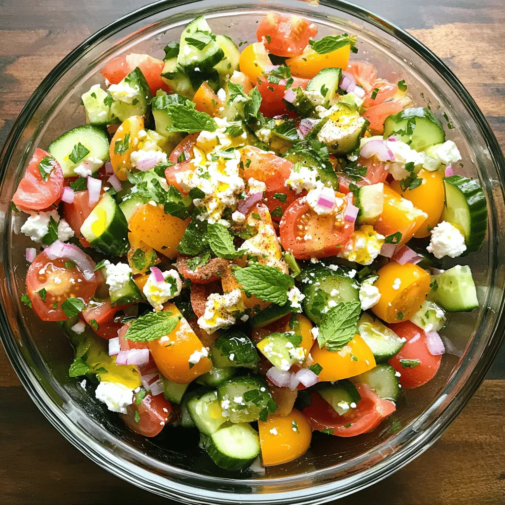 - 2 large cucumbers, diced - 3 medium ripe tomatoes, diced - 1 cup feta cheese, crumbled - 1/4 red onion, finely sliced - 1/4 cup fresh mint leaves, chopped - 1/4 cup fresh parsley, chopped - 3 tablespoons olive oil - 2 tablespoons red wine vinegar - Salt and pepper to taste - A pinch of za'atar spice (optional) When I make Cucumber Tomato Feta Salad, I love using fresh ingredients. Start with 2 large cucumbers. They should be firm and crisp. Dice them into bite-sized pieces. Next, grab 3 medium ripe tomatoes. Their bright red color adds a fresh look and taste to the salad. Dice them just like the cucumbers. Feta cheese adds a creamy touch. Use 1 cup of crumbled feta. It pairs well with the crunch of cucumbers and tomatoes. A little red onion brings a nice bite. Use 1/4 of a finely sliced red onion. This will add a pop of flavor without being too strong. Now, let's add some herbs. I like using fresh mint and parsley. Chop up 1/4 cup of each. They bring brightness and freshness to the dish. You'll also need 3 tablespoons of olive oil for a smooth dressing. Add 2 tablespoons of red wine vinegar for tanginess. Finally, season with salt and pepper to taste, and try a pinch of za'atar spice for a unique twist. These ingredients come together to create a colorful and tasty salad. Enjoy the freshness and flavor in every bite! To make this salad, you’ll first combine diced cucumbers and tomatoes in a large bowl. This mix adds a crisp, juicy base. Next, add the remaining ingredients. Include the finely sliced red onion, crumbled feta cheese, chopped mint, and parsley. Each ingredient brings its own flavor and texture. In a small bowl, whisk together the olive oil and red wine vinegar. This dressing gives the salad a rich taste. You can also use apple cider vinegar if you prefer. Now, drizzle the dressing over the salad mixture. Toss everything gently until it’s well coated. You want every bite to be flavorful. After that, season the salad with salt and pepper. If you want a unique touch, add a pinch of za'atar spice. Toss the salad lightly again to mix the seasonings. Finally, let the salad sit for about 10 minutes. This resting time allows the flavors to blend beautifully before serving. How to choose the best cucumbers and tomatoes Choose cucumbers that are firm and have a smooth skin. Look for bright green color. When picking tomatoes, select ripe ones that feel heavy for their size. They should have a rich color and a slight give when pressed. Tips for crumbling feta cheese To crumble feta cheese, use a fork for a light touch. This method keeps the cheese fluffy. If the feta is too soft, chill it for a bit. Cold cheese crumbles more easily. You can also use your fingers to break it apart gently. Ideal resting time for flavor enhancement Letting the salad rest for about 10 minutes helps the flavors blend well. This short wait allows the dressing to soak into the vegetables. The result is a tastier and more vibrant dish. Enjoy the salad at its best! {{image_2}} You can make your Cucumber Tomato Feta Salad even better with fun tweaks. Here are some great ideas to customize your dish. - Adding olives or bell peppers: These add a salty bite and color. Black or green olives work well. Sweet bell peppers bring a nice crunch. Chop them up and mix them in. - Trying different herbs like basil or cilantro: Fresh herbs boost the flavor. Basil gives a sweet, fragrant touch, while cilantro adds a fresh zing. Use what you like or have on hand. - Incorporating avocado for creaminess: Avocado adds a smooth texture and healthy fats. Dice it and fold it in gently to keep it intact. This change makes your salad richer and more filling. Feel free to experiment. Each variation can give your salad a new twist. Enjoy the process of making it your own! To keep your Cucumber Tomato Feta Salad fresh, proper storage is key. - Storing leftovers: Place leftover salad in an airtight container. This helps keep it fresh for up to three days. If you can, store the dressing separately. This prevents the salad from getting soggy. - Keeping ingredients fresh: Store cucumbers and tomatoes in the fridge. Keep them whole until you are ready to cut them. Fresh herbs like mint and parsley should be wrapped in a damp paper towel. Then, place them in a sealed bag to keep them fresh. - Shelf life of prepared salad: After you make the salad, it tastes best within the first day. However, it can last up to three days in the fridge. Just remember to check for any changes in color or smell before eating. Following these tips will help you enjoy your salad longer! Yes, you can make this salad ahead of time. However, I suggest adding the dressing just before serving. If you dress it early, the cucumbers may get soggy. Store the salad in the fridge for up to a day. This salad pairs well with grilled chicken, fish, or pita bread. You can also serve it alongside rice or quinoa dishes. The fresh flavors work great with many main courses. Absolutely! This salad is great for meal prep. Just keep the dressing separate until you’re ready to eat. The veggies stay fresh and crisp when stored properly. Yes, you can use different cheeses. Feta brings a tangy flavor, but try goat cheese or mozzarella for a change. Each cheese offers a different taste and texture to the salad. This blog post covered a fresh and tasty Cucumber Tomato Feta Salad. We discussed the key ingredients and how to prepare them. I shared helpful tips for picking the best veggies and crumbling the cheese. You learned how to customize your salad with different herbs and add-ins. Proper storage tips and answers to common questions were also included. In the end, this salad is easy to make and perfect for any meal. Enjoy it fresh or pack it for later. Your taste buds will thank you!