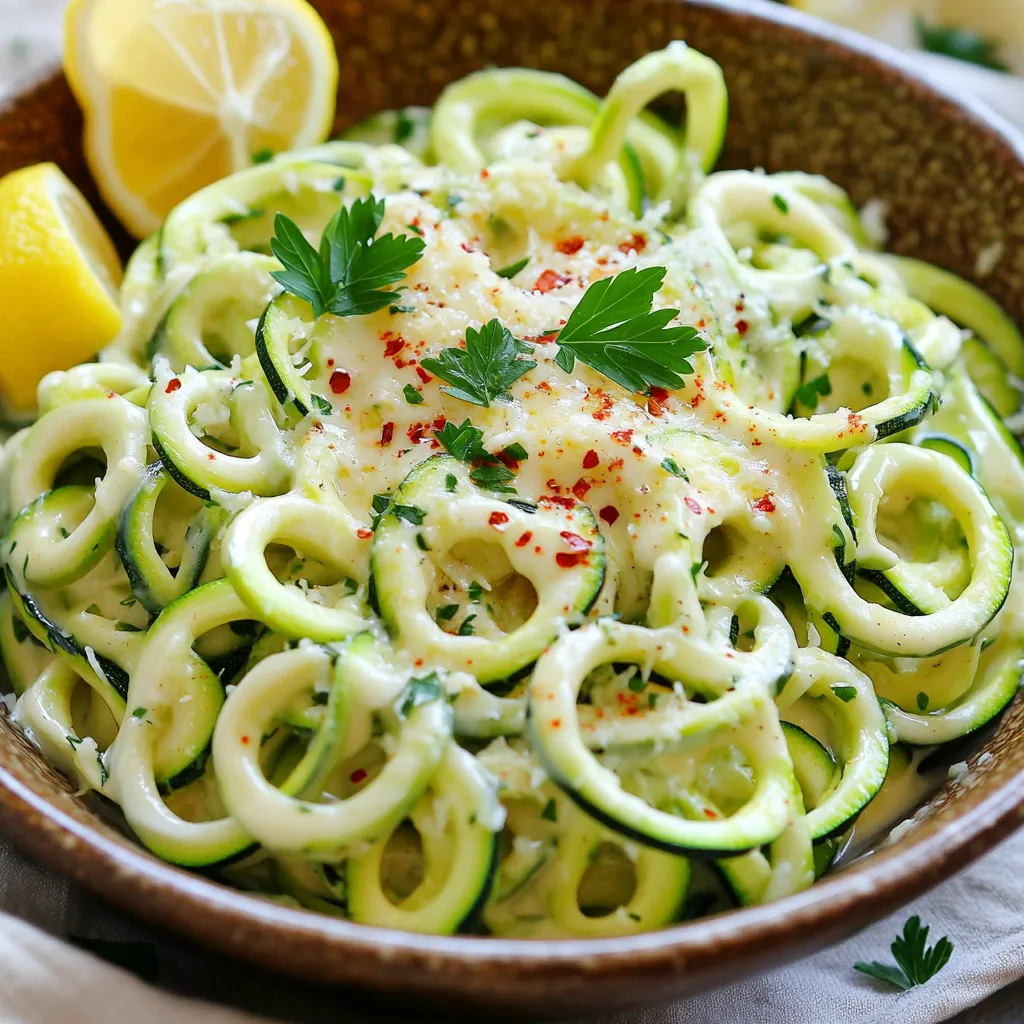 - 4 medium zucchinis, spiralized - 3 tablespoons unsalted butter - 4 cloves garlic, minced - 1/2 teaspoon red pepper flakes - 1/4 cup grated Parmesan cheese - 2 tablespoons fresh parsley, chopped - Salt and pepper to taste - Lemon wedges for serving When I make Minute Garlic Butter Zucchini Noodles, I start with fresh zucchinis. Spiralizing them creates fun, noodle-like shapes. I love using a spiralizer, but if you don’t have one, a vegetable peeler works too. The goal is to get those thin strips that soak up flavor. Next, I melt unsalted butter in a large skillet. Butter is key for that rich taste. I add minced garlic, which gives the dish its amazing aroma. I sauté the garlic for just 1-2 minutes. You want it fragrant, not browned. To spice things up, I toss in red pepper flakes. They add a gentle heat that makes the dish exciting. While the garlic and butter work their magic, I prepare the zucchini noodles. When I add them to the skillet, I make sure to toss gently. This helps them soak up that buttery goodness. After cooking for 2-3 minutes, the noodles should be tender but still a bit crunchy. I like to finish with grated Parmesan cheese. It melts into the noodles, enhancing the flavor. Finally, I season with salt and pepper, adjusting to taste. For a fresh touch, I top the dish with chopped parsley. I also serve lemon wedges on the side. A squeeze of lemon adds brightness to each bite. This dish is quick, simple, and packed with flavor! - Spiralizing zucchinis: Start by washing your zucchinis. Cut off the ends. Use a spiralizer to turn them into noodles. If you lack a spiralizer, a vegetable peeler works well too. Just slice thin strips for a similar effect. - Preparing garlic and other ingredients: Next, take 4 cloves of garlic and mince them finely. Measure out 3 tablespoons of unsalted butter, 1/2 teaspoon of red pepper flakes, and 1/4 cup of grated Parmesan cheese. Chop 2 tablespoons of fresh parsley for garnish. - Melting butter and sautéing garlic: Place a large skillet on medium heat. Add the butter and let it melt until it bubbles. Once the butter is melted, toss in the minced garlic. Sauté it for 1-2 minutes. You want it fragrant, not browned! - Combining ingredients in the skillet: Now, add the red pepper flakes. Stir for about 30 seconds to mix the flavors. Increase the heat to medium-high and add the spiralized zucchini. Toss them gently in the garlic butter. Cook for about 2-3 minutes. Stir occasionally until they are tender but still have a slight crunch. - Adding seasoning and cheese: Remove the skillet from the heat. Stir in the grated Parmesan cheese. Mix well until the noodles are coated. Season with salt and pepper to taste. - Serving suggestions: Plate the zucchini noodles in a shallow bowl. For a burst of color, sprinkle more Parmesan cheese and fresh parsley on top. Serve with lemon wedges for an extra zing! Enjoy your quick and simple meal. To keep your zucchini noodles from getting soggy, follow these steps: - Use fresh zucchini: Choose firm zucchinis. They hold their shape well. - Don’t overcook: Cook noodles for just 2-3 minutes. They should be tender but still crisp. - Drain excess moisture: After spiralizing, let noodles sit in a colander for a few minutes. This helps remove water. Want more garlic in your dish? Here’s what you can do: - Add extra cloves: For a bolder taste, toss in an extra clove or two of minced garlic. - Try fresh herbs: Basil, oregano, and thyme work great. Just sprinkle them in while cooking. - Spice it up: Add more red pepper flakes if you like heat. Just be careful; a little goes a long way! Pair your garlic butter zucchini noodles with proteins to make a full meal: - Chicken or shrimp: Lightly grilled or sautéed chicken and shrimp are perfect additions. - Meatballs: Serve noodles with turkey or beef meatballs for a hearty option. - Creative plating: Plate your noodles in a shallow bowl. Top with more Parmesan and parsley for a pop of color. Add lemon wedges on the side for a citrus boost! {{image_2}} You can switch up your zucchini noodles by using other squash. Try yellow squash for a sweet twist. Butternut squash also adds a rich flavor. You can also mix in carrots or bell peppers. Spiralized carrots add a nice crunch and sweetness. Thin strips of bell pepper bring color and zest. If you need a gluten-free option, this dish is perfect! Just stick to the fresh ingredients. All the veggies and butter keep it safe for gluten-free diets. For plant-based alternatives, swap butter with olive oil or vegan butter. Use nutritional yeast instead of Parmesan cheese for a cheesy flavor without dairy. Adding different cheeses can really change the taste. Try using feta or goat cheese for a tangy kick. They melt well and add a creamy texture. You can also add lemon zest or balsamic vinegar for brightness. A splash of vinegar will deepen the flavor. Zest from a lemon adds freshness and a nice zing. To store your leftover garlic butter zucchini noodles, follow these tips: - Refrigerator Storage Tips: Place the noodles in an airtight container. They can stay fresh in the fridge for about 2-3 days. Make sure to cool them before sealing the container to avoid moisture buildup. - Freezing Zucchini Noodles: You can freeze zucchini noodles, but they may lose some texture. Blanch the noodles in boiling water for one minute, then cool in ice water. Drain and pack them tightly in freezer bags. They can last up to three months in the freezer. When reheating your zucchini noodles, use these methods: - Best Methods for Reheating: The stovetop is best for reheating. Heat a skillet over medium heat. Add a splash of water or a bit of butter to help soften the noodles. Stir gently until warmed through. - Maintaining Texture and Flavor: Avoid microwaving, as it can make the noodles mushy. Always reheat just until warm to keep that perfect bite. To know how long your dish lasts, look for these signs: - How Long the Dish Lasts: When stored properly in the fridge, the dish lasts 2-3 days. In the freezer, it can stay good for up to three months. - Signs of Spoilage: Check for any off smells, discoloration, or slimy texture. If you notice any of these signs, it’s best to throw the dish away. Always trust your senses! Yes, you can! If you don't have a spiralizer, use a vegetable peeler. Simply peel thin strips from the zucchini. You can also use a box grater for a different noodle shape. Both methods work well. The key is to create long, thin strips to mimic the look and feel of traditional noodles. Zucchini has a lot of water. To manage this, sprinkle salt on the noodles after spiralizing. Let them sit for about 10 minutes. This draws out moisture. After that, pat them dry with a paper towel. Cooking them over medium-high heat also helps reduce extra liquid. This keeps your dish from becoming soggy. Yes, you can prep ahead! Spiralize the zucchini and store it in a sealed container in the fridge. Cook the garlic butter sauce, but wait to mix until you are ready to serve. This keeps the noodles fresh and firm. When ready, just heat the butter and add the noodles. It'll taste great! This blog post showed how to make delicious zucchini noodles. We covered key ingredients like zucchini, butter, and garlic. You learned cooking steps and ways to enhance flavors. I shared tips for perfecting your noodles and creative variations. Proper storage and reheating methods were explained for leftovers. Zucchini noodles are versatile and easy to make. With practice, you can create a tasty dish that suits your needs. Enjoy experimenting with flavors and textures. Your culinary journey with zucchini noodles starts now!