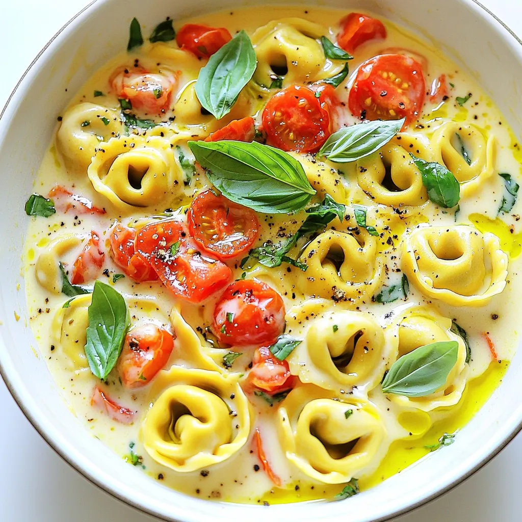 For this One-Pot Tomato Basil Tortellini Alfredo, you will need: - 12 oz cheese tortellini (fresh or frozen) - 1 can (14 oz) diced tomatoes (with juices) - 2 cups vegetable broth - 1 cup heavy cream - 1 cup shredded parmesan cheese - 2 cloves garlic, minced - 1 teaspoon Italian seasoning - 1/4 teaspoon red pepper flakes (optional for heat) - 1/2 cup fresh basil leaves, chopped - Salt and pepper to taste - Olive oil for drizzling These ingredients blend well to make a creamy, flavorful dish. You can switch some ingredients if needed: - Use chicken broth instead of vegetable broth for a richer flavor. - Substitute heavy cream with half-and-half or whole milk for a lighter sauce. - For a dairy-free option, use coconut cream and nutritional yeast for the cheese. - If you want spice, add more red pepper flakes or chopped jalapeños. These swaps can fit different diets and tastes. Fresh ingredients make a big difference in flavor. Here are some tips: - Choose firm, bright tomatoes for the best taste. - Look for fresh basil with vibrant green leaves. Avoid wilted or brown spots. - Check tortellini for freshness. Look for a plump shape and good color. - Always buy the best quality parmesan cheese you can find. Grating it fresh enhances the dish. Using fresh ingredients can elevate your One-Pot Tomato Basil Tortellini Alfredo to new heights. Start by gathering your ingredients. You will need cheese tortellini, diced tomatoes, vegetable broth, heavy cream, shredded parmesan, garlic, Italian seasoning, and fresh basil. A drizzle of olive oil will add flavor. In a large pot, heat the olive oil on medium. Add the minced garlic. Sauté it for about one minute. You want the garlic to smell nice but not burn. Now, pour in the canned diced tomatoes with their juices. Then, add the vegetable broth. Stir everything together. Next, add the cheese tortellini. Bring the pot to a gentle boil. Cooking times vary. For fresh tortellini, it takes about 2-4 minutes. For frozen, it takes 5-7 minutes. Once the tortellini is cooked, lower the heat. Stir in the heavy cream and shredded parmesan cheese. Add the Italian seasoning and red pepper flakes if you like some heat. Mix until the cheese melts and the sauce gets creamy. Finally, season with salt and pepper to taste. Fold in the chopped basil gently. Let it sit for one minute so the sauce thickens a bit. To keep your sauce creamy, use heavy cream. This will help it blend well. Stir constantly when adding the cheese. This helps it melt evenly. If your sauce seems too thick, add a splash of vegetable broth. If it’s too thin, let it cook a little longer. Keep an eye on it. For extra flavor, you can drizzle a bit more olive oil on top. This adds richness and makes every bite special. Enjoy your One-Pot Tomato Basil Tortellini Alfredo! You can make this dish in different ways. If you have a pressure cooker, try it! Just sauté the garlic, then add the other ingredients. Seal the lid and cook for about 3 minutes. You can also use a slow cooker. Just add all the ingredients, except the basil and cream. Cook on low for 4 hours. Then stir in the cream and basil before serving. To boost the flavor, add fresh herbs. Thyme or oregano work well. You can also use a splash of lemon juice for brightness. For more depth, consider sautéing onions with the garlic. This adds sweetness. You can even sprinkle in some smoked paprika for a savory touch. One mistake is overcooking the tortellini. Follow the package time closely. If you cook them too long, they get mushy. Another common error is skipping the salt. A little salt enhances all the flavors. Lastly, don’t forget the basil! It adds freshness. Add it last so it retains its bright taste. {{image_2}} You can add protein to make this dish heartier. Grilled chicken works well. Simply slice it and mix it in after cooking. Shrimp is another great choice. Cook it separately, then add it to the pot. For a quick option, use rotisserie chicken. Just shred it and stir it in at the end. To make this dish vegetarian, replace the cheese tortellini with a meat-free option. Many brands offer delicious vegetarian tortellini. For a vegan swap, use plant-based cream. Almond or cashew cream can add a nice touch. Use nutritional yeast instead of parmesan to keep the cheesy flavor. You can change up the ingredients based on the season. In spring, add fresh peas or asparagus for color and crunch. In summer, try zucchini or cherry tomatoes for added sweetness. In fall, mix in some roasted butternut squash for a warm flavor. Use fresh herbs that match the season to keep it vibrant. You can store leftover One-Pot Tomato Basil Tortellini Alfredo in an airtight container. Make sure to let the dish cool down before sealing it. This helps keep it fresh. Store the container in the fridge. It will last for about 3 to 4 days. If you want to keep it longer, consider freezing it. To reheat your dish, you can use a stove or microwave. If using the stove, place the leftovers in a pot over low heat. Stir often to prevent sticking. If using a microwave, put the dish in a microwave-safe bowl. Cover it with a lid or a damp paper towel. Heat in short bursts, stirring in between. This helps it heat evenly. If you want to freeze the dish, use a freezer-safe container. It’s best to freeze it within 2 days of cooking. Make sure to leave some space at the top of the container because the sauce may expand. The dish can last in the freezer for up to 2 months. When you’re ready to eat it, thaw it in the fridge overnight before reheating. Yes, you can use other types of pasta. You might try penne, fettuccine, or bowtie pasta. Just make sure to adjust the cooking time based on the pasta you choose. Fresh pasta cooks quicker than dried. Always check the package for timing. Enjoy experimenting with shapes and flavors! To make this dish gluten-free, use gluten-free tortellini. Many stores offer these options. You can also use gluten-free pasta shapes like rice or corn pasta. Just cook them as directed on the package. The sauce remains creamy and tasty even with gluten-free pasta. You can serve this dish with a crisp salad or garlic bread. A side of steamed veggies adds color and nutrients. Pairing with a light wine makes the meal special. You can also add some protein like grilled chicken or shrimp. These options enhance your plate and complete the meal. This blog post covered everything you need for the perfect One-Pot Tomato Basil Tortellini Alfredo. We explored key ingredients, cooking steps, and clever tips to boost flavor. I also shared how to store leftovers and answered common questions. Remember, using fresh ingredients and avoiding mistakes leads to a great dish. You can make this meal your own through variations and substitutions. With these insights, you can enjoy a tasty pasta dish that fits your needs. Happy cooking!