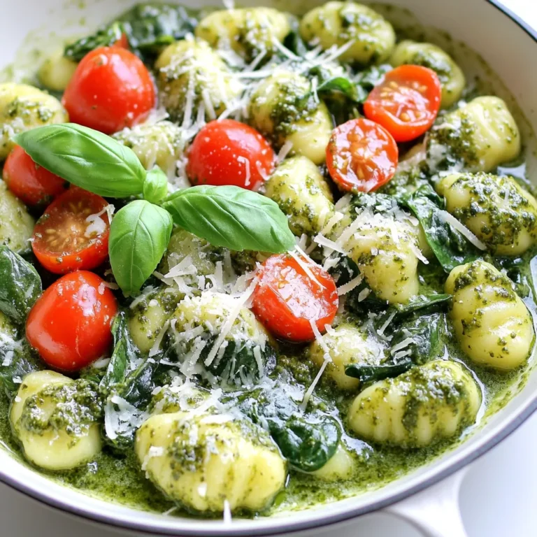 - 1 pound store-bought gnocchi - 1 cup heavy cream - 1 cup basil pesto (store-bought or homemade) - 1 cup cherry tomatoes, halved - 1 cup spinach leaves - 1/2 cup grated Parmesan cheese - 2 tablespoons olive oil - 2 garlic cloves, minced - Salt and pepper to taste - Fresh basil leaves for garnish When I whip up this Minute Creamy Pesto Gnocchi Skillet, I love how simple yet rich it is. The main star is the gnocchi. One pound of store-bought gnocchi cooks quickly and makes the dish easy. Pair that with a cup of heavy cream and a cup of basil pesto, and you create a creamy, flavorful sauce that hugs each gnocchi piece. The additional ingredients add freshness and color. I enjoy using one cup of halved cherry tomatoes. They burst with flavor as they cook. Spinach leaves give the dish a lovely green hue and add nutrients. Lastly, I sprinkle in half a cup of grated Parmesan cheese. It melts beautifully and adds a savory depth. Seasonings matter too. I use two tablespoons of olive oil to sauté garlic. The minced garlic infuses the oil, creating a fragrant base. A pinch of salt and pepper enhances all the flavors. Finally, I love to garnish my dish with fresh basil leaves. They add a pop of color and fresh taste. First, grab a large skillet. Heat 2 tablespoons of olive oil over medium heat. Once hot, add 2 minced garlic cloves. Sauté them until they smell great, about 1 minute. Next, toss in 1 cup of halved cherry tomatoes. Cook these for 2-3 minutes until they start to soften. This step brings out their sweet flavor and makes your dish pop. While the tomatoes are cooking, fill a pot with salted water. Bring it to a boil. Add 1 pound of store-bought gnocchi. Cook according to the package instructions, usually 2-3 minutes or until they float to the top. This means they’re ready! After that, drain the gnocchi and carefully add them to the skillet with the garlic and tomatoes. Now, lower the heat. Pour in 1 cup of heavy cream and stir to combine. Then, add 1 cup of basil pesto. Mix it well, ensuring the gnocchi get coated in the creamy sauce. Toss in 1 cup of spinach leaves next. Cook everything for about 2 minutes until the spinach wilts. Finally, stir in 1/2 cup of grated Parmesan cheese. Season with salt and pepper to taste. Let it simmer for 1-2 minutes until everything is hot. Garnish with fresh basil leaves before serving for a nice touch. Enjoy your creamy pesto gnocchi! To adjust the creaminess level of your gnocchi, start with less cream. You can add more if needed. Heavy cream gives a rich taste, but you can use half-and-half for lighter meals. When cooking gnocchi, make sure you use plenty of salted water. This helps prevent sticking. Stir gently when you add the gnocchi to the boiling water. Once they rise to the top, they are ready to drain. For added flavor, try using a pinch of red pepper flakes. Fresh herbs like thyme or oregano can wake up the dish. If you want a zesty kick, squeeze in some lemon juice too. Using homemade pesto gives a fresh taste. It often has more flavor than store-bought. If you choose store-bought, look for one with high-quality ingredients. Garnish your dish with fresh basil leaves for a pop of color. You can also sprinkle some extra Parmesan cheese on top. This adds a nice touch and more flavor. Using colorful plateware makes your dish stand out. A bright plate can make the creamy gnocchi look even more tempting. Remember, we eat with our eyes first! {{image_2}} You can easily change this dish by swapping ingredients. Try using kale or arugula instead of spinach. Both greens add a nice flavor and texture to the dish. If you want to change the cheese, use feta or goat cheese. These cheeses bring a different taste that can surprise your guests. Adding protein can make this meal heartier. Cooked chicken or shrimp works great. Simply sauté them before adding the tomatoes. For a vegetarian option, toss in cooked beans like chickpeas or black beans. They add protein and fiber, making this dish even more filling. If you need gluten-free gnocchi, look for brands made from potato or rice flour. These options taste great and keep the dish light. For a dairy-free version, swap heavy cream with coconut cream and use nutritional yeast instead of cheese. These changes let everyone enjoy this creamy delight. To keep the Minute Creamy Pesto Gnocchi Skillet fresh, refrigerate it right away. Use an airtight container to seal in moisture. This dish tastes best within three days. When you reheat it, do so on low heat. This helps keep the gnocchi soft and creamy. Stir often to avoid sticking. Add a splash of cream if it seems dry. You can freeze this dish, but it’s best to separate the components. Freeze the gnocchi and sauce in different containers. This helps maintain texture. To thaw, move them to the fridge overnight. Reheat gently on the stove. Add a bit of cream or broth to bring back the creaminess. In the fridge, it stays fresh for about three days. Look for signs like off smells or a change in color. If the gnocchi feels mushy or slimy, it’s time to toss it. Always trust your senses to judge freshness. This dish is quick and easy! It takes only 5 minutes to prep and 10 minutes to cook. In total, you can have this meal ready in just 15 minutes. Perfect for busy nights! Yes, you can use homemade pesto! Homemade pesto gives you better flavor and freshness. You can control the taste and ingredients. It often has less salt and no preservatives, making it healthier. Plus, making your own pesto can be a fun kitchen project! This creamy gnocchi pairs well with many sides. Here are a few ideas: - A simple green salad with a light dressing. - Garlic bread for a tasty addition. - Roasted vegetables for extra color and nutrients. These sides will round out your meal nicely. Absolutely! You can make this dish ahead of time. Just cook the gnocchi and sauce, then cool them down. Store in airtight containers in the fridge. It stays fresh for about three days. When you're ready to eat, just reheat and enjoy! This recipe for Minute Creamy Pesto Gnocchi Skillet is quick and tasty. You learned about the main ingredients like gnocchi, cream, and pesto. Cooking it is easy, with simple steps for sautéing veggies and mixing everything together. I shared tips to enhance flavor and presented ideas to make your dish stand out. You can adjust the recipe to fit your tastes and dietary needs. Enjoy making this tasty meal, and don’t forget to store any leftovers properly!